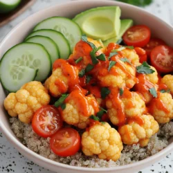 - Cauliflower florets - Flour and almond milk mixture - Buffalo sauce The star of this Vegan Buffalo Cauliflower Bowl is the cauliflower. I choose fresh cauliflower florets for a great texture. The batter combines flour, almond milk, garlic powder, onion powder, smoked paprika, and salt. This simple mixture coats the cauliflower. It helps the buffalo sauce stick well. Buffalo sauce brings heat and flavor. I use a vegan version to keep it plant-based. The sauce adds zest to the dish. You can find many brands at the store or make your own if you prefer. - Cooked quinoa - Fresh vegetables - Vegan ranch dressing The base of the bowl is cooked quinoa. It gives a hearty feel and packs in protein. Quinoa is easy to make and cooks quickly. I often prepare it ahead of time. Fresh veggies brighten the bowl. I like cherry tomatoes, cucumber, and avocado for their flavors and colors. These ingredients add crunch and creaminess. You can use any veggies you love. A drizzle of vegan ranch dressing adds creaminess. It balances the spice from the buffalo sauce. You can find store-bought options or make your own with simple ingredients. - Fresh parsley - Sesame seeds - Lime wedges Garnishes elevate the dish. I like to sprinkle fresh parsley on top for color and freshness. Sesame seeds add a nice crunch. Lime wedges can give a zesty kick when squeezed over the bowl. For the full recipe, check out the detailed instructions to make this delicious meal. - Preheat the oven: Set your oven to 450°F (230°C). Line a baking sheet with parchment paper. - Prepare the batter: In a bowl, whisk together 1 cup of flour, 1 cup of almond milk, 1 teaspoon of garlic powder, 1 teaspoon of onion powder, 1 teaspoon of smoked paprika, and 1/2 teaspoon of salt. Mix until smooth. - Coat the cauliflower florets: Take each cauliflower floret and dip it into the batter. Make sure each piece is well coated. Let any extra batter drip off. - Bake the cauliflower in the oven: Place the coated florets on the prepared baking sheet. Spread them out in a single layer. Bake for 20-25 minutes. Flip them halfway through for even cooking. They should be golden and crispy. - Mix baked cauliflower with buffalo sauce: In a separate bowl, toss your baked cauliflower with 1 cup of buffalo sauce. Make sure each floret is fully coated. - Return to oven for additional crispiness: Place the coated cauliflower back on the baking sheet. Bake for another 10 minutes to get that extra crispiness. - Layer quinoa and toppings: In serving bowls, start with a base of 2 cups of cooked quinoa. Top it with the buffalo cauliflower, halved cherry tomatoes, diced cucumber, and sliced avocado. - Final garnishing touches: Drizzle with vegan ranch dressing if you like. A sprinkle of chopped parsley adds a fresh look. For an added zing, serve with lime wedges on the side. For the full recipe, check out the details above! To get your buffalo cauliflower nice and crispy, follow these tips: - Baking Techniques: Preheat your oven to 450°F (230°C). This high heat helps the cauliflower crisp up nicely. Line your baking sheet with parchment paper to prevent sticking. This makes cleanup easy, too! - Flipping the Cauliflower Florets: Halfway through baking, flip the cauliflower florets. This step ensures even cooking. You want both sides to get golden and crunchy. Want to amp up the flavor? Try these ideas: - Adding Spices to the Batter: Mix in extra spices into the batter. I love adding cayenne pepper for heat or a dash of cumin for depth. Experiment to find what you like best! - Suggested Dipping Sauces: Pair your buffalo cauliflower with sauces. Vegan ranch dressing is a classic choice. You can also try a spicy tahini sauce or a cool avocado dip. They all add a nice touch. Meal prep can save you time: - Making Ahead of Time: You can prepare the cauliflower in advance. Bake it and toss it in buffalo sauce. Store it in the fridge for up to three days. - Storing Excess Buffalo Cauliflower: Keep leftovers in an airtight container. This keeps them fresh. To reheat, use the oven to maintain that crispiness. You won’t want to lose that crunch! For the complete recipe, check out the Full Recipe section. Enjoy your cooking! {{image_2}} For those with dietary needs, it's easy to swap some ingredients. - Gluten-free options: Use gluten-free flour in place of all-purpose flour. This keeps the batter light and crispy without gluten. - Nut-free alternatives: If you avoid nuts, substitute almond milk with oat milk or soy milk. Both provide a creamy base without nuts. You can serve your buffalo cauliflower in fun ways. - Wraps vs. bowls: Try wrapping the buffalo cauliflower in a tortilla for a tasty wrap. It makes a great lunch option. - Adding proteins like chickpeas or tofu: For extra protein, mix in roasted chickpeas or grilled tofu. This adds more texture and makes the meal more filling. Adjust the heat of your buffalo cauliflower to suit your taste. - Adjusting buffalo sauce heat: If you like it milder, mix the buffalo sauce with a bit of vegan ranch dressing. This tones down the spice while keeping flavor. - Alternative sauces for varying flavors: You can also use BBQ sauce or a sweet chili sauce. Both give a new twist to the dish while keeping it exciting. For the full recipe, check the instructions above. Enjoy your cooking journey! After you enjoy your Vegan Buffalo Cauliflower Bowl, store leftovers right away. Keep them fresh by placing them in an airtight container. Make sure to refrigerate them within two hours of serving. This helps prevent bacteria growth. I recommend using glass containers. They do not absorb odors or stains. Plus, they are great for reheating. If you want to store the bowl separately, keep the quinoa and toppings in different containers. This keeps everything fresh and tasty. When it's time to eat leftovers, you have two main options: the oven or the microwave. The oven gives you a crispy finish. Preheat it to 350°F (175°C). Spread the cauliflower on a baking sheet and heat for about 10-15 minutes. This method keeps the cauliflower crispy and delicious. The microwave is faster. Place your bowl in the microwave and heat for 1-2 minutes. Check to see if it’s warm, then stir and heat again if needed. The downside? The cauliflower may lose some crispiness. Freezing your buffalo cauliflower is a great way to save it for later. To freeze, let the cauliflower cool completely. Then, place it in a freezer-safe bag or container. Squeeze out the air to prevent freezer burn. This way, you can enjoy it for up to three months. When you are ready to eat, take the cauliflower out to thaw. You can leave it in the fridge overnight. To reheat, put it in the oven at 350°F (175°C) for about 15 minutes. This will help restore its crispiness. You can also microwave it, but the oven works best for keeping that crunch. For the full recipe, check out the details at [Full Recipe]. Yes, this bowl can be gluten-free. Use gluten-free flour in the batter. This way, you can enjoy the dish without worry. All other ingredients are naturally gluten-free. Be sure to check the buffalo sauce label, as some brands may add gluten. You can use frozen cauliflower. Just thaw it first and drain any excess water. This helps the batter stick better. Frozen cauliflower may not be as crispy, but it still tastes great. Cooking times might be a bit shorter, so keep an eye on it. To reduce heat, use less buffalo sauce. You can also mix the sauce with a bit of almond milk. This makes it milder. Another option is to add more avocado or cucumber, which can balance the spice. Don't worry; you can still enjoy full flavor! You can store leftovers in the fridge for up to three days. Keep them in an airtight container. For longer storage, freeze the buffalo cauliflower in a freezer-safe bag. It can last up to three months. Just reheat in the oven for the best texture. This bowl pairs well with many sides. A simple green salad adds freshness. Try a light vinaigrette for balance. You can also enjoy it with a cold drink, like lemonade or iced tea. A crisp white wine can enhance the flavors too. For a hearty meal, serve with crusty bread or wraps. For more ideas, check out the Full Recipe. This blog post explored how to make a Vegan Buffalo Cauliflower Bowl. We covered key ingredients like cauliflower, quinoa, and buffalo sauce. You learned step-by-step instructions for baking and assembling your bowl. I shared tips to perfect crispiness and offer meal prep suggestions. Variations allow for personal touches. Lastly, safe storage info ensures your leftovers remain fresh. Enjoy creating your own delicious bowl. With these guidelines, you’ll make a tasty meal that satisfies your cravings and dietary needs.