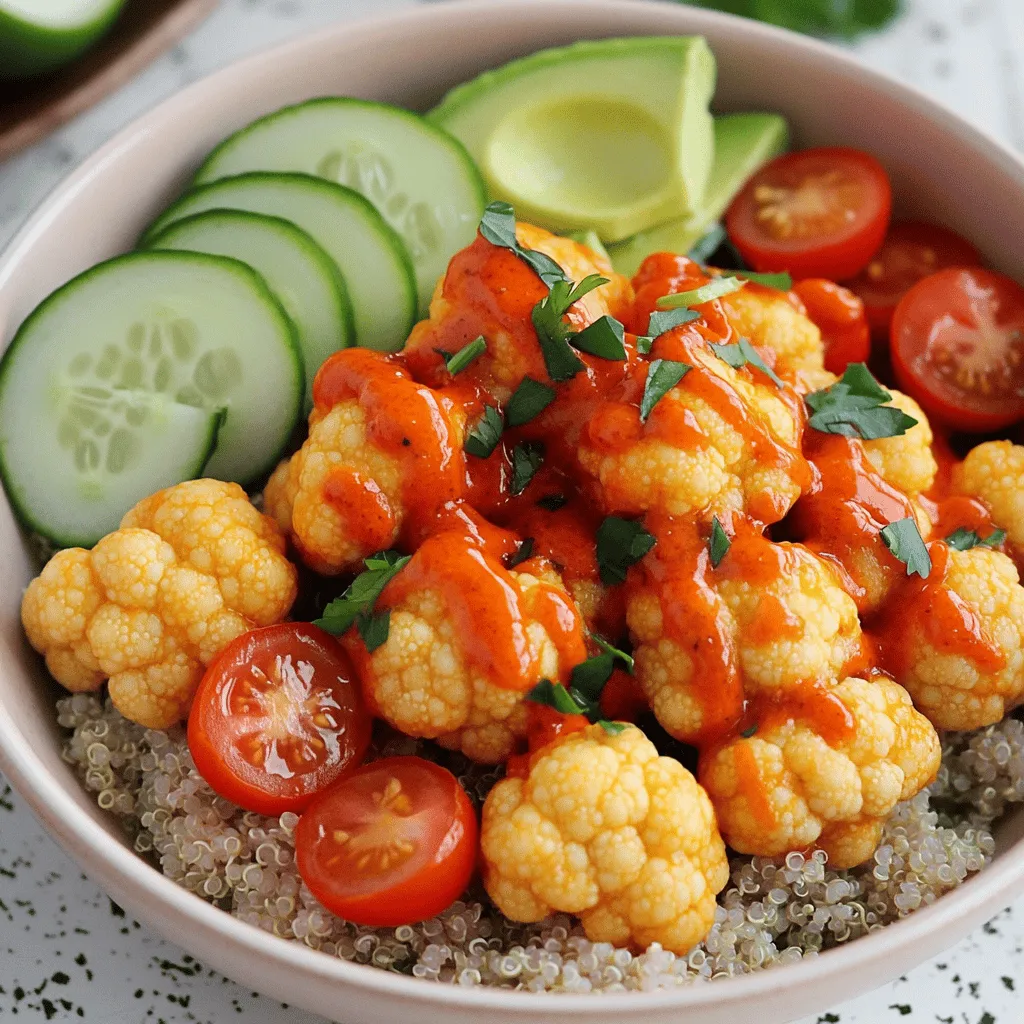 - Cauliflower florets - Flour and almond milk mixture - Buffalo sauce The star of this Vegan Buffalo Cauliflower Bowl is the cauliflower. I choose fresh cauliflower florets for a great texture. The batter combines flour, almond milk, garlic powder, onion powder, smoked paprika, and salt. This simple mixture coats the cauliflower. It helps the buffalo sauce stick well. Buffalo sauce brings heat and flavor. I use a vegan version to keep it plant-based. The sauce adds zest to the dish. You can find many brands at the store or make your own if you prefer. - Cooked quinoa - Fresh vegetables - Vegan ranch dressing The base of the bowl is cooked quinoa. It gives a hearty feel and packs in protein. Quinoa is easy to make and cooks quickly. I often prepare it ahead of time. Fresh veggies brighten the bowl. I like cherry tomatoes, cucumber, and avocado for their flavors and colors. These ingredients add crunch and creaminess. You can use any veggies you love. A drizzle of vegan ranch dressing adds creaminess. It balances the spice from the buffalo sauce. You can find store-bought options or make your own with simple ingredients. - Fresh parsley - Sesame seeds - Lime wedges Garnishes elevate the dish. I like to sprinkle fresh parsley on top for color and freshness. Sesame seeds add a nice crunch. Lime wedges can give a zesty kick when squeezed over the bowl. For the full recipe, check out the detailed instructions to make this delicious meal. - Preheat the oven: Set your oven to 450°F (230°C). Line a baking sheet with parchment paper. - Prepare the batter: In a bowl, whisk together 1 cup of flour, 1 cup of almond milk, 1 teaspoon of garlic powder, 1 teaspoon of onion powder, 1 teaspoon of smoked paprika, and 1/2 teaspoon of salt. Mix until smooth. - Coat the cauliflower florets: Take each cauliflower floret and dip it into the batter. Make sure each piece is well coated. Let any extra batter drip off. - Bake the cauliflower in the oven: Place the coated florets on the prepared baking sheet. Spread them out in a single layer. Bake for 20-25 minutes. Flip them halfway through for even cooking. They should be golden and crispy. - Mix baked cauliflower with buffalo sauce: In a separate bowl, toss your baked cauliflower with 1 cup of buffalo sauce. Make sure each floret is fully coated. - Return to oven for additional crispiness: Place the coated cauliflower back on the baking sheet. Bake for another 10 minutes to get that extra crispiness. - Layer quinoa and toppings: In serving bowls, start with a base of 2 cups of cooked quinoa. Top it with the buffalo cauliflower, halved cherry tomatoes, diced cucumber, and sliced avocado. - Final garnishing touches: Drizzle with vegan ranch dressing if you like. A sprinkle of chopped parsley adds a fresh look. For an added zing, serve with lime wedges on the side. For the full recipe, check out the details above! To get your buffalo cauliflower nice and crispy, follow these tips: - Baking Techniques: Preheat your oven to 450°F (230°C). This high heat helps the cauliflower crisp up nicely. Line your baking sheet with parchment paper to prevent sticking. This makes cleanup easy, too! - Flipping the Cauliflower Florets: Halfway through baking, flip the cauliflower florets. This step ensures even cooking. You want both sides to get golden and crunchy. Want to amp up the flavor? Try these ideas: - Adding Spices to the Batter: Mix in extra spices into the batter. I love adding cayenne pepper for heat or a dash of cumin for depth. Experiment to find what you like best! - Suggested Dipping Sauces: Pair your buffalo cauliflower with sauces. Vegan ranch dressing is a classic choice. You can also try a spicy tahini sauce or a cool avocado dip. They all add a nice touch. Meal prep can save you time: - Making Ahead of Time: You can prepare the cauliflower in advance. Bake it and toss it in buffalo sauce. Store it in the fridge for up to three days. - Storing Excess Buffalo Cauliflower: Keep leftovers in an airtight container. This keeps them fresh. To reheat, use the oven to maintain that crispiness. You won’t want to lose that crunch! For the complete recipe, check out the Full Recipe section. Enjoy your cooking! {{image_2}} For those with dietary needs, it's easy to swap some ingredients. - Gluten-free options: Use gluten-free flour in place of all-purpose flour. This keeps the batter light and crispy without gluten. - Nut-free alternatives: If you avoid nuts, substitute almond milk with oat milk or soy milk. Both provide a creamy base without nuts. You can serve your buffalo cauliflower in fun ways. - Wraps vs. bowls: Try wrapping the buffalo cauliflower in a tortilla for a tasty wrap. It makes a great lunch option. - Adding proteins like chickpeas or tofu: For extra protein, mix in roasted chickpeas or grilled tofu. This adds more texture and makes the meal more filling. Adjust the heat of your buffalo cauliflower to suit your taste. - Adjusting buffalo sauce heat: If you like it milder, mix the buffalo sauce with a bit of vegan ranch dressing. This tones down the spice while keeping flavor. - Alternative sauces for varying flavors: You can also use BBQ sauce or a sweet chili sauce. Both give a new twist to the dish while keeping it exciting. For the full recipe, check the instructions above. Enjoy your cooking journey! After you enjoy your Vegan Buffalo Cauliflower Bowl, store leftovers right away. Keep them fresh by placing them in an airtight container. Make sure to refrigerate them within two hours of serving. This helps prevent bacteria growth. I recommend using glass containers. They do not absorb odors or stains. Plus, they are great for reheating. If you want to store the bowl separately, keep the quinoa and toppings in different containers. This keeps everything fresh and tasty. When it's time to eat leftovers, you have two main options: the oven or the microwave. The oven gives you a crispy finish. Preheat it to 350°F (175°C). Spread the cauliflower on a baking sheet and heat for about 10-15 minutes. This method keeps the cauliflower crispy and delicious. The microwave is faster. Place your bowl in the microwave and heat for 1-2 minutes. Check to see if it’s warm, then stir and heat again if needed. The downside? The cauliflower may lose some crispiness. Freezing your buffalo cauliflower is a great way to save it for later. To freeze, let the cauliflower cool completely. Then, place it in a freezer-safe bag or container. Squeeze out the air to prevent freezer burn. This way, you can enjoy it for up to three months. When you are ready to eat, take the cauliflower out to thaw. You can leave it in the fridge overnight. To reheat, put it in the oven at 350°F (175°C) for about 15 minutes. This will help restore its crispiness. You can also microwave it, but the oven works best for keeping that crunch. For the full recipe, check out the details at [Full Recipe]. Yes, this bowl can be gluten-free. Use gluten-free flour in the batter. This way, you can enjoy the dish without worry. All other ingredients are naturally gluten-free. Be sure to check the buffalo sauce label, as some brands may add gluten. You can use frozen cauliflower. Just thaw it first and drain any excess water. This helps the batter stick better. Frozen cauliflower may not be as crispy, but it still tastes great. Cooking times might be a bit shorter, so keep an eye on it. To reduce heat, use less buffalo sauce. You can also mix the sauce with a bit of almond milk. This makes it milder. Another option is to add more avocado or cucumber, which can balance the spice. Don't worry; you can still enjoy full flavor! You can store leftovers in the fridge for up to three days. Keep them in an airtight container. For longer storage, freeze the buffalo cauliflower in a freezer-safe bag. It can last up to three months. Just reheat in the oven for the best texture. This bowl pairs well with many sides. A simple green salad adds freshness. Try a light vinaigrette for balance. You can also enjoy it with a cold drink, like lemonade or iced tea. A crisp white wine can enhance the flavors too. For a hearty meal, serve with crusty bread or wraps. For more ideas, check out the Full Recipe. This blog post explored how to make a Vegan Buffalo Cauliflower Bowl. We covered key ingredients like cauliflower, quinoa, and buffalo sauce. You learned step-by-step instructions for baking and assembling your bowl. I shared tips to perfect crispiness and offer meal prep suggestions. Variations allow for personal touches. Lastly, safe storage info ensures your leftovers remain fresh. Enjoy creating your own delicious bowl. With these guidelines, you’ll make a tasty meal that satisfies your cravings and dietary needs.