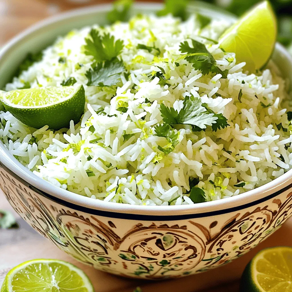 To make cilantro lime rice, you need a few simple ingredients. Each one adds flavor and freshness. Here’s what you’ll need: - 1 cup jasmine rice - 2 cups vegetable broth - 1/4 cup fresh cilantro, chopped - Zest of 1 lime - Juice of 1 lime - 1 tablespoon olive oil - 1 clove garlic, minced - Salt to taste These ingredients come together to create a rice dish that is fresh and bright. Jasmine rice gives a nice texture, while the vegetable broth adds depth. The lime juice and zest bring a zesty kick, and cilantro offers a burst of herbal flavor. Each component plays a role in making this rice special. You can find the full recipe to guide you through the cooking process. - Rinse jasmine rice under cold water. - Sauté garlic in olive oil. To start, rinse the jasmine rice under cold water. This step is vital. It washes away excess starch. This way, your rice will stay fluffy, not sticky. Next, take a medium pot and heat olive oil on medium heat. Add minced garlic and sauté it for about one minute. You want the garlic to smell great but not brown. Overcooked garlic can taste bitter. - Add rice and toast with garlic. - Pour in broth and bring to a boil. - Cover and simmer until liquid is absorbed. Once the garlic is fragrant, add the rinsed rice to the pot. Stir the rice for one to two minutes. This toasting step adds depth to the flavor. After the rice is slightly toasted, pour in the vegetable broth. Bring this mixture to a boil. When it starts boiling, reduce the heat to low. Cover the pot with a lid and let it simmer. Cook until all the liquid is absorbed, about 15 to 18 minutes. - Let rice rest, then fluff. - Stir in lime zest, lime juice, and cilantro. After cooking, remove the pot from heat and let it sit, covered, for another five minutes. This resting time is key. It allows the rice to finish cooking in its steam. After resting, fluff the rice gently with a fork. Then stir in the lime zest, lime juice, and chopped cilantro. Mix until everything is well combined. Season with salt to taste. This step adds the fresh, zesty flavor that makes this rice special. For the full recipe, check the original mentioned above. To make great rice, start by rinsing it under cold water. This step takes away extra starch. If you skip this, your rice may get sticky. Cooking time is also key. After boiling, reduce the heat right away. This helps the rice cook evenly without burning. Using fresh ingredients makes a big difference. Fresh cilantro adds a bright taste. Squeeze in a bit more lime juice for extra zing. You can also try adding seasonings like cumin or chili powder. This will give your rice a unique kick. For the full experience, check the Full Recipe and see how these tips shine. {{image_2}} You can easily change this recipe to fit your taste. For a healthier twist, swap jasmine rice for brown rice or quinoa. Brown rice adds a nutty flavor and more fiber. Quinoa is a great option if you want a gluten-free choice. Both alternatives cook differently, so adjust the water and time as needed. This will help you keep the same great taste while adding extra nutrition. Feel free to try different herbs too. If you want a twist, use parsley or dill instead of cilantro. Each herb brings its own flavor, giving you many options for your rice. Experiment and find your favorite combo! Adding vegetables can take your cilantro lime rice to the next level. Sweet corn or colorful bell peppers add a pop of color and flavor. You can mix them in while the rice cooks. This makes the dish more vibrant and nutritious. For some extra zest, think about adding spices. A pinch of cumin or chili powder can add warmth and depth. You could also try a dash of smoked paprika for a unique taste. These spices enhance the rice without overpowering its fresh flavors. For the full recipe, check out the Zesty Cilantro Lime Rice recipe above! To keep your cilantro lime rice fresh, use airtight containers. Glass or plastic containers work well. Make sure to let the rice cool before sealing it. This helps prevent moisture build-up. Store the rice in the fridge for up to four days. If you want to keep it longer, freeze it. Place the rice in freezer-safe bags, and remove as much air as possible. When reheating cilantro lime rice, the best methods are in the microwave or on the stove. For the microwave, place the rice in a bowl with a splash of water. Cover it with a damp paper towel to keep it moist. Heat it for one to two minutes, stirring halfway through. If you prefer using the stove, add the rice to a pan with a little water. Stir it over low heat until it's warm. This helps the rice stay soft. Always check the texture. If it feels dry, add a bit more water. Enjoy your flavorful side dish! For the full recipe, check the earlier section. You can serve cilantro lime rice with many tasty dishes. It pairs well with grilled chicken or fish. Tacos and burritos are also great choices. For a vegetarian option, try it with black beans or sautéed veggies. This rice complements spicy dishes too, balancing heat with its fresh flavor. Yes, you can make cilantro lime rice in advance. Cook it a day before your meal and store it in the fridge. Let it cool before putting it in a container. When ready to serve, just reheat it on the stove or in the microwave. Add a splash of lime juice to refresh the flavor. Yes, this recipe is gluten-free. Jasmine rice and vegetable broth do not contain gluten. Always check the broth label to ensure it is gluten-free. This makes it a great option for those with gluten sensitivities. To add spice, you can mix in diced jalapeños or chili powder. For a smoky flavor, try adding chipotle powder. You can also serve it with a hot sauce on the side. Adjust the heat to your liking for a bold twist. You now have a simple and tasty recipe for cilantro lime rice. We covered the main ingredients, step-by-step cooking, and helpful tips. You learned ways to enhance flavors and make variations. Storing and reheating tips ensure your rice stays fresh. Use this guide to elevate your meals. Enjoy creating this dish that pairs well with many foods. You’ll impress your family and friends with this easy recipe!
