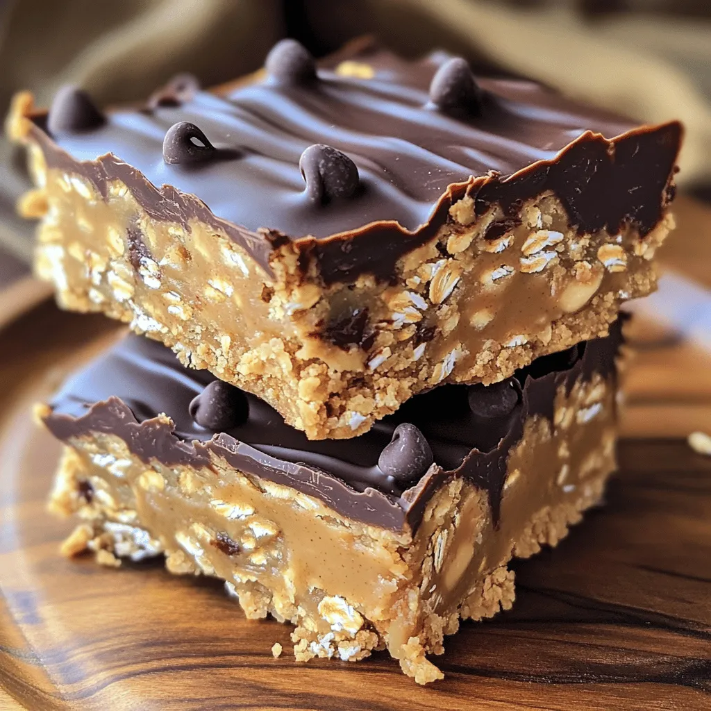 - 1 cup rolled oats - 1/2 cup natural peanut butter - 1/4 cup honey or maple syrup - 1/4 cup almond flour - 1/4 cup mini chocolate chips - 1/4 teaspoon vanilla extract - A pinch of salt To make these no bake peanut butter oat bars, you need simple ingredients. First, you need rolled oats. They give the bars a nice chewy base. Then, you will need natural peanut butter. This adds creaminess and flavor. Honey or maple syrup acts as a sweetener and binder. Next is almond flour, which adds a nutty taste and helps with texture. Mini chocolate chips make everything better, adding sweetness and fun. A bit of vanilla extract enhances the flavor. Lastly, a pinch of salt balances the sweetness. - Dried fruits - Seeds (like chia or flaxseed) - Nut butters variations If you want to mix things up, consider some optional add-ins. Dried fruits, like raisins or cranberries, can add a chewy texture. Seeds, such as chia or flaxseed, give a boost of nutrition. You can also try different nut butters. Almond or cashew butter can change the flavor profile. These tweaks make your bars unique and tasty. For the full recipe, check out the full recipe link. To start, gather all your ingredients. You need rolled oats, almond flour, and a pinch of salt. Mix these dry ingredients in a large bowl. Stir them well until they blend nicely. This step ensures the oats and flour combine evenly. Next, take a microwave-safe bowl. Combine the peanut butter and honey. Heat this mixture for about 20 to 30 seconds. The goal is to warm it just enough to make mixing easier. Stir until it becomes smooth. This step helps the peanut butter and honey mix well together. Now, add the vanilla extract to your peanut butter mixture. Stir it in to combine. Once this is done, pour the peanut butter mix over the oat mixture. Use a spatula to combine everything. Make sure the oats are fully coated with the peanut butter mix. After that, gently fold in the chocolate chips. This step adds a nice sweet touch. You can use mini chocolate chips or dark chocolate chunks. Both work great in this recipe. Next, line an 8x8-inch baking dish with parchment paper. Leave some overhanging on the sides. This makes it easier to remove the bars later. Transfer the mixture to the lined dish. Use your hands or a spatula to press it down firmly. It should form an even layer. Finally, refrigerate the bars for at least 1 to 2 hours. This time allows them to set properly. Once firm, lift the bars out using the parchment paper edges. Cut them into squares or rectangles as you like. For the full recipe, check the details above. To ensure your bars hold together, press the mixture firmly into the dish. A good, even layer helps them stay intact. If you want to adjust sweetness, add more honey or maple syrup in small amounts. Always taste as you mix to find your best level of sweetness. Using parchment paper is key. Line your baking dish with it, leaving some paper to hang over the edges. This helps you lift the bars out later. For better sets, let the bars cool in the fridge for at least two hours. This makes them firm and easy to cut. For presentation, stack the bars on a plate and drizzle extra peanut butter or melted chocolate on top. This makes them look great and taste even better. Pair these bars with milk or your favorite plant-based drink for a perfect snack. {{image_2}} You can make these bars even better with some fun swaps. Try using almond butter instead of peanut butter. Almond butter gives a nice nutty flavor and adds healthy fats. You can also add coconut flakes for a tropical twist. They bring a sweet taste and chewy texture. This creates a delicious combo you won’t want to miss. Want to spice things up? Add some cinnamon or nutmeg to your mix. A little bit of spice can make your bars taste amazing. If you love chocolate, drizzle some melted chocolate or caramel on top. This extra layer adds a rich flavor to each bite. It makes your no bake peanut butter oat bars feel like a treat. If you want a vegan treat, use maple syrup instead of honey. Maple syrup works great and keeps the bars sweet. You can also try using sunflower seed butter. This is a fantastic nut-free option. It binds the ingredients well, just like peanut butter. These options let you enjoy tasty bars, no matter your diet. For the full recipe, check out the [Full Recipe]. To keep your No Bake Peanut Butter Oat Bars fresh, use an airtight container. Glass or plastic containers work well. Make sure they seal tightly to prevent air from getting in. Store them in the fridge for the best taste and texture. A cool environment keeps the bars firm and tasty. You can freeze these bars for longer shelf life. Cut them into squares first, then layer them in a freezer-safe container. Place parchment paper between layers. This stops them from sticking together. To thaw, take out a bar and let it sit at room temperature. You can also heat it in the microwave for a few seconds if you want a warm treat. In the fridge, these bars last about one week. If you freeze them, they can last up to three months. Watch for signs of spoilage, like a change in smell or color. If they look dry or crumbly, it’s best to toss them. Enjoy these tasty bars while they’re fresh! Yes, you can use quick oats. They cook faster and absorb moisture more quickly. This can lead to a softer texture. Rolled oats, however, give a chewier bite. If you like a firmer bar, stick with rolled oats. Quick oats can make the bars more crumbly. You can use maple syrup instead of honey. It adds sweetness and is vegan. Other options include agave syrup or brown rice syrup. Each option changes the flavor slightly. Maple syrup gives a rich taste. Experiment to find your favorite! To make these bars nut-free, use sunflower seed butter. It has a similar creamy texture. You can also try soy nut butter. Both options provide a great flavor without nuts. Just be mindful of allergies when serving. In this post, we explored how to make no-bake peanut butter oat bars. We covered the essential ingredients you need and optional add-ins for variety. I laid out step-by-step instructions, tips for perfecting your bars, and ways to store them. Remember, these bars are versatile and can fit many diets. You can be creative with flavors and ingredients. Enjoy making your easy, tasty treats!