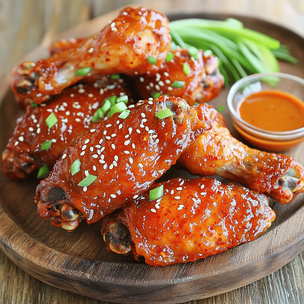 - 2 lbs chicken wings - 1/4 cup gochujang (Korean chili paste) - 2 tablespoons soy sauce - 2 tablespoons honey - 2 tablespoons sesame oil - 3 cloves garlic, minced - 1 tablespoon fresh ginger, grated - 1 tablespoon rice vinegar - 1 teaspoon sesame seeds - 3 green onions, sliced (for garnish) - Salt and pepper to taste - Quantities for Each Ingredient: For the best flavor, use 2 lbs of chicken wings. The marinade needs 1/4 cup of gochujang, 2 tablespoons each of soy sauce, honey, and sesame oil, and 3 cloves of minced garlic. Add 1 tablespoon of grated ginger and rice vinegar. Use 1 teaspoon of sesame seeds and 3 green onions for garnish. Finally, season with salt and pepper. - Tips for Freshness: Always choose fresh chicken wings. Look for ones that are plump and have a nice color. Fresh garlic and ginger will enhance the taste of your marinade. Store your ingredients in cool, dry places. - Alternative Chicken Cuts: If you want, you can use chicken drumsticks or thighs instead of wings. They cook well and absorb the flavors nicely. - Vegan Options: For a plant-based twist, try using cauliflower or tofu. Both options can be marinated the same way. Adjust cooking times to ensure they get crispy. For more details on how to prepare these delicious wings, check the Full Recipe. Mixing Ingredients To start, you need to mix the marinade. In a large bowl, combine these ingredients: - 1/4 cup gochujang - 2 tablespoons soy sauce - 2 tablespoons honey - 2 tablespoons sesame oil - 3 cloves garlic, minced - 1 tablespoon fresh ginger, grated - 1 tablespoon rice vinegar - Salt and pepper to taste Stir until everything blends well. This mix gives the wings a rich flavor. Importance of Gochujang Gochujang is a key ingredient in this dish. It adds heat and depth. Its unique taste makes these wings stand out. Without it, the dish loses its authentic Korean flavor. Best Practices for Marination Now, it's time to marinate the chicken. Place the chicken wings in a large zip-top bag. Pour the marinade over them. Make sure every wing gets coated well. Seal the bag tightly. This keeps flavors trapped inside. Duration for Optimal Flavor Let the wings sit in the fridge. Ideally, marinate for at least 1 hour. For even more flavor, you can let them sit overnight. This time allows the marinade to soak in deeply. Oven Preheating Before you cook, preheat your oven to 400°F (200°C). This step is crucial for crispy wings. While the oven heats, prepare your baking sheet. Baking Techniques for Crispy Wings Line a baking sheet with parchment paper for easy cleanup. Remove the wings from the marinade. Let the excess drip off. Place the wings in a single layer on the sheet. Bake for 25-30 minutes. Flip the wings halfway through cooking. This helps them crisp up nicely. After baking, they should be golden and crunchy. For the complete cooking instructions, see the Full Recipe. Recommended Marinade Time Marinating the wings is key to great flavor. I suggest marinating for at least one hour. If you can, try to marinate overnight. This lets the wings soak up all the tasty goodness. Adjusting Spice Levels Want less heat? You can use less gochujang. Mixing in some honey can balance it out too. For more spice, add extra gochujang or some chili flakes. Taste the marinade before you add the wings. Adjust it to your liking! Techniques for Baking To get crisp wings, place them on a wire rack over a baking sheet. This allows air to circulate around the wings. Bake at 400°F for 25-30 minutes. Flip them halfway through for even cooking. Broiling for Extra Crunch For an extra crunch, broil the wings for the last 5 minutes. Keep an eye on them so they don’t burn. This step gives you a wonderful crispy texture that everyone loves! Best Sides to Accompany Serve your wings with a side of steamed rice or a fresh salad. Pickled vegetables can also add a nice touch. They balance the heat and add a fresh flavor. Dipping Sauces to Include Pair your wings with a cool dipping sauce. A mix of yogurt with herbs works well. You can also use a spicy mayo for those who love heat. Enjoy mixing and matching to find your favorite! For full details on how to make this dish, check out the Full Recipe. {{image_2}} You can change the flavor of your Spicy Korean Chicken Wings in fun ways. - Sweet and Spicy Mix: Add brown sugar or maple syrup to the marinade. This mix adds a nice sweetness that balances the heat from the gochujang. It creates a rich and tasty sauce. - Citrus-infused Options: Squeeze fresh lime or orange juice into the marinade. This adds a zesty kick that brightens the dish. It also helps cut through the richness of the wings. You don't have to bake the wings. Here are some easy alternatives. - Air Fryer Instructions: Toss the marinated wings in the air fryer. Set it at 375°F (190°C) for about 25 minutes. Flip them halfway for even crispiness. This method makes them crunchy without frying in oil. - Grilling Techniques: Grill the wings for a smoky flavor. Preheat the grill to medium-high. Grill for about 20 minutes, turning often. This method gives the wings a nice char and keeps them juicy. Get creative and mix in flavors from around the world. - Korean Fusion Ideas: Try adding kimchi or serving with a kimchi slaw. This adds texture and a tangy flavor that pairs well with the wings. - Spicy Korean Wing Bowls: Serve the wings over rice or noodles. Top with fresh vegetables and a drizzle of sesame oil. This creates a fun and filling meal. Explore these variations and make the recipe your own. Check out the Full Recipe for more tips! - Best Practices for Leftovers: After cooking, let the wings cool. Place them in an airtight container. Store them in the fridge for up to three days. This keeps them fresh and safe to eat later. - Safe Marination Instructions: If you marinate wings, do so in the fridge. Never leave them out at room temperature. Marinate for at least one hour, but overnight gives the best flavor. - How to Keep Wings Crispy: Reheat wings in the oven. Preheat to 350°F (175°C). Place wings on a baking sheet. Bake for about 10-15 minutes until hot and crispy. - Ideal Temperature and Duration: Aim for an internal temperature of 165°F (74°C). This ensures safety and great taste. - Freezing Before or After Cooking?: You can freeze wings both ways. Freeze raw wings in marinade for up to three months. Cooked wings can also be frozen. Just ensure they cool completely before freezing. - Proper Packaging Techniques: Use freezer bags or airtight containers. Remove as much air as possible to avoid freezer burn. Label with the date for easy tracking. For more details on preparing these tasty wings, check out the Full Recipe. Spicy Korean chicken wings can be a tasty treat. They have protein from the chicken. However, they also have some sugar and fat from the marinade. Here’s a quick look at the nutrition: - Calories: About 320 per serving - Protein: 24 grams - Fat: 22 grams - Carbohydrates: 8 grams To make them healthier, you can use less honey or bake instead of frying. Yes, you can use frozen chicken wings. Just make sure to thaw them first. Here’s how: - Thawing: Place the wings in the fridge overnight. - Quick Thaw: If you’re short on time, use cold water. Submerge the wings in a sealed bag for 1-2 hours. Once thawed, follow the cooking instructions as usual. Pair these wings with tasty sides. Here are some suggestions: - Rice: Steamed white or brown rice balances the spice. - Vegetables: A fresh salad adds crunch. - Dipping Sauces: Try ranch or blue cheese dressing. - Beverages: Serve with cold beer or sweet tea. You can easily change the spice level of your wings. Here are some tips: - Mild: Use less gochujang or add more honey. - Medium: Stick to the recipe without changes. - Extra Spicy: Add chili flakes or sriracha to the marinade. Taste the marinade before adding the wings to get it just right. For the complete steps on making spicy Korean chicken wings, check out the Full Recipe. It includes everything you need to know for a delicious outcome. In this post, we explored how to make Spicy Korean Chicken Wings. We covered essential ingredients, from chicken wings to marinade tips. You learned how to prepare the marinade, marinate the chicken, and bake for crispy results. We shared tips for flavor, crispiness, and storage, plus different cooking methods and variations. These wings can be a crowd-pleaser. They are simple to make and full of flavor. Follow these steps, and enjoy your tasty creation!