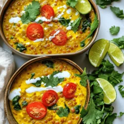 - 1 cup red lentils, rinsed - 1 can (400ml) coconut milk - 1 large onion, finely chopped - 2 cloves garlic, minced - 1 tablespoon fresh ginger, grated - 2 tablespoons curry powder - 1 teaspoon turmeric powder - 1 teaspoon cumin - Fresh cilantro for garnish - Lime wedges for serving This recipe shines because of its simple yet bold flavors. The red lentils form a hearty base. They cook quickly and soak up all the spices. Coconut milk adds a rich creaminess. It balances the warmth from the spices perfectly. Fresh vegetables like onion, garlic, and ginger bring depth to the dish. They create a savory aroma that fills your kitchen. The spices enhance each bite. Curry powder gives warmth, turmeric adds earthiness, and cumin offers a hint of sweetness. For garnishing, fresh cilantro adds brightness. It elevates the dish visually and flavor-wise. Lime wedges provide a refreshing zing at the end. You can squeeze them over the lentils just before eating. This combination of ingredients is not just tasty; it is also healthy. Lentils are a great source of protein and fiber. Coconut milk brings healthy fats into the mix. This dish is a great option for a quick weeknight meal. For the full recipe, check out the detailed instructions to bring this Coconut Curry Lentils dish to life. - Sautéing the onion: Start by heating vegetable oil in a large pot over medium heat. Add the finely chopped onion. Cook it for about five minutes. The onion should turn soft and translucent. This step lays a great flavor base for your dish. - Adding garlic and ginger: When the onion is ready, stir in the minced garlic and grated ginger. Cook them for one minute. You want to smell their fragrant aroma. This adds depth to the curry. - Combining ingredients and bringing to a boil: Next, add the rinsed red lentils, coconut milk, and vegetable broth to the pot. Stir everything well. Bring this mixture to a boil. The boiling helps to combine all the flavors. - Simmering for tenderness: Once it boils, reduce the heat to a simmer and cover the pot. Let it cook for about 20 minutes. Stir occasionally to keep the lentils from sticking. This makes them tender and creamy. - Adding cherry tomatoes and spinach: After 20 minutes, it's time to add the halved cherry tomatoes and chopped spinach. Stir them in and cook for an additional five minutes. This step adds freshness and color to your dish. - Seasoning to taste: Finally, season your coconut curry lentils with salt and pepper. Taste and adjust as needed. This last step brings all the flavors together. Serve hot and enjoy your savory dish! For the full recipe, check the earlier section. To avoid overcooking lentils, keep a close eye on the time. Red lentils cook fast, usually around 20 minutes. Stir them often to check for doneness. They should be tender but not mushy. If you want a firmer texture, reduce the cooking time by a few minutes. Adjusting spice levels is easy. Start with less curry powder if you prefer mild flavors. You can always add more as it cooks. Taste the dish during cooking. This way, you can find the perfect spice balance for you and your family. Serve your coconut curry lentils in deep bowls. This adds a nice touch to the meal. Drizzle a bit of coconut milk on top. It enhances the look and adds creaminess. Garnish with fresh cilantro for a pop of color. Add lime wedges on the side. The lime juice brightens the dish and adds a zesty kick. These small touches make your meal feel special. Lentils are packed with nutrition. They are high in protein and fiber. This helps keep you full and satisfied. Lentils also provide essential vitamins and minerals. They support heart health and digestion. Coconut milk adds healthy fats. It contains medium-chain triglycerides, which are good for your body. These fats can provide energy and help with weight management. Enjoy the rich flavor while getting these benefits in your meal. {{image_2}} You can use green or black lentils instead of red lentils. Green lentils hold their shape well. They add a nice texture. Black lentils give a richer flavor. Adjust your cooking times if you switch. Green lentils take about 30 minutes to cook. Black lentils need around 25 minutes. Keep an eye on them to avoid mushiness. Adding protein sources can make this dish heartier. Tofu is a great vegan option. It soaks up the curry flavor well. If you prefer meat, chicken works nicely too. You can add it in step four of the recipe. Experiment with spices to find your perfect taste. Try adding cinnamon for warmth or chili powder for heat. Each spice can change the dish a lot. You can easily make this dish vegan by using plant-based ingredients. It already uses coconut milk, which is dairy-free. For gluten-free options, check the broth. Most vegetable broths are gluten-free, but it's good to double-check. If you want a lighter dish, try low-fat coconut milk. It will still taste creamy without the extra fat. Coconut curry lentils last up to four days in the fridge. Store them in an airtight container. Make sure the dish cools down before sealing to avoid moisture buildup. This keeps the lentils fresh and tasty. You can freeze coconut curry lentils for up to three months. To freeze, first let the dish cool completely. Then, place it in freezer-safe bags or containers. When you're ready to eat, thaw in the fridge overnight. Reheat in a pot over low heat, adding a splash of water if needed to restore creaminess. Batch cooking is a great way to enjoy coconut curry lentils all week. You can make a large batch and store it in portions. Pair the lentils with grains like rice or quinoa for easy meals. This adds variety and makes your meals filling and nutritious. You can use several dairy-free options. Almond milk gives a light flavor. Soy milk adds creaminess. Oat milk is also a good choice. For a richer taste, try cashew cream. Other creamy substitutes include heavy cream for non-vegan diets. You can also use Greek yogurt, but it will change the flavor. Cooking times vary by type. Red lentils cook fast, about 20 minutes. Brown and green lentils take about 30 to 40 minutes. Black lentils need about 25 to 30 minutes. Always check for tenderness before serving. Yes, you can make this dish ahead. Cook the lentils and let them cool. Store them in an airtight container in the fridge. They will stay fresh for up to five days. To enhance flavor after storing, reheat and add a splash of coconut milk. This keeps it creamy and fresh. Absolutely! You can portion the lentils into meal prep containers. Store them in the fridge for up to five days. For longer storage, freeze them. Make sure to cool the lentils before freezing. When ready to eat, thaw them overnight in the fridge and reheat. This dish stays delicious even after freezing! For the full recipe, check out the detailed instructions above. This blog post covered a delicious coconut curry lentils recipe. You learned about key ingredients like red lentils, coconut milk, and fresh vegetables. We explored the steps to prepare, cook, and serve this dish. I shared tips on cooking, presentation, and health benefits. You can also try variations to fit your diet. In summary, this recipe is tasty, easy, and healthy. With the right ingredients and steps, you can whip up a perfect meal. Enjoy the creativity of cooking and make it your own!