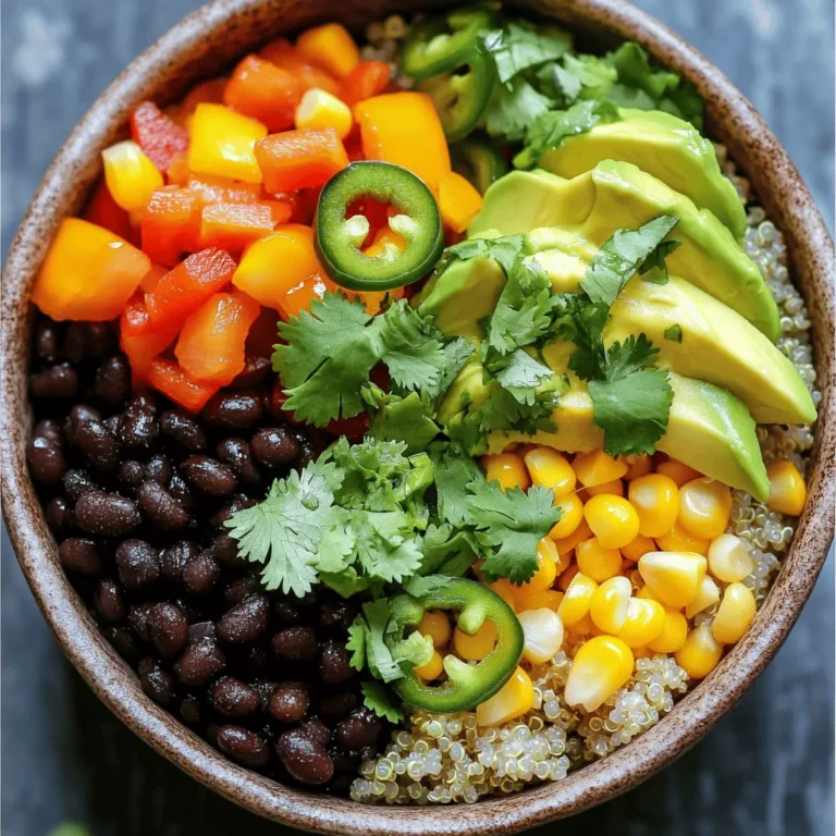 To make a great vegan burrito bowl, you need a few key ingredients. Here’s what you'll use: - 1 cup quinoa, rinsed - 2 cups vegetable broth - 1 can (15 oz) black beans, drained and rinsed - 1 cup corn (fresh or frozen) - 1 bell pepper, diced (any color) - 1 avocado, diced - 1 cup cherry tomatoes, halved - 1 small red onion, finely chopped - 1 teaspoon ground cumin - 1 teaspoon chili powder - 1 tablespoon olive oil - Juice of 1 lime - Salt and pepper to taste - Fresh cilantro, chopped (for garnish) - Sliced jalapeños (optional for spice) These ingredients create a colorful and tasty meal. Quinoa serves as a healthy base. The black beans add protein, while the veggies provide crunch and flavor. Adding garnishes can elevate your bowl. Here are some ideas: - Fresh cilantro for a burst of flavor - Sliced jalapeños for heat - Lime wedges for extra zest - Avocado slices for creaminess - Vegan sour cream for richness These garnishes not only look nice but also enhance the taste. Experiment with different toppings to find what you love most. Vegan burrito bowls pack a nutritional punch. Here are some benefits: - Quinoa: A complete protein, high in fiber - Black beans: Rich in protein and iron - Avocado: Full of healthy fats - Vegetables: Provide vitamins and minerals This meal is balanced and filling. It offers a great mix of protein, fiber, and healthy fats. Plus, it’s vegan and packed with nutrients. Enjoy the flavors while nourishing your body! For the full recipe, check the section above. To start your vegan burrito bowls, rinse 1 cup of quinoa under cold water. This step removes any bitterness. In a medium saucepan, bring 2 cups of vegetable broth to a boil. Once it boils, add the rinsed quinoa. Lower the heat, cover, and let it simmer for about 15 minutes. When the quinoa is fluffy, remove it from the heat. Let it sit for 5 minutes, then fluff it with a fork. This creates a light and airy base for your bowl. While the quinoa cooks, heat 1 tablespoon of olive oil in a large skillet over medium heat. Add 1 small chopped red onion and sauté for about 3-4 minutes. You want the onion to soften and become fragrant. Next, toss in 1 diced bell pepper and 1 cup of corn. Sprinkle 1 teaspoon of ground cumin and 1 teaspoon of chili powder over the mixture. Season with salt and pepper to taste. Sauté for another 5-7 minutes. Stir often until the bell peppers are tender and vibrant. In a large bowl, combine the cooked quinoa, 1 can of black beans (drained and rinsed), and the sautéed vegetable mix. Gently fold in 1 diced avocado and 1 cup of halved cherry tomatoes. This not only adds flavor but also color to your dish. Drizzle the juice of 1 lime over the mixture and toss it gently. Taste your creation and adjust the seasoning if you need to. Serve in bowls and garnish with fresh cilantro. For those who love spice, add sliced jalapeños on top. Enjoy your flavorful and nutritious meal! For the complete recipe, check the Full Recipe section. To get great texture, cook the quinoa well. Rinse it first to remove the bitter coating. Use vegetable broth for added flavor. Simmer it on low heat until fluffy. Let it sit for five minutes after cooking. Fluff it gently with a fork. This ensures each grain stands out. Use spices like cumin and chili powder to boost flavor. Sauté your veggies in olive oil. This brings out their natural sweetness. Add lime juice just before serving for brightness. Taste your dish as you go. Adjust salt and pepper to your liking. Fresh cilantro adds a burst of freshness. Don’t skip rinsing the quinoa. It makes a big difference in taste. Avoid overcooking the vegetables; they should be tender yet crisp. If you add too much salt, it can overpower your dish. Lastly, don’t forget the garnishes! They make your bowl look and taste amazing. Check the [Full Recipe] for more details on how to create these vibrant bowls! {{image_2}} You can boost your vegan burrito bowls with protein. Tofu is a great choice. It soaks up flavors well. Just cube it, season it, and sauté it until golden. Tempeh is another tasty option. It has a nutty flavor and adds texture. Crumble it or slice it, then sauté with spices for a hearty kick. Spices can take your burrito bowl to the next level. Try adding smoked paprika for a rich taste. A pinch of cayenne can add heat. You can also mix in fresh herbs like cilantro or parsley. For dressings, a simple lime vinaigrette works well. Just mix lime juice, olive oil, and a touch of salt. You can also blend avocado with lime for a creamy dressing. While quinoa is a fantastic base, you have other options. Brown rice offers a chewy texture and nutty taste. Cauliflower rice is low in carbs and adds a light feel. Just pulse cauliflower florets in a food processor and sauté. Both choices work great with the same toppings from the full recipe. Exploring these variations keeps your meals exciting and nutritious! Store your vegan burrito bowls in airtight containers. This keeps them fresh. Let the bowls cool before sealing. If you add avocado, it may brown. To prevent this, store avocado separately. You can keep the bowls in the fridge for up to three days. When you want to eat leftovers, reheat in the microwave. Use a microwave-safe bowl and cover it. Heat in short bursts, about 30 seconds each. Stir between heating until warm. You can also heat on the stove. Just add a splash of water and stir until hot. Freezing is a great way to save time. Divide the burrito bowls into portions. Use freezer-safe containers or bags. They can last for up to three months in the freezer. To eat, thaw in the fridge overnight. Reheat as mentioned before. This keeps your meal tasty and ready to enjoy! For the full recipe, check the Vibrant Vegan Burrito Bowls. Serve Vegan Burrito Bowls in deep bowls. Place a scoop of quinoa at the bottom. Then, layer on the black beans and sautéed veggies. Add diced avocado and halved cherry tomatoes on top. Finish with a sprinkle of fresh cilantro. A slice of lime on the side adds a fresh kick. You can also serve your bowls with tortilla chips for crunch. This mix of flavors looks great and tastes amazing! Yes, you can make these burrito bowls gluten-free. The main ingredients are naturally gluten-free. Use quinoa, black beans, and fresh veggies. Just ensure that the vegetable broth is gluten-free, as some brands may contain gluten. Most canned beans and corn are also gluten-free. Always check labels to be sure. This way, everyone can enjoy a tasty meal without worry. To customize for picky eaters, keep it simple. Start with the quinoa base and offer toppings on the side. Let them choose what they want. Some may prefer just beans and avocado. Others might like extra veggies or no spice. You can add a creamy dressing for those who want more flavor. This way, each person can build their perfect bowl. Enjoy experimenting with flavors to find what works best! For a complete guide, check out the Full Recipe. To wrap it up, we explored all the key parts of making vegan burrito bowls. We looked at the essential ingredients, cooking steps, and helpful tips. We also talked about tasty variations and how to store your bowls well. Remember, you can mix things up to fit your taste. Keep it fun and don’t be afraid to experiment. With these simple steps, you can create a healthy and delicious meal anytime!