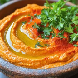 - 1 can chickpeas - 1 large roasted red pepper - 3 tablespoons tahini - 2 tablespoons lemon juice - 2 cloves garlic - Paprika - Fresh parsley - Food processor - Baking sheet - Bowl for steaming To make roasted red pepper hummus, gather these simple and fresh ingredients. The chickpeas provide a creamy base. The roasted red pepper adds a smoky touch. Tahini gives it a rich flavor. Lemon juice brightens the taste and garlic adds depth. For garnish, paprika and parsley look great and add flavor. You also need a food processor to blend everything smoothly. A baking sheet helps roast the peppers, and a bowl for steaming makes peeling easy. This setup ensures you create a tasty and colorful dish that everyone will love. Check the Full Recipe for more details on how to prepare this delightful dip! First, preheat your oven to 400°F (200°C). If you use fresh red peppers, cut them in half. Remove the seeds and place them on a baking sheet, skin side up. Roast them for about 25-30 minutes. You want the skin to char and blister. Once done, transfer the peppers to a bowl and cover it with plastic wrap. This helps them steam for 10 minutes. After they cool, peel off the skin. If you use jarred roasted red peppers, just drain them and set aside. Next, grab your food processor. This is where the magic happens. Add the chickpeas, roasted red pepper, tahini, lemon juice, minced garlic, olive oil, and ground cumin. Blend everything together until it’s smooth. If the mix is too thick, add a tablespoon of water at a time. Keep blending until you reach your desired consistency. Taste it and add salt as needed. Blend again to mix. Now, transfer the hummus to a serving bowl. Drizzle some extra-virgin olive oil on top. Sprinkle paprika and fresh parsley for a nice touch. This makes it look pretty and appetizing. Enjoy your roasted red pepper hummus with your favorite dippers! For the full recipe, refer to the detailed instructions provided. To make the best roasted red pepper hummus, use tahini and olive oil. Tahini adds richness. Olive oil brings a smooth finish. Both are key to a creamy texture. When blending, start with the chickpeas and tahini. Pulse them first to break them down. Then, add the roasted red pepper, garlic, and spices. Blend until smooth. If it feels thick, add water slowly. Just one tablespoon at a time. This helps you control the texture. Store your homemade hummus in the fridge. Use an airtight container to keep it fresh. It can last up to a week. If you have extra, consider freezing it. Use small containers to make portions easy to thaw. Just remember, once you thaw it, eat it quickly. You can change the taste of your hummus easily. Want it spicier? Add more cumin or some cayenne pepper. Like it tangy? A little more lemon juice does the trick. Feel free to mix in extra veggies too. Carrots or spinach can add fun flavors. Just blend them in with the other ingredients. {{image_2}} Want to make your roasted red pepper hummus even better? You can add some spices! Smoked paprika gives a warm, smoky flavor. A pinch goes a long way. Try fresh herbs too. Basil or cilantro can add a nice touch. Chop them finely and mix them in. These simple changes can elevate your dish and impress your guests. Chickpeas are great, but you can switch them out! White beans or black beans work well too. Each type of bean brings a unique taste. If you use different beans, you may need to adjust the consistency. Add a bit more water if it gets too thick. Experimenting with beans can open up new flavors. If you have dietary needs, this hummus can still fit! It is already vegan and gluten-free. For low-sodium options, rinse your beans well. You can skip the salt or use a salt substitute. This way, everyone can enjoy your tasty dip without worry. To keep your hummus fresh, store it in the fridge. Use an airtight container. It can last up to a week. Before serving, check the taste and texture. If it seems dry, stir in a bit of water or olive oil. If you have more than you can eat, freeze it for later. Use a freezer-safe container. Leave some space at the top, as the hummus will expand. It should stay good in the freezer for about three months. When ready to eat, thaw it in the fridge overnight. Fresh hummus beats store-bought in taste and health. Homemade hummus has no preservatives. It offers better flavor and more nutrients. Store-bought hummus can contain additives that some may want to avoid. Always watch for signs of spoilage. If you see mold or a change in color, it’s time to toss it. A sour smell or off taste is also a red flag. Trust your senses to keep your hummus safe and tasty. You can enjoy roasted red pepper hummus with many tasty dippers. Here are some popular choices: - Fresh veggie sticks like carrots, celery, and cucumbers - Pita bread or pita chips for a classic touch - Crackers for a crunchy bite - Toasted baguette slices for a gourmet feel - Pretzels for a salty contrast Homemade hummus stays fresh for about 4 to 5 days in the fridge. Store it in an airtight container to keep it safe. Check for any signs of spoilage, like off smells or mold, before eating. Yes, making roasted red pepper hummus in advance is easy! You can prepare it up to a week ahead. Just store it in the fridge in a sealed container. This allows the flavors to mix nicely. Often, homemade hummus is healthier than store-bought. You control the ingredients and can reduce salt and oils. Plus, it has no preservatives. The chickpeas provide protein and fiber, making it a great snack! For the full recipe, check out the detailed instructions [here](#). This blog post covered how to make delicious roasted red pepper hummus. You learned about the main and optional ingredients, along with the equipment needed. We went through detailed steps, tips for creaminess, and storage secrets. You can even try different flavors and beans for variety. Making hummus at home is fun and rewarding. It’s healthier and tastes so much better than store-bought. Enjoy your creamy creation with friends, and don’t hesitate to experiment with new flavors!