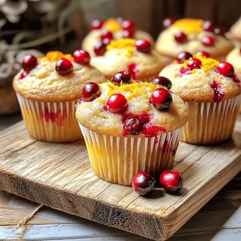 To make delicious cranberry orange muffins, you need simple ingredients. Here’s what you’ll need: - 2 cups all-purpose flour - 1 cup fresh or frozen cranberries, chopped - 1 teaspoon baking powder - 1/2 teaspoon baking soda - 1/2 teaspoon salt - 1/2 cup unsalted butter, melted - 1 cup granulated sugar - 2 large eggs - 1 teaspoon vanilla extract - Zest of 1 large orange - 3/4 cup freshly squeezed orange juice - 1/2 teaspoon cinnamon (optional) You can switch some ingredients if needed. Here are some ideas: - Use whole wheat flour for a nuttier taste. - Swap cranberries with blueberries or raspberries for a different flavor. - Replace butter with coconut oil for a dairy-free option. - For a lower sugar version, use a sugar substitute like stevia. - If you don’t have fresh orange juice, bottled juice works too. When picking cranberries, focus on quality. Here are some tips: - Look for bright, firm berries. They should be round and smooth. - Avoid any berries with blemishes or soft spots. These may be old or bad. - Check the color. Fresh cranberries should be deep red or vibrant in color. - If buying frozen, ensure they are stored at a cold temperature. This keeps them fresh and tasty. These details help you gather the best ingredients for your cranberry orange muffins. For the complete recipe, check the [Full Recipe]. To start, gather all your ingredients. You will need: - 2 cups all-purpose flour - 1 cup fresh or frozen cranberries, chopped - 1 teaspoon baking powder - 1/2 teaspoon baking soda - 1/2 teaspoon salt - 1/2 cup unsalted butter, melted - 1 cup granulated sugar - 2 large eggs - 1 teaspoon vanilla extract - Zest of 1 large orange - 3/4 cup freshly squeezed orange juice - 1/2 teaspoon cinnamon (optional) Next, preheat your oven to 375°F (190°C). This ensures even cooking. Line a muffin tin with paper liners or grease it lightly with cooking spray. In a medium bowl, mix the flour, baking powder, baking soda, salt, and cinnamon if you choose to use it. Stir until everything blends well. Set this bowl aside. In a large bowl, whisk together the melted butter and sugar until smooth. This mixture should look creamy. Add the eggs one at a time. Make sure to beat well after each addition. Then, stir in the vanilla, orange zest, and orange juice. Mix until it is all combined. Gradually fold the dry ingredients into the wet mixture. Use a spatula and be careful not to overmix. It’s fine if the batter is a little lumpy. Gently fold in the cranberries until they are evenly spread throughout the batter. Now, fill each muffin cup about three-quarters full with the batter. This will give them room to rise. Place the muffin tin in the preheated oven. Bake for 18-22 minutes. To check for doneness, insert a toothpick into the center of a muffin. If it comes out clean, they are done! Once baked, allow the muffins to cool in the pan for about 10 minutes. After that, transfer them to a wire rack to cool completely. To check if your muffins are done, look for a few signs: - The tops should be golden brown. - The muffins should spring back when lightly touched. - A toothpick should come out clean when inserted. These tips can help you avoid undercooked or overcooked muffins. Enjoy your delicious cranberry orange muffins! For more details, check out the Full Recipe. To make your muffins fluffy, use fresh ingredients. Make sure your baking powder and baking soda are active. Mix the wet and dry ingredients gently. Overmixing can lead to dense muffins. The batter should be a bit lumpy. This helps keep them light. A common mistake is not measuring ingredients correctly. Too much flour can make your muffins tough. Not enough liquid can dry them out. Another mistake is opening the oven door too soon. This can cause the muffins to sink. Wait until they bake for at least 15 minutes before checking. Using the right tools makes baking easier. Here are some must-haves: - Muffin tin - Paper liners or cooking spray - Mixing bowls (one large, one medium) - Whisk for blending - Spatula for folding These tools help you mix and bake your cranberry orange muffins perfectly. For the full recipe, check out the detailed steps above. {{image_2}} You can make cranberry orange muffins even better with tasty add-ins. Here are some ideas: - Nuts: Walnuts or pecans add crunch and flavor. - Chocolate chips: Dark chocolate pairs well with the tart cranberries. - Coconut flakes: This gives a sweet tropical twist. Feel free to mix and match these options. Just keep the total amount around one cup. Want to change things up? You can try new flavors for your muffins. Here are some fun ideas: - Lemon-lime: Use lemon juice and zest instead of orange. This gives a bright, fresh taste. - Almond: Add almond extract in place of vanilla. This adds a lovely nutty flavor. - Spices: Try adding nutmeg or cardamom for a warm, cozy taste. These changes can create a brand-new muffin experience. You can easily make these muffins gluten-free or vegan. Here’s how: - Gluten-free: Replace all-purpose flour with a gluten-free blend. Be sure it has xanthan gum for texture. - Vegan: Use plant-based butter and replace eggs with flax eggs. Mix one tablespoon of flaxseed meal with two and a half tablespoons of water. Let it sit until it thickens. These swaps keep the muffins tasty while meeting different diets. For more ideas, check out the Full Recipe. To keep your cranberry orange muffins fresh, store them in an airtight container. This helps keep them moist and soft. You can also wrap them in plastic wrap for extra protection. If you plan to eat them within two days, leave them at room temperature. For longer storage, move them to the fridge. This keeps them good for about a week. Freezing muffins is easy and smart. First, let them cool completely. Then, wrap each muffin in plastic wrap. You can also use freezer bags. This way, they won’t stick together. Label the bags with the date. You can freeze these muffins for up to three months. When you’re ready to eat one, just take it out and let it thaw at room temperature. To enjoy your muffins warm, reheat them in the oven or microwave. For the oven, preheat it to 350°F (175°C) and heat the muffins for about 10 minutes. If you use the microwave, warm them for 15 to 30 seconds. This keeps the muffins soft and tasty. Enjoy the fresh flavors as if they were just baked! For the full recipe, check out the details above. To keep your muffins moist, use fresh ingredients. Make sure your butter is melted but not too hot. Room temperature eggs work best. Adding orange juice adds moisture and flavor. Don’t overmix the batter; lumps are okay. Bake them just until a toothpick comes out clean. This helps keep them soft and tender. Yes! You can swap cranberries for other fruits. Blueberries, raspberries, or chopped apples can work well. Each fruit gives a unique taste and texture. Adjust the sugar if using sweeter fruits. This makes your muffins fun and customizable. Cranberry orange muffins can last for about three days at room temperature. Store them in an airtight container to keep them fresh. If you want them to last longer, freeze them. They freeze well for up to three months. Just thaw them overnight in the fridge when you're ready to enjoy. This guide covered all you need for cranberry orange muffins. We explored fresh ingredients, baking steps, and tips for fluffiness. I shared variations like adding nuts or making them gluten-free. Storing and reheating muffins also helps keep them fresh. Now you're ready to bake delicious muffins that impress. Remember, practice makes perfect! Enjoy creating these treats and share them with loved ones. Happy baking!