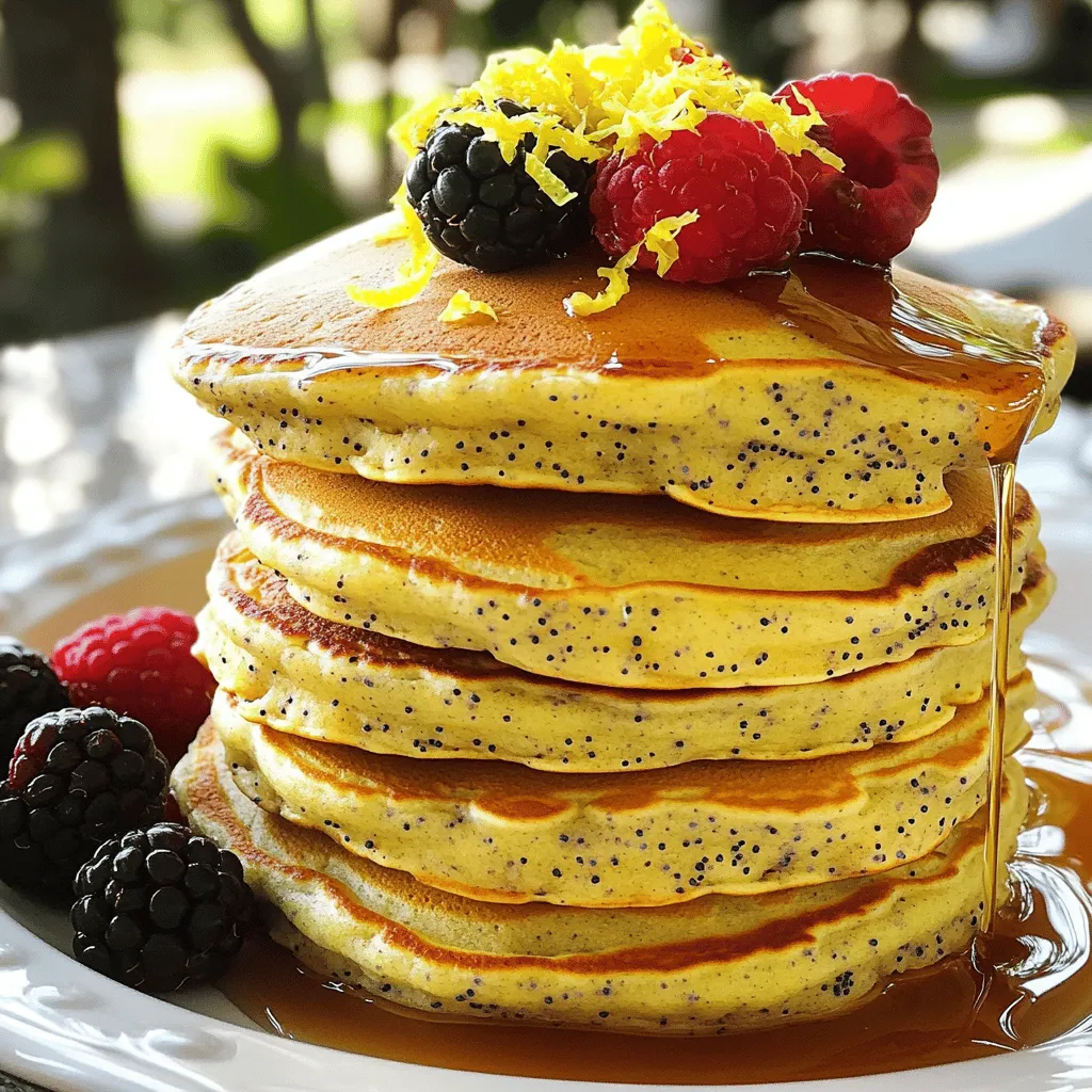 The Lemon Poppyseed Protein Pancakes are easy to make. They taste great and are healthy. You can whip them up in just 20 minutes. This recipe makes four servings, perfect for sharing or saving for later. Here is what you need for the pancakes: - 1 cup oat flour - 2 tablespoons poppy seeds - 2 teaspoons baking powder - 1/2 teaspoon baking soda - 1/4 teaspoon salt - 1 scoop vanilla protein powder - 1 large egg - 3/4 cup unsweetened almond milk (or any milk of choice) - Zest of 1 lemon - 2 tablespoons fresh lemon juice - 1 tablespoon maple syrup (optional, for added sweetness) - Cooking spray or coconut oil for the pan You can customize these pancakes to suit your taste. Here are some add-ins you might like: - Fresh blueberries or raspberries for sweetness - Chopped nuts for a crunchy texture - A sprinkle of cinnamon for extra flavor - Coconut flakes for a tropical twist These options let you make the pancakes your own. Enjoy experimenting! Start by gathering your dry ingredients. In a large bowl, add 1 cup of oat flour. This will be the base of your pancakes. Next, sprinkle in 2 tablespoons of poppy seeds. These seeds add a nice crunch and flavor. Then, add 2 teaspoons of baking powder and 1/2 teaspoon of baking soda. These help the pancakes rise. Don't forget the 1/4 teaspoon of salt to enhance the taste. Finally, mix in 1 scoop of vanilla protein powder for a healthy boost. Whisk everything together until it's well combined. This step is key for even flavor. Now, let’s move to the wet ingredients. Take another bowl and crack in 1 large egg. This binds the pancakes together. Pour in 3/4 cup of unsweetened almond milk. You can use any milk you like. Add the zest of 1 lemon for a bright flavor. Squeeze in 2 tablespoons of fresh lemon juice for a tangy kick. If you want it sweeter, drizzle in 1 tablespoon of maple syrup. Whisk these ingredients until they blend smoothly. The freshness of lemon really shines here. It's time to cook! Heat a non-stick skillet over medium heat. Lightly grease it with cooking spray or coconut oil. Use a ladle to pour about 1/4 cup of the batter onto the skillet for each pancake. Cook until bubbles form on top and the edges look set, which takes about 3-4 minutes. Flip them carefully and cook for another 2-3 minutes until they turn golden brown. Repeat this process with the rest of your batter. Adjust the heat if needed to avoid burning. Once cooked, serve the pancakes warm. Top them with more lemon zest, a drizzle of maple syrup, or fresh fruit for extra flavor. You can find the full recipe details above. Enjoy your delicious Lemon Poppyseed Protein Pancakes! To make your pancakes fluffy, you need a few key tips. First, don't overmix the batter. Mix it just until combined to keep the air in. Second, let the batter rest for about five minutes. This helps the baking powder work better. Lastly, make sure your pan is at the right heat. Too hot can burn them; too cool will make them soggy. A medium heat is usually best. If you have extras, store them right. Let the pancakes cool down first. Then, place them in a single layer on a plate. Cover the plate with plastic wrap. You can also stack them with parchment paper in between. This keeps them from sticking. They will stay fresh in the fridge for about three days. For longer storage, freeze them! Just place them in a freezer bag with a label. A few mistakes can ruin your pancakes. First, using expired baking powder will make them flat. Always check the date. Second, adding too much liquid can make them runny. Stick to the recipe for the best results. Lastly, avoid cooking them too fast. This can cause the outside to burn while the inside stays raw. Follow these tips, and you’ll make perfect Lemon Poppyseed Protein Pancakes every time! For the complete recipe, check out the Full Recipe section. {{image_2}} You can easily make these pancakes gluten-free. Just swap oat flour with almond flour. Almond flour gives a lovely nutty taste. It also keeps the pancakes moist. Use the same amount, one cup, when you make this switch. You can play with flavors in your pancakes! Add fresh blueberries or raspberries for a fruity twist. Try a dash of cinnamon for warmth. You can even mix in some chopped nuts for crunch. Each of these changes brings new life to the recipe. Serve these pancakes warm for the best taste. Stack them high and drizzle with maple syrup. Top with extra lemon zest and fresh fruit, like strawberries or bananas. You might also add a dollop of Greek yogurt for creaminess. Each bite will taste bright and fresh. For more details, check out the Full Recipe. These pancakes pack a punch with protein. Each serving has about 15 grams of protein. This comes mainly from the scoop of protein powder and the egg. Protein helps build muscle and keeps you feeling full longer. I love using vanilla protein powder for a touch of flavor. One serving of these pancakes contains around 180 calories. This makes them a great option for breakfast. Most of the calories come from the oat flour and almond milk. If you add maple syrup, count on an extra 20 calories. By keeping it simple, you can enjoy a tasty meal without overloading on calories. The ingredients in these pancakes offer many health benefits. - Oat Flour: This is high in fiber. It helps digestion and keeps you full. - Poppy Seeds: These tiny seeds are rich in calcium and magnesium. They support bone health. - Lemon Juice: This adds vitamin C, which boosts your immune system. - Almond Milk: It is lower in calories than regular milk and is dairy-free. By choosing these ingredients, you create a meal that is both healthy and satisfying. You can find the full recipe above if you want to make these pancakes! Yes, you can use regular flour. However, oat flour gives a unique taste and texture. Oat flour is lighter and adds more nutrition. It is rich in fiber and protein. If you use regular flour, you may need to adjust the liquid. Start with less milk and add more as needed. To make these pancakes vegan, swap the egg for a flax egg. Mix one tablespoon of ground flaxseed with three tablespoons of water. Let it sit for five minutes. Use a plant-based milk like almond milk or soy milk. This keeps the pancakes light and fluffy without the egg. Toppings can take your pancakes to the next level. Here are some great ideas: - Fresh berries, like strawberries or blueberries - Sliced bananas for a sweet touch - A drizzle of honey or maple syrup for sweetness - Greek yogurt for creaminess and protein - Extra lemon zest for a burst of flavor Feel free to mix and match these options! Enjoy your pancakes with whatever you like best. You can find the full recipe above for a delicious start to your day. You learned about the key steps to make tasty pancakes. We covered ingredients, tips, and variations. Remember, use the right mix of dry and wet ingredients for fluffiness. Avoid common mistakes to make the best pancakes. Feel free to try gluten-free options or fun flavor twists. Enjoying pancakes can be easy and fun. Now, you can impress friends and family with your skills. Make these pancakes your own, and enjoy every bite!