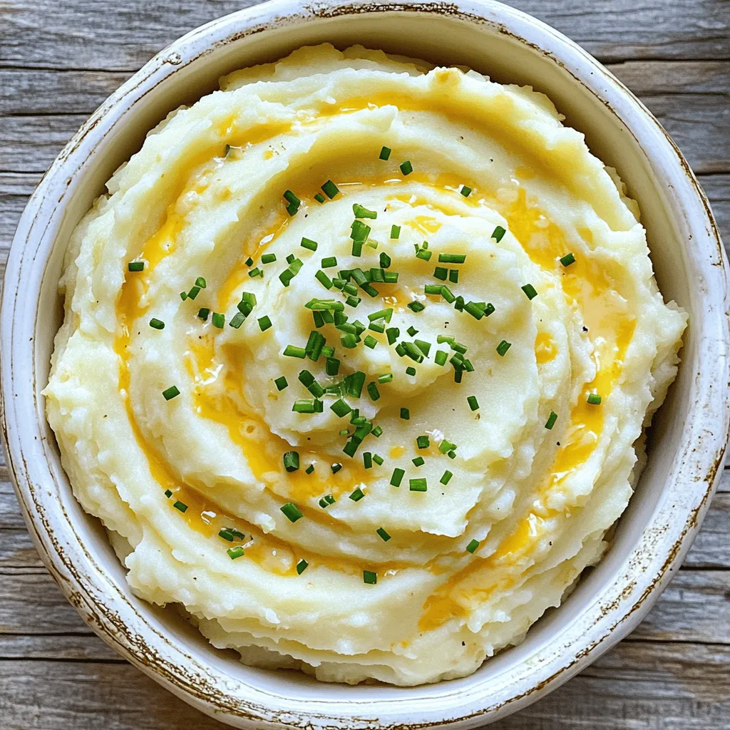 - 2 lbs Yukon Gold potatoes - 4 cloves garlic - 1 cup sharp cheddar cheese - ½ cup cream cheese - ½ cup whole milk - 4 tablespoons unsalted butter The key to cheesy garlic mashed potatoes is the Yukon Gold potatoes. They are creamy and buttery. I always peel and chop them before boiling. Garlic adds a rich flavor. I use four cloves, minced finely. For cheese lovers, sharp cheddar gives a nice kick. Cream cheese helps create a smooth texture. Whole milk thins the mixture out. Unsalted butter adds richness. - Salt and pepper - 2 tablespoons fresh chives To bring out the best flavors, I sprinkle in salt and pepper. Chives add a pop of color and fresh taste. They make the dish look great on the table. - Cream alternatives (e.g., sour cream, Greek yogurt) - Types of cheese to consider If you want to switch things up, I recommend using sour cream or Greek yogurt. These will keep the dish creamy but change the taste a bit. You can also try other cheeses. Gouda or mozzarella work well for a different flavor. For the full recipe, check out the link. First, start with 2 lbs of Yukon Gold potatoes. Peel and chop them into even pieces. Rinse the potatoes under cold water to remove any dirt. Next, place the chopped potatoes in a large pot. Cover them with cold water and add a pinch of salt. Bring the water to a boil over medium-high heat. Once boiling, lower the heat to medium-low. Cook the potatoes for 15 to 20 minutes until they are fork-tender. While the potatoes cook, take 4 cloves of minced garlic. In a small saucepan, melt 4 tablespoons of unsalted butter over medium heat. Add the minced garlic to the butter. Sauté the garlic for about 2 minutes until it smells great. Be careful not to let it brown, as this can make it bitter. Once ready, set the garlic aside to mix later. After draining the cooked potatoes, return them to the pot. Pour the melted garlic butter over the potatoes. Next, add ½ cup of cream cheese and 1 cup of sharp cheddar cheese. Pour in ½ cup of whole milk too. Season with a sprinkle of salt and pepper. Use a potato masher or electric mixer to mash the potatoes until they are smooth and creamy. If the mix feels too thick, add more milk to reach the texture you like. Once mashed, taste the potatoes and adjust the seasoning with more salt and pepper if needed. Transfer the cheesy garlic mashed potatoes to a serving dish. For a lovely finish, sprinkle 2 tablespoons of chopped fresh chives on top. This adds a nice touch and enhances the flavor. For the complete recipe, check out the [Full Recipe]. To make cheesy garlic mashed potatoes creamy, start with warm ingredients. Cold milk or butter can cool down the potatoes and make them gummy. Instead, warm the milk and butter together before adding them to the mix. When mashing, use a potato masher for a rustic feel, or an electric mixer for smoothness. Mix gently to avoid overworking the potatoes, which can make them gluey. You can boost the taste of your mashed potatoes with herbs. Fresh rosemary or thyme adds a nice touch. Just chop them finely and mix in at the end. For an extra layer of flavor, consider adding crispy bacon or roasted garlic. This creates a rich, savory taste that pairs perfectly with the cheese. Want to save time? Use a pressure cooker. It cooks potatoes quickly, cutting your prep time in half. You can also pre-cook the potatoes. Boil them in advance and store them in the fridge. When you’re ready, just reheat them and mash. This way, you can enjoy cheesy garlic mashed potatoes without the wait. For the full recipe, check out the earlier section. {{image_2}} You can change the cheese for fun flavors. Try gouda for a smoky taste. Mozzarella adds a stretchy, creamy texture. You can even mix cheeses! This makes your mashed potatoes unique. Each cheese brings its own style. Go wild with combinations to find your favorite. Want to keep it vegan? Use plant-based cream cheese. Swap regular milk for almond or oat milk. Nutritional yeast can give a cheesy flavor. It’s packed with nutrients too! These changes keep the taste great without dairy. You can enjoy cheesy garlic mashed potatoes in a new way. Feeling bold? Add jalapeños for heat. They give an extra kick. Hot sauce can also spice things up. Experiment with spices like paprika for a smoky note. These flavors can make your dish exciting. Don't be afraid to try new things! The world of flavors is at your fingertips. To store leftovers, place the mashed potatoes in an airtight container. Make sure to cool them first. They will stay fresh in the fridge for up to three days. If you notice any change in smell or appearance, it's best to toss them. If you want to freeze cheesy garlic mashed potatoes, scoop them into a freezer-safe bag. Flatten the bag to save space. They can be frozen for up to two months. When you're ready to eat, move them to the fridge overnight to thaw. You can reheat mashed potatoes on the stovetop or in the microwave. For stovetop, add a little milk and heat on low. Stir often to keep them smooth. In the microwave, heat in short bursts, stirring in between. Always add a splash of milk to keep them creamy and moist. This helps prevent dryness and makes them taste fresh. To make cheesy garlic mashed potatoes from scratch, start with Yukon Gold potatoes. Peel and chop them into even pieces. Boil them until fork-tender. While they cook, melt butter in a pan and sauté minced garlic until it smells great. Once the potatoes are done, drain them and return them to the pot. Add the garlic butter, cream cheese, sharp cheddar cheese, and milk. Mash everything together until smooth. Add salt and pepper to taste, then serve warm. You can find the full recipe [here](#). Yes, you can make cheesy garlic mashed potatoes ahead of time. Prepare them as usual, then cool them before storing. Place them in an airtight container in the fridge. They will stay fresh for up to three days. When ready to serve, reheat them on the stove or in the microwave. Add a little milk to bring back the creamy texture. Yukon Gold potatoes are the best choice for cheesy garlic mashed potatoes. They have a creamy texture and a rich flavor. Other good options include Russet potatoes, but they can be a bit drier. Yukon Golds give you the perfect creaminess without needing too much butter or cream. If your mashed potatoes turn out watery, don't worry! You can fix them. Start by placing them back in a pot over low heat. Cook them gently to evaporate some moisture. Stir them frequently to prevent sticking. If they still seem wet, mash in a little instant potato flakes. This will absorb extra liquid and help thicken them up. Absolutely! You can add other flavors for fun twists. Try mixing in roasted garlic for a deeper taste. Fresh herbs like chives or thyme add a nice touch. For a bit of heat, diced jalapeños work well. You can even stir in crispy bacon bits for extra crunch and flavor. Get creative and enjoy your mashed potatoes! Cheesy garlic mashed potatoes are simple and delicious! We covered important ingredients, step-by-step instructions, and creative variations. You can easily adapt this dish with different cheeses or make it vegan. Remember to store your leftovers properly so they stay tasty. With my tips, you can achieve a creamy texture and bold flavors. Try these mashed potatoes at your next meal for a satisfying side. Enjoy experimenting with flavors and making it your own!