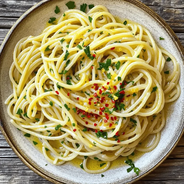 - 400g spaghetti - 6 cloves of garlic, thinly sliced - 1/2 cup extra virgin olive oil - 1 teaspoon red chili flakes (adjust to taste) - 1/2 cup fresh parsley, chopped - Zest of 1 lemon - Grated Parmesan cheese - Salt and pepper Spaghetti Aglio e Olio is simple yet full of flavor. You only need a few main ingredients. The spaghetti serves as a tasty base. Garlic gives the dish its rich aroma. Extra virgin olive oil adds a silky texture. Red chili flakes bring heat and excitement. Fresh parsley brightens the dish, while lemon zest adds a zing. Feel free to adjust the chili flakes to your liking. If you want it spicier, add more. For those who love cheese, grated Parmesan is a great choice. A sprinkle of salt and pepper will enhance every bite. For the full recipe, check out the complete guide above. Enjoy making this classic dish! To start, fill a large pot with water. Add a good amount of salt. This will help flavor the pasta. Bring the water to a boil over high heat. Once boiling, add your spaghetti. Cook it according to the package instructions until it is al dente. This means it should still have a little bite. Reserve one cup of the pasta water. Then, drain the spaghetti in a colander. Next, grab a large skillet. Pour in the extra virgin olive oil and heat it over medium heat. Once hot, add the thinly sliced garlic. Stir it gently. Keep an eye on it as it cooks. You want the garlic to turn golden brown, about three to four minutes. Be careful here! If the garlic burns, it will taste bitter. Now, it’s time to add some heat. Stir in the red chili flakes and sauté for about thirty seconds. This helps to release the chili flavor. After that, add your drained spaghetti to the skillet. Toss the pasta in the garlic oil to coat it well. If the pasta looks dry, add some of that reserved pasta water. This will help create a nice sauce. Once everything is combined, take the skillet off the heat. Stir in the chopped parsley and lemon zest. These add freshness. Finally, season your dish with salt and freshly cracked black pepper to taste. If you like cheese, feel free to sprinkle some grated Parmesan on top before serving. Enjoy your delicious dish! For a complete guide, check out the Full Recipe. To make great garlic oil, watch the heat. Start with medium heat. Too high can burn the garlic. Burnt garlic tastes bad. Stir the garlic often. Cook it until golden brown, which takes about 3-4 minutes. The smell will be amazing! If you burn it, start over; it’s not worth it. Want more heat? Adjust the chili flakes in the recipe. Start with 1 teaspoon. If you like it spicy, add more! You can also try other heat sources. Fresh chili, jalapeños, or hot sauce can add fun flavors. Just remember to balance the heat with the garlic oil. Want to make this dish vegan? Skip the cheese, and it’s still tasty! You can add more veggies, like spinach or broccoli, to boost flavor and nutrition. If you need a gluten-free option, try gluten-free spaghetti. It cooks a bit differently, so check the package for directions. For the full recipe, check out the details above. {{image_2}} You can enhance your Spaghetti Aglio e Olio in simple ways. Adding sun-dried tomatoes gives a sweet, tangy taste. These dried tomatoes add a chewy texture and rich flavor. You can chop them and toss them in with the garlic. Olives or capers also bring a new layer of taste. Their briny flavor contrasts well with the garlic and oil. Just chop them up and mix them in for a salty surprise. While parsley shines in this dish, you can try other herbs too. Fresh basil adds a sweet, aromatic note. Just tear the leaves and sprinkle them before serving. Oregano offers a warm, earthy flavor. It works well with the garlic and oil. You can use fresh or dried oregano, depending on what you have. Seasonal greens like spinach or arugula can also add a fresh twist. Just toss them in right before serving for a vibrant touch. If you want protein in your pasta, grilled chicken is a great choice. Slice it thin and mix it in after you toss the spaghetti. The chicken absorbs the flavors nicely. Shrimp is another tasty option. Cook it in the garlic oil for a quick, seafood twist. The shrimp will soak up that garlic goodness. For a plant-based option, try chickpeas or lentils. They add protein and a hearty feel. Just heat them up in the pan and mix them in with the pasta. For the full recipe, check out the details above! When you have leftovers of Spaghetti Aglio e Olio, store them right. Let the pasta cool before putting it in the fridge. Use an airtight container to keep it fresh. This way, it won’t dry out or absorb other smells. The pasta lasts about three to four days in the fridge. To reheat, you have two good options: the stovetop or the microwave. For the stovetop, add a splash of olive oil to a skillet. Heat it on low, then add the pasta. Stir gently until it's warm. This helps keep the pasta moist and tasty. If you choose the microwave, put the pasta in a microwave-safe bowl. Add a little water or olive oil, cover it, and heat in 30-second bursts. Stir in between to avoid hot spots. You can freeze Spaghetti Aglio e Olio, but it’s best to skip the garlic. Cook the pasta, cool it, and place it in a freezer bag. Remember to squeeze out the air before sealing. It can last up to three months in the freezer. When ready to eat, thaw it in the fridge overnight. Reheat it as described above. This way, you can enjoy a quick meal later without losing flavor. Spaghetti Aglio e Olio is a classic Italian dish. It comes from Naples and means "spaghetti with garlic and oil." The dish is simple, using just a few ingredients. You mainly need spaghetti, garlic, and olive oil. Many Italians enjoy it as a quick meal. Variations exist, like adding anchovies or parsley. To add heat, simply increase the red chili flakes. Start with one teaspoon and adjust to your taste. You can also use fresh red chilies or chili oil for more flavor. Sauté them in the olive oil with the garlic. This step brings out their heat and makes the dish more exciting. Yes, you can make a vegan version. Just leave out the cheese and use extra herbs for flavor. Nutritional yeast is a great substitute for a cheesy taste. It adds a nice umami flavor without dairy. This way, everyone can enjoy this tasty dish. Spaghetti Aglio e Olio pairs well with many dishes. A light salad with lemon dressing is a great choice. Crusty bread also complements it nicely. For wine, a crisp white like Sauvignon Blanc works well. It balances the spice and richness of the oil. Spaghetti Aglio e Olio is simple yet full of flavor. We covered the key ingredients, like garlic and olive oil. Cooking steps help you create the dish perfectly. You learned tips for spice and storage, plus variations to try. Remember, this dish is versatile and fun. Don’t shy away from customizing it to your taste. Enjoy making your own version of this classic dish!