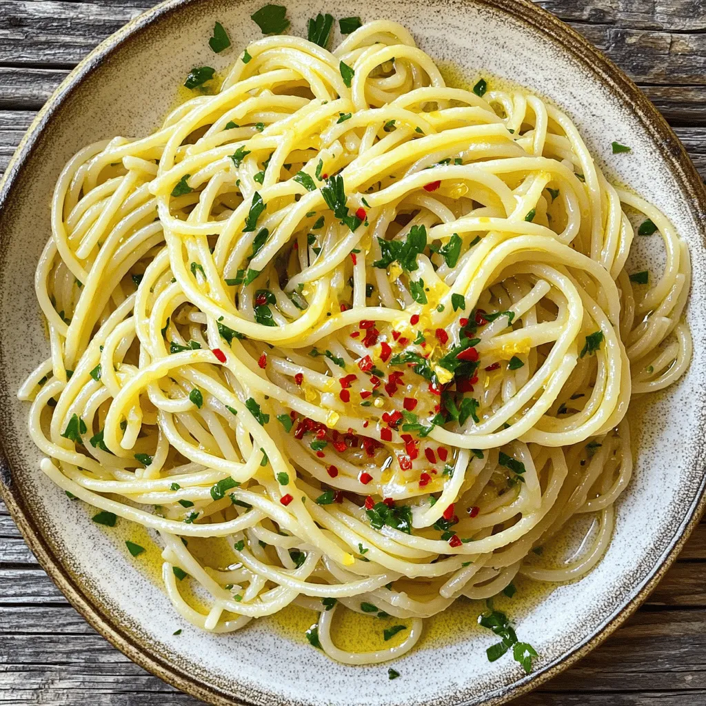 - 400g spaghetti - 6 cloves of garlic, thinly sliced - 1/2 cup extra virgin olive oil - 1 teaspoon red chili flakes (adjust to taste) - 1/2 cup fresh parsley, chopped - Zest of 1 lemon - Grated Parmesan cheese - Salt and pepper Spaghetti Aglio e Olio is simple yet full of flavor. You only need a few main ingredients. The spaghetti serves as a tasty base. Garlic gives the dish its rich aroma. Extra virgin olive oil adds a silky texture. Red chili flakes bring heat and excitement. Fresh parsley brightens the dish, while lemon zest adds a zing. Feel free to adjust the chili flakes to your liking. If you want it spicier, add more. For those who love cheese, grated Parmesan is a great choice. A sprinkle of salt and pepper will enhance every bite. For the full recipe, check out the complete guide above. Enjoy making this classic dish! To start, fill a large pot with water. Add a good amount of salt. This will help flavor the pasta. Bring the water to a boil over high heat. Once boiling, add your spaghetti. Cook it according to the package instructions until it is al dente. This means it should still have a little bite. Reserve one cup of the pasta water. Then, drain the spaghetti in a colander. Next, grab a large skillet. Pour in the extra virgin olive oil and heat it over medium heat. Once hot, add the thinly sliced garlic. Stir it gently. Keep an eye on it as it cooks. You want the garlic to turn golden brown, about three to four minutes. Be careful here! If the garlic burns, it will taste bitter. Now, it’s time to add some heat. Stir in the red chili flakes and sauté for about thirty seconds. This helps to release the chili flavor. After that, add your drained spaghetti to the skillet. Toss the pasta in the garlic oil to coat it well. If the pasta looks dry, add some of that reserved pasta water. This will help create a nice sauce. Once everything is combined, take the skillet off the heat. Stir in the chopped parsley and lemon zest. These add freshness. Finally, season your dish with salt and freshly cracked black pepper to taste. If you like cheese, feel free to sprinkle some grated Parmesan on top before serving. Enjoy your delicious dish! For a complete guide, check out the Full Recipe. To make great garlic oil, watch the heat. Start with medium heat. Too high can burn the garlic. Burnt garlic tastes bad. Stir the garlic often. Cook it until golden brown, which takes about 3-4 minutes. The smell will be amazing! If you burn it, start over; it’s not worth it. Want more heat? Adjust the chili flakes in the recipe. Start with 1 teaspoon. If you like it spicy, add more! You can also try other heat sources. Fresh chili, jalapeños, or hot sauce can add fun flavors. Just remember to balance the heat with the garlic oil. Want to make this dish vegan? Skip the cheese, and it’s still tasty! You can add more veggies, like spinach or broccoli, to boost flavor and nutrition. If you need a gluten-free option, try gluten-free spaghetti. It cooks a bit differently, so check the package for directions. For the full recipe, check out the details above. {{image_2}} You can enhance your Spaghetti Aglio e Olio in simple ways. Adding sun-dried tomatoes gives a sweet, tangy taste. These dried tomatoes add a chewy texture and rich flavor. You can chop them and toss them in with the garlic. Olives or capers also bring a new layer of taste. Their briny flavor contrasts well with the garlic and oil. Just chop them up and mix them in for a salty surprise. While parsley shines in this dish, you can try other herbs too. Fresh basil adds a sweet, aromatic note. Just tear the leaves and sprinkle them before serving. Oregano offers a warm, earthy flavor. It works well with the garlic and oil. You can use fresh or dried oregano, depending on what you have. Seasonal greens like spinach or arugula can also add a fresh twist. Just toss them in right before serving for a vibrant touch. If you want protein in your pasta, grilled chicken is a great choice. Slice it thin and mix it in after you toss the spaghetti. The chicken absorbs the flavors nicely. Shrimp is another tasty option. Cook it in the garlic oil for a quick, seafood twist. The shrimp will soak up that garlic goodness. For a plant-based option, try chickpeas or lentils. They add protein and a hearty feel. Just heat them up in the pan and mix them in with the pasta. For the full recipe, check out the details above! When you have leftovers of Spaghetti Aglio e Olio, store them right. Let the pasta cool before putting it in the fridge. Use an airtight container to keep it fresh. This way, it won’t dry out or absorb other smells. The pasta lasts about three to four days in the fridge. To reheat, you have two good options: the stovetop or the microwave. For the stovetop, add a splash of olive oil to a skillet. Heat it on low, then add the pasta. Stir gently until it's warm. This helps keep the pasta moist and tasty. If you choose the microwave, put the pasta in a microwave-safe bowl. Add a little water or olive oil, cover it, and heat in 30-second bursts. Stir in between to avoid hot spots. You can freeze Spaghetti Aglio e Olio, but it’s best to skip the garlic. Cook the pasta, cool it, and place it in a freezer bag. Remember to squeeze out the air before sealing. It can last up to three months in the freezer. When ready to eat, thaw it in the fridge overnight. Reheat it as described above. This way, you can enjoy a quick meal later without losing flavor. Spaghetti Aglio e Olio is a classic Italian dish. It comes from Naples and means "spaghetti with garlic and oil." The dish is simple, using just a few ingredients. You mainly need spaghetti, garlic, and olive oil. Many Italians enjoy it as a quick meal. Variations exist, like adding anchovies or parsley. To add heat, simply increase the red chili flakes. Start with one teaspoon and adjust to your taste. You can also use fresh red chilies or chili oil for more flavor. Sauté them in the olive oil with the garlic. This step brings out their heat and makes the dish more exciting. Yes, you can make a vegan version. Just leave out the cheese and use extra herbs for flavor. Nutritional yeast is a great substitute for a cheesy taste. It adds a nice umami flavor without dairy. This way, everyone can enjoy this tasty dish. Spaghetti Aglio e Olio pairs well with many dishes. A light salad with lemon dressing is a great choice. Crusty bread also complements it nicely. For wine, a crisp white like Sauvignon Blanc works well. It balances the spice and richness of the oil. Spaghetti Aglio e Olio is simple yet full of flavor. We covered the key ingredients, like garlic and olive oil. Cooking steps help you create the dish perfectly. You learned tips for spice and storage, plus variations to try. Remember, this dish is versatile and fun. Don’t shy away from customizing it to your taste. Enjoy making your own version of this classic dish!