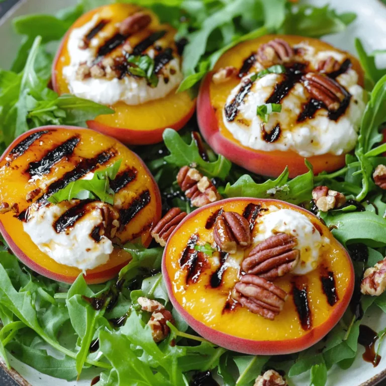 - 2 ripe peaches - 8 ounces burrata cheese - 3 cups of arugula or mixed salad greens - 1/4 cup toasted pecans - 3 tablespoons extra-virgin olive oil - 2 teaspoons balsamic glaze - Salt and pepper to taste - Fresh basil leaves for garnish The key to a great Grilled Peach Burrata Salad lies in selecting the best ingredients. Start with ripe peaches that feel slightly soft when you press them. They should have a sweet smell, indicating they are ready to eat. Next, choose fresh burrata cheese. Burrata is creamy and rich. It adds a luxurious touch to your salad. You want to look for burrata that has a soft texture and a fresh taste. For greens, arugula or mixed salad greens work well. They provide a peppery or mild flavor that balances the sweetness of the peaches and the creaminess of the burrata. To add crunch and flavor, use toasted pecans. Toasting them brings out their nutty taste. You can do this in a dry skillet over medium heat for a few minutes. Extra-virgin olive oil is essential for drizzling. It adds richness and depth. Balsamic glaze provides a sweet-tart flavor that elevates the salad. Finally, don’t forget the seasoning. A touch of salt and pepper enhances all the flavors. Garnish with fresh basil leaves for a pop of color and an aromatic touch. For the full experience, check out the Full Recipe, where I guide you through each step of making this vibrant dish. First, preheat your grill or grill pan over medium heat. This step is key for the best flavor. While it heats up, prepare the peaches. Cut them in half and remove the pits. Brush the cut sides of the peaches with olive oil. Sprinkle a bit of salt on them for extra taste. Once the grill is ready, place the peach halves cut side down on the grill. Cook them for about 3-4 minutes. Watch for nice grill marks and a slight softening. When done, remove them from the grill and let them cool down a bit. This cooling step helps keep their shape when you slice them. In a large serving bowl, add your arugula or mixed greens. Tear the burrata cheese into large pieces. Place the burrata on top of the greens. Next, cut the grilled peaches into slices or wedges. Add these peach slices to the salad. Finally, sprinkle the toasted pecans over the top. Drizzle the remaining olive oil and balsamic glaze over the salad. Add salt and pepper to taste. Toss the salad gently to mix. Be careful not to break the burrata too much. Garnish with fresh basil leaves before serving. For the full recipe, check out the details above. To get those perfect grill marks, always start with a clean grill. Preheat your grill to medium heat. This will help the peaches cook evenly. Brush the cut sides of the peaches with olive oil. This adds flavor and helps them not stick. Place the peaches cut side down on the grill. Cook them for about 3-4 minutes. Look for those beautiful grill marks and a slight softening. Tearing burrata cheese is easy. Use your hands instead of a knife. This keeps the texture nice and creamy. Be gentle when you tear it apart. If you pull too hard, it may break too much. To keep burrata creamy, serve it fresh. Let it sit at room temperature for a few minutes before serving. This helps bring out the flavor. For a beautiful presentation, use a large white platter. This makes the colors pop. You can also use clear glass bowls for a nice look. Pair this salad with a light white wine. A chilled Sauvignon Blanc or Pinot Grigio works great. For sides, try grilled bread or a light soup. This adds a nice touch to your meal. For the full recipe, check out the detailed instructions above. {{image_2}} You can change the fruit in this salad. Try using nectarines or plums. They add a sweet twist. You can also use apricots for a unique flavor. For cheese, if you can't find burrata, use fresh mozzarella or goat cheese. Both will still give a creamy texture. Want to make this salad heartier? Add grilled chicken or shrimp. They pair well with the sweet peaches. For a vegetarian option, toss in some chickpeas. They add protein and make the dish filling. You can also use nuts, like grilled tofu, for extra crunch. Balsamic glaze is great, but you can try other dressings too. A lemon vinaigrette brightens the dish. You can also use a honey mustard dressing for a sweet kick. If you're feeling adventurous, make a homemade dressing! Mix olive oil, lemon juice, and herbs for a fresh flavor. The Full Recipe gives you a solid base to try these changes. To store leftovers from your grilled peach burrata salad, place them in an airtight container. This keeps the salad fresh. I recommend using glass containers. They help maintain the salad's taste and prevent spills. Make sure to separate the peaches from the greens if you can. This keeps everything crisp. In the fridge, the salad stays fresh for about 2 days. The peaches may soften, so eat them quick! If you want to freeze the grilled peaches, do it right after cooking. They can last up to 3 months. Just remember, freezing may change their texture. To reheat grilled peaches, use the microwave for about 30 seconds. This warms them up without drying them out. For serving, mix the salad lightly. Add fresh greens if needed. Drizzle with more olive oil or balsamic glaze for extra flavor. Enjoy your salad as if it was just made! If you can't find burrata cheese, try these options: - Fresh mozzarella - Goat cheese - Ricotta cheese - Feta cheese Each option brings its own flavor to the salad. Fresh mozzarella offers creaminess, while goat cheese adds tang. Ricotta is mild and light, and feta adds a salty kick. Yes, you can prep parts of the salad ahead. Here are some tips: - Grill the peaches a few hours early. - Store them in the fridge to keep them fresh. - Mix the greens and cheese just before serving. This way, your salad stays crisp and tasty. To make a vegan version, use these swaps: - Substitute burrata with vegan cheese like cashew or almond cheese. - For the balsamic glaze, skip honey. Use maple syrup instead. These changes keep the salad both delicious and plant-based. This blog post shared a simple yet delightful grilled peach salad recipe. You learned about the main ingredients, from juicy peaches to creamy burrata. I provided step-by-step instructions to grill and assemble your salad. I also shared tips for perfecting your grilling technique and offered fun variations and storage tips. Enjoy making this salad as a fresh dish for any meal. It’s versatile and sure to impress!