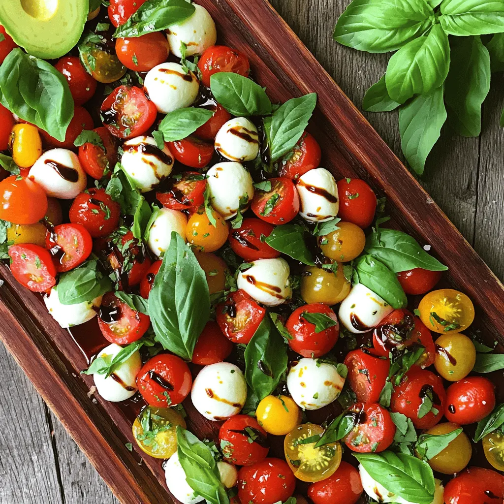 - 2 cups cherry tomatoes, halved - 1 lb fresh mozzarella balls (bocconcini), drained - 1 cup fresh basil leaves - 1/2 cup balsamic glaze - 2 tablespoons extra-virgin olive oil - Salt and pepper to taste - Optional: 1 avocado, diced - Mixing bowl - Serving platter - Cutting board and knife Gathering the right ingredients is key to making a great Balsamic Glazed Caprese Salad. Freshness plays a big role in the taste. For the tomatoes, I love using cherry tomatoes. They are sweet and juicy. Halving them makes it easy to mix in with the other ingredients. Next, we need mozzarella balls, also called bocconcini. They are creamy and soft, which adds a nice texture. Make sure to drain them well so the salad doesn’t get watery. Fresh basil leaves bring a lovely aroma and flavor. Don’t forget to tear them gently to unlock their full taste. Balsamic glaze is the star of this dish. It adds a sweet and tangy flavor. Extra-virgin olive oil enhances the richness. A little salt and pepper will help to balance everything. If you want a creamy touch, consider adding diced avocado. It makes the dish even more satisfying. For tools, you only need a mixing bowl to combine everything. A serving platter is great for a nice presentation. A cutting board and knife help with cutting tomatoes and avocado. With these fresh ingredients and basic tools, you are ready to create a beautiful and tasty salad. For the complete cooking steps, check the Full Recipe. - Step 1: Combine cherry tomatoes and mozzarella. Start by halving the cherry tomatoes. Next, add the fresh mozzarella balls to a large mixing bowl. This mix is colorful and fresh. - Step 2: Add optional avocado for added creaminess. If you want more creaminess, dice an avocado and fold it in gently. It gives a richer taste that many enjoy. - Step 3: Incorporate fresh basil leaves. Tear fresh basil leaves into smaller pieces. This helps release their strong flavor. Add them to the bowl for a fresh aroma. - Step 4: Drizzle balsamic glaze and olive oil. Pour about half a cup of balsamic glaze over the salad. Add two tablespoons of extra-virgin olive oil. This adds a sweet and tangy punch. - Step 5: Season with salt and pepper. Lightly sprinkle salt and pepper over the mixture. This step is key to enhancing all the flavors. - Step 6: Gently toss to combine. Use a large spoon to gently toss all the ingredients together. This ensures every piece gets coated in the glaze and oil. - Step 7: Allow salad to sit to meld flavors. Let the salad sit for about five to ten minutes. This waiting time helps the flavors blend well together. - Step 8: Serve on a platter or individual bowls. Transfer the salad to a serving platter or individual bowls. For a nice touch, drizzle extra balsamic glaze on top. Try this easy recipe for Balsamic Glazed Caprese Salad to impress your friends and family. You can find the full recipe above. - Use high-quality balsamic glaze. This makes a big difference in taste. - Use fresh ingredients for best flavor. Ripe tomatoes and fresh basil shine here. - Garnish with whole basil leaves. This adds color and a nice touch. - Drizzle more balsamic glaze on top. It makes the salad look even better. - Avoid over-tossing the salad. Too much mixing can break the mozzarella. - Don't skip the resting time. Letting the salad sit helps the flavors meld. For a detailed guide, check the Full Recipe. {{image_2}} You can make your Balsamic Glazed Caprese Salad even better. Here are a few ways: - Include grilled corn or zucchini for a sweet touch. - Mix in sliced cucumbers for a nice crunch. These additions bring new flavors and textures. Grilled corn adds sweetness and a smoky taste. Zucchini provides a light, fresh flavor. Sliced cucumbers make every bite crisp and refreshing. Balsamic glaze is great, but you can try other dressings too: - Try a citrus vinaigrette instead of balsamic for a bright flavor. - Use pesto to add an herb-forward taste. Citrus vinaigrette will give your salad a zesty kick. Pesto will make it more fragrant and rich. Both options change the salad's character while keeping it fresh. You can easily adjust this salad for different diets: - Make it vegan by omitting mozzarella. - Choose gluten-free options for any added ingredients. Omitting mozzarella allows everyone to enjoy this dish. You can add more veggies or fruits in its place. These adjustments keep the salad tasty and inclusive. For the best flavor, stick to fresh ingredients and stay true to your tastes. To keep your Balsamic Glazed Caprese Salad fresh, refrigerate it in an airtight container. This helps preserve the flavors and texture. Try to consume the leftovers within 2 days for the best taste. Freezing this salad is not recommended. The fresh ingredients lose their texture and flavor when frozen. You will enjoy this salad best when it's fresh. No reheating is needed for this salad. It is best served chilled, right from the fridge. Enjoy the crisp and fresh taste as is! For the full recipe, check out the [Full Recipe]. Yes, but best to add dressing just before serving. This keeps the salad fresh. If you mix it too early, the tomatoes can get soggy. I suggest preparing the salad a few hours in advance. Just store the tomatoes, mozzarella, and basil separately. You can add the balsamic glaze right before serving for the best taste. Use burrata or feta cheese as alternatives. Burrata gives a creamy texture, while feta adds a salty kick. Both options work well in this salad. If you want a stronger flavor, feta is a great choice. Burrata is perfect for a soft and rich bite. No, balsamic glaze is thicker and sweeter than vinegar. The glaze has a syrupy texture and rich flavor. It makes the salad taste special. You can use balsamic vinegar in a pinch, but it won’t be as sweet or thick. For this recipe, I recommend sticking with balsamic glaze for the best results. For the full recipe, check the ingredients and steps mentioned earlier. This blog post showed you how to make a tasty balsamic glazed Caprese salad. We covered the main ingredients, tools, and step-by-step instructions to create this fresh dish. Remember to use great ingredients and let the flavors meld for the best taste. Try fun variations and storage tips to keep your salad fresh. By following these guidelines, you will enjoy a delicious salad that impresses everyone. Now, it’s time to gather your ingredients and get started! Enjoy your creation!