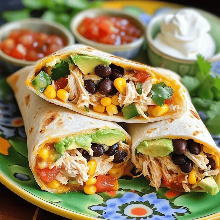 To make Easy Chicken Burritos, gather these ingredients: - 2 cups cooked chicken, shredded - 1 cup black beans, drained and rinsed - 1 cup cooked rice (brown or white) - 1 cup corn (canned or frozen) - 1 ripe avocado, diced - 1 medium tomato, diced - 1/2 cup shredded cheddar cheese - 1/4 cup fresh cilantro, chopped - 2 tablespoons lime juice - 1 teaspoon ground cumin - 1 teaspoon chili powder - Salt and pepper to taste - 4 large flour tortillas - Sour cream and salsa for serving (optional) You will need a few tools to make this dish: - Large mixing bowl - Spoon or spatula for mixing - Clean surface for assembly - Skillet for cooking the burritos - Knife and cutting board for dicing Feel free to make these burritos your own! You can try these optional ingredients: - Jalapeños for heat - Bell peppers for crunch - Different cheeses like pepper jack - Greek yogurt instead of sour cream These additions can change the flavor and texture, making the burritos even more exciting! For the complete cooking process, check the Full Recipe for detailed steps. To make the filling, start by gathering your ingredients. In a large bowl, combine: - 2 cups cooked chicken, shredded - 1 cup black beans, drained and rinsed - 1 cup cooked rice (brown or white) - 1 cup corn (canned or frozen) - 1 ripe avocado, diced - 1 medium tomato, diced - 1/4 cup fresh cilantro, chopped Next, drizzle 2 tablespoons of lime juice over the mixture. Add 1 teaspoon of ground cumin, 1 teaspoon of chili powder, and salt and pepper to taste. Gently fold the mixture until all ingredients are evenly combined. This filling is packed with flavor and nutrition! Now it’s time to assemble the burritos. Lay a large flour tortilla flat on a clean surface. Spoon about 1/4 of the chicken mixture into the center of the tortilla. Make sure not to overfill it, or it will be hard to roll. Next, fold the sides of the tortilla inward. Then, roll it up tightly from the bottom to enclose the filling completely. Repeat this process with the remaining tortillas and filling. Be sure to keep each burrito secure to avoid spills while cooking. To cook the burritos, preheat a skillet over medium heat. Carefully place each burrito seam-side down in the skillet. Cook for about 2-3 minutes on each side until golden and crispy. This step adds a nice crunch to the burrito. Once cooked, remove the burritos from the skillet. Let them cool slightly before slicing them in half. For the best presentation, serve the burritos on a colorful plate, with a side of sour cream and salsa. You can find the full recipe for these flavorful fiesta chicken burritos above. Enjoy your tasty meal! To shred chicken, start with cooked chicken. Use two forks to pull the meat apart. This method gives you nice, even pieces. You can also use your hands if you prefer. For best results, let the chicken cool slightly. Warm chicken can fall apart easily too. To keep your burritos dry, use a few tips. First, drain all canned ingredients well. This stops extra moisture. Next, don’t overfill your tortillas. Stick to about one-quarter of the filling per burrito. Finally, wrap them tightly. This helps keep everything in place and reduces sogginess. Spices and sauces can add a lot of flavor. Try adding more chili powder or cumin for a kick. A splash of hot sauce can also spice things up. For a fresh twist, add lime juice to your filling. You can also serve your burritos with salsa or sour cream. These toppings can enhance the taste and make your meal even better. For more flavor ideas, check out the Full Recipe. {{image_2}} You can make a tasty vegetarian version of these burritos. Swap the chicken for more beans or veggies. Use ingredients like grilled zucchini, bell peppers, and mushrooms. Adding extra cheese or black beans boosts flavor and protein. This way, you get a filling meal without meat. If you want to switch up the protein, try ground beef or turkey. Shredded pork also works well. Each choice brings its own flavor. You can even use fish or shrimp for a lighter option. Just make sure to cook the protein fully before adding it to the burrito. You can change the flavor of your burritos easily. For a Tex-Mex twist, add jalapeños, taco seasoning, and pico de gallo. A Southwest style can include chipotle sauce, corn salsa, and avocado. These flavors give your meal a fun kick. Don’t be afraid to mix and match ingredients to find your perfect taste. For more details on making these delicious burritos, check out the Full Recipe. After enjoying your burritos, let any leftovers cool. Place them in an airtight container. This keeps them fresh for up to three days in the fridge. Make sure to seal the container well to prevent drying out. If you want to save burritos for later, wrap each one tightly in plastic wrap. Then, place the wrapped burritos in a freezer bag. Label the bag with the date. You can freeze them for up to three months. When ready to eat, just thaw them in the fridge overnight. To reheat, you have a few good options. The microwave is quick; just heat for one to two minutes. If you want a crispy burrito, use a skillet. Heat it on medium heat for about five minutes per side. This makes the outside nice and crunchy, just like when you first made them. To keep your burritos intact, use large tortillas. They hold more filling. Make sure to not overfill them. Place the filling in the center, about a quarter of the mixture. Fold the sides in first, then roll tightly from the bottom. This method helps hold everything together. If you want extra security, you can lightly toast the burritos after rolling. This creates a crispy shell that helps hold the filling. Yes, you can use whole wheat tortillas. They offer a nice nutty flavor and are healthier. Whole wheat tortillas can make your burritos more filling. Keep in mind they may be a bit less pliable than regular flour tortillas. Warm them slightly in the microwave for about 10 seconds. This makes them softer and easier to roll. Many sides go well with Easy Chicken Burritos. Here are some ideas: - Mexican rice: A perfect complement for those who love carbs. - Refried beans: Creamy and rich, they balance the burrito nicely. - Chips and salsa: Crunchy and fresh, they add a fun texture. - Guacamole: Creamy avocado dip adds richness and flavor. - Corn salad: Bright and refreshing, it lifts the meal. You can also find the Full Recipe for more ideas and tips on making your burritos shine! This guide covered everything you need for delicious burritos. You learned about ingredients, tools, and cooking steps. I shared tips to make perfect burritos and ways to store them. You can try different flavors and proteins to suit your taste. Remember, a well-made burrito brings joy to any meal. Now, get cooking and enjoy your tasty creation!