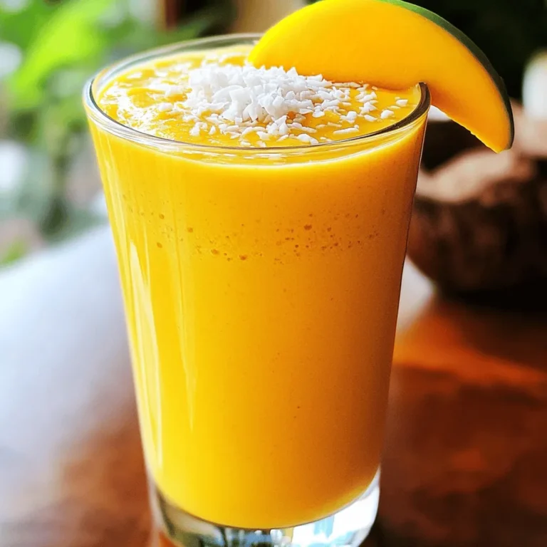 To make a delicious Mango Coconut Protein Shake, gather these key ingredients: - 1 ripe mango, peeled and diced - 1 cup coconut milk (canned or carton) - 1 scoop vanilla or coconut protein powder - 1 tablespoon unsweetened shredded coconut - 1 tablespoon honey or maple syrup (optional) - 1/2 cup ice cubes - A pinch of salt Each ingredient plays an important role. The ripe mango gives natural sweetness and a vibrant color. Coconut milk provides creaminess and a tropical flavor. Protein powder boosts the shake’s nutritional value, making it great for a post-workout treat. Shredded coconut adds texture and richness. Honey or maple syrup is optional, but it can enhance sweetness if needed. Ice cubes chill the shake and make it refreshing. Finally, a pinch of salt balances the flavors. Follow the [Full Recipe] for detailed steps to create your shake. Enjoy the blend of flavors and nutrients in every sip! To start, you need to prepare your ingredients. First, peel and dice the ripe mango. This fruit adds a sweet and tropical taste to your shake. If you use canned coconut milk, shake or stir it well to mix the cream and liquid. Next, gather your protein powder, shredded coconut, honey or maple syrup, ice cubes, and a pinch of salt. Now it's time to blend. Place the diced mango, coconut milk, protein powder, shredded coconut, and honey or maple syrup into your blender. Add the ice cubes and a pinch of salt to balance the flavors. Blend the mixture on high until it becomes smooth and creamy. You want to ensure there are no chunks of mango left. This should take about 30-45 seconds. After blending, taste your shake. If it needs more sweetness, add a bit more honey or maple syrup. Blend again for a few seconds to mix it all in. Pour your shake into a tall glass or a to-go cup for easy drinking. To make it look nice, you can garnish it with a sprinkle of shredded coconut on top. A slice of fresh mango on the rim adds a pretty touch. Enjoy your mango coconut protein shake chilled for a refreshing boost! For the full recipe, refer to the earlier section. To get the best texture, start with the right order of ingredients. Put the liquids first, then add the solids. This helps the blender mix better. Use a high-speed blender for smooth results. If you want a creamier shake, add more coconut milk. Blend for 30-45 seconds. This should give you a nice, smooth drink. To avoid any chunks, make sure to blend until you see no mango pieces left. If you still find chunks, give it a quick second blend. You can also cut the mango into small pieces to help it blend easily. You can choose between honey and maple syrup for sweetness. Honey gives a rich taste, while maple syrup adds a unique flavor. If you want a healthier option, consider using mashed banana or dates. Both options add natural sweetness. Start with one tablespoon of your chosen sweetener. Then, taste the shake. If it needs more sweetness, add a little more and blend again. This way, you have full control over how sweet your shake will be. To boost nutrition, think about adding greens like spinach or kale. These options blend well and add vitamins. You can also add superfoods like chia seeds or flaxseeds for extra fiber and omega-3s. If you want more protein, try adding Greek yogurt or more protein powder. Both will make your shake even more filling. Just remember to adjust the other ingredients if you add more. This way, you keep the balance of flavors right. {{image_2}} You can easily change the flavor of your mango coconut protein shake. Try adding other fruits like banana or pineapple. Bananas give it a creamy texture. Pineapples add a sweet and tart taste. Both options will make your shake even more delicious. You can also experiment with different protein powders. Try chocolate or berry flavors for new taste experiences. If you want a dairy-free shake, you have great options. You can swap coconut milk for almond or oat milk. Both will still keep your shake creamy. Look for dairy-free protein powders too. Many brands offer tasty plant-based options that work well in this shake. Make the most of seasonal fruits for your shake. In summer, combine mango with fresh berries or peaches. These fruits add bright flavors. In winter, use frozen fruits for convenience. They blend well and stay fresh longer. This way, you can enjoy a tropical feel all year round! To store leftover mango coconut protein shake, follow these tips: - Place the shake in an airtight container. - Leave some space at the top for expansion. - Store in the fridge and consume within 24 hours for best taste. For refrigerator storage, use glass or BPA-free plastic containers. These keep the shake fresh and safe. If you want an easy option, try a mason jar. It's perfect for single servings. You can freeze the shake for later use. Here’s how: - Pour the shake into ice cube trays or freezer-safe bags. - Leave space for expansion if using bags. - Seal tightly and label with the date. To thaw, place the frozen shake in the fridge overnight. For quick use, run the bag under warm water. Blend again for a smooth texture. In the fridge, the shake lasts about 1 day. If you see separation, just shake or stir it. However, if it smells sour or looks strange, it’s best to toss it. Always trust your senses when checking for freshness. How to make a mango coconut protein shake? To make a mango coconut protein shake, gather your ingredients. You need a ripe mango, coconut milk, protein powder, shredded coconut, ice, and salt. 1. Dice the mango and prepare the coconut milk. 2. Blend all ingredients together until smooth. 3. Enjoy your shake cold! Can I use frozen mango for this recipe? Yes, you can use frozen mango. It adds a nice chill and makes the shake thicker. Just toss it in the blender with the other ingredients. No need for ice if you use frozen mango! Is a protein shake healthy for breakfast? Yes, a protein shake can be a healthy breakfast. It provides protein, vitamins, and healthy fats. This can keep you full and energized. Just make sure to balance it with other food throughout the day. What are the benefits of using coconut milk? Coconut milk adds creaminess and a tropical flavor. It’s dairy-free and can help those with lactose intolerance. It also contains healthy fats that support heart health. How can I make this shake vegan? To make this shake vegan, use plant-based protein powder. Also, choose agave syrup instead of honey. The rest of the ingredients are already vegan-friendly! What can I substitute for protein powder? You can use Greek yogurt or silken tofu as a substitute. These options add protein too. Just blend them in with the other ingredients for a smooth texture. For the full recipe, check out the detailed steps above. Enjoy! This blog post covered how to create a delicious mango coconut protein shake. We explored the ingredients needed and the easy steps for making it. Remember to blend well for a smooth texture and adjust sweetness to your liking. Consider adding fruits for extra flavor or nutrients. You can store leftovers in the fridge or freeze them for later. Enjoy experimenting with variations. Don't forget, a tasty shake can boost your day!