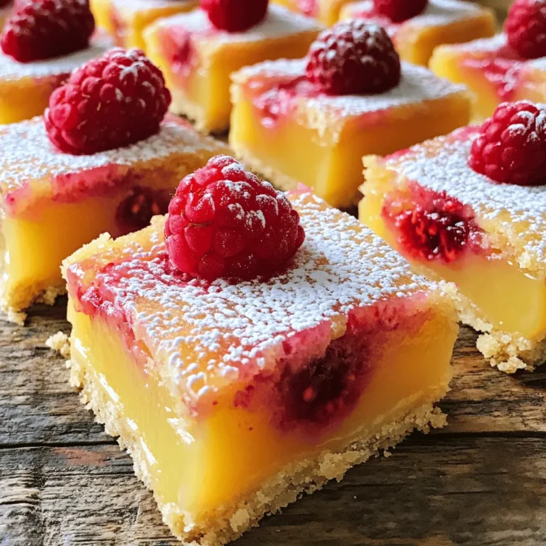 To make these tasty raspberry lemonade bars, gather these key ingredients: - 1 cup all-purpose flour - 1/2 cup powdered sugar - 1/4 teaspoon salt - 1/2 cup unsalted butter, softened - 2 large eggs - 1 cup granulated sugar - 1/2 cup fresh lemon juice (about 2-3 lemons) - 1 teaspoon lemon zest - 1/2 cup fresh raspberries (plus extra for garnish) - 1/4 teaspoon baking powder - Extra powdered sugar for dusting These ingredients create a perfect balance of sweet and tart flavors. The lemon juice gives a refreshing zing. The raspberries add a lovely burst of color and taste. You will need some basic tools to prepare your bars: - Mixing bowls - Whisk - Measuring cups and spoons - 9x9-inch baking pan - Parchment paper - Oven Having the right tools makes cooking easier and more fun. For a beautiful finish, use these garnishing items: - Fresh raspberries - Extra powdered sugar These extras not only add visual appeal but also enhance the flavors of your bars. Enjoy making and sharing these delightful treats! First, preheat your oven to 350°F (175°C). This step is key for even baking. Grease a 9x9-inch baking pan. Line it with parchment paper. Leave some paper hanging over the sides. This helps with easy removal later. In a bowl, mix together the flour, powdered sugar, and salt. Add the softened butter and blend until it looks like fine crumbs. Press this mixture firmly into the bottom of your prepared pan. Bake it for about 15 minutes. You want it to be lightly golden. In a separate bowl, whisk the eggs and granulated sugar together until well mixed. Stir in the fresh lemon juice and zest. Add the raspberries gently, so they don't break apart. Finally, mix in the baking powder until just combined. After the crust is done, pour the raspberry lemon filling over the hot crust. Spread it evenly with a spatula. Return the pan to the oven and bake for 20-25 minutes. Check if the center is set by inserting a toothpick. It should come out clean. Once done, let the bars cool at room temperature for about 30 minutes. Chill them in the fridge for at least one hour. Lift the bars out using the parchment paper and cut them into squares. Dust with extra powdered sugar and add fresh raspberries for a lovely look. For the complete process, refer to the Full Recipe. To get the best flavor in your raspberry lemonade bars, use fresh ingredients. Fresh lemons give a bright taste. Fresh raspberries add a deep, fruity note. Mix the lemon juice and zest well for a strong burst of flavor. Whisk the eggs and sugar until smooth. This helps the filling blend nicely. For a tangy twist, add a pinch of salt. It enhances the sweet-tart balance. Avoid using old or frozen raspberries. They lack the vibrant taste of fresh ones. Don’t overmix the filling; it can make your bars tough. Also, make sure your oven is preheated. A cold oven can lead to uneven baking. Remember to let the bars cool completely before cutting. Cutting too soon can lead to messy squares. To make your bars pop, use bright raspberries on top. Dust the bars with powdered sugar for a snowy look. Adding lemon zest on top gives a nice touch. You can also serve them on a colorful plate. Consider adding mint leaves for a fresh green contrast. A little creativity goes a long way in making these bars look appealing. For the full recipe, check the recipe section above! {{image_2}} You can change the fruit in these bars to fit your taste. Try blueberries for a sweet twist. They give a nice color too. Cherries work well and add a lovely tart flavor. If you want a tropical vibe, use mango. It pairs nicely with lemon. If you need a gluten-free crust, swap the all-purpose flour for almond flour. This will give a nutty flavor. You can also use a gluten-free baking mix. Just make sure it has a good texture. Add a bit more butter if needed to keep it moist. To change the sweetness, add more or less sugar. Taste the filling before baking. If you want it less tart, use more sugar. For a bolder lemon flavor, add an extra tablespoon of lemon juice. You can even mix in some lemon zest to boost the taste. For the full recipe, check out the details above. To keep your Raspberry Lemonade Bars fresh, store them in an airtight container. This helps keep moisture out and flavor in. You can place parchment paper between layers to prevent sticking. For best results, store them in the fridge. The cool air will keep them firm and tasty. You can freeze Raspberry Lemonade Bars if you want to save some for later. First, cut the bars into squares. Then, wrap each square tightly in plastic wrap. Place the wrapped bars in a freezer bag or container. Make sure to label the bag with the date. They will last up to three months in the freezer. When you're ready to enjoy, let them thaw in the fridge overnight. Raspberry Lemonade Bars will stay fresh in the fridge for about five days. After that, they may lose some of their flavor and texture. To keep them at their best, avoid leaving them out at room temperature for too long. Always check for changes in color or smell before eating. For the best taste, enjoy them within the first few days after making. For the complete recipe, refer to the [Full Recipe]. Yes, you can use frozen raspberries. Just make sure to thaw and drain them first. This helps avoid extra moisture in your bars. Frozen berries can work well and still taste great. You’ll know the bars are done when the center is set. Insert a toothpick into the center. If it comes out clean, your bars are ready. They may still jiggle slightly, but that's okay. They will firm up as they cool. If you don’t have lemon juice, try using lime juice. Lime gives a nice tangy flavor. You can also use vinegar, but it may change the taste a bit. Citrus zest from oranges can work too, for a sweeter flavor. Yes, you can make a vegan version! Replace eggs with flax eggs or applesauce. Use a plant-based butter for the crust. For the filling, keep the fresh raspberries and adjust the sugar. You can find a full recipe online for guidance. You learned how to make tasty raspberry lemonade bars. We covered ingredients, tools, and tips. I shared step-by-step instructions for a smooth process. You can play with flavors and make variations too. Don't forget the best ways to store your bars for freshness. Enjoy making and sharing these delicious treats. They are sure to impress your friends and family. Happy baking!