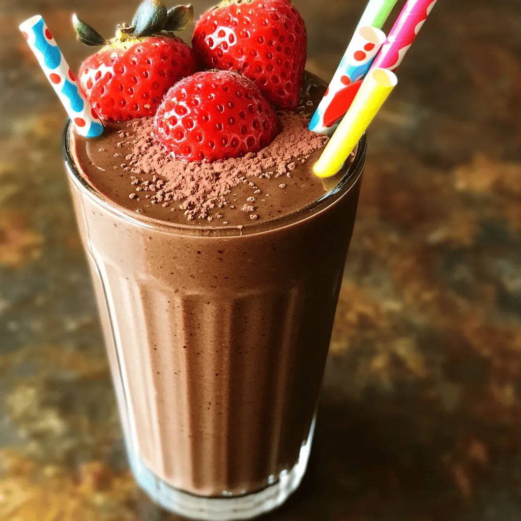 To make a delicious Chocolate Strawberry Smoothie, you need a few simple ingredients. Here’s what you will need: - 1 cup fresh strawberries, hulled - 1 ripe banana, frozen - 1 cup unsweetened almond milk (or milk of choice) - 2 tablespoons cocoa powder - 1 tablespoon honey or maple syrup - 1 tablespoon chia seeds (optional) - Ice cubes (optional) Each ingredient plays an important role. The strawberries give a fresh taste. The frozen banana adds creaminess and sweetness. Almond milk makes it smooth. Cocoa powder brings that rich chocolate flavor. Honey or maple syrup adds extra sweetness, but you can adjust it to your taste. Chia seeds are optional but they add fiber and nutrients. Ice cubes make the smoothie thicker and colder, which is great for hot days. Gather these ingredients, and you're ready to create your tasty treat. For the full recipe, check the section above. - Step 1: Prepare the ingredients Start by preparing your ingredients. Hull one cup of fresh strawberries. Peel one ripe banana if it isn’t already frozen. - Step 2: Combine ingredients in the blender In your blender, combine the hulled strawberries, frozen banana, and one cup of unsweetened almond milk. - Step 3: Blend until smooth Add two tablespoons of cocoa powder and one tablespoon of honey or maple syrup. If you want, add one tablespoon of chia seeds for extra nutrition. Blend everything on high until it’s smooth and creamy. - Step 4: Adjust sweetness and re-blend if needed Taste your smoothie. If it needs more sweetness, add more honey or maple syrup. Blend again briefly to mix. - Step 5: Serve the smoothie Pour your smoothie into chilled glasses. Enjoy it right away for the best taste. For a fun touch, garnish with whole strawberries and cocoa powder. You can find the complete details in the Full Recipe. To get the best Chocolate Strawberry Smoothie, focus on the right texture. For a creamy blend, use a frozen banana. It adds natural sweetness and thickness. If you want it thicker, add ice cubes. Blend until smooth, then check the consistency. Balancing sweetness is key. Start with one tablespoon of honey or maple syrup. Taste before adding more. Some strawberries are sweeter than others, so adjust based on what you use. You can add even more nutrition with extras. Chia seeds bring fiber and omega-3s. Try adding a scoop of protein powder for a boost. You can also use spinach for a green twist that won’t change the flavor much. For the full recipe, check the details above. {{image_2}} You can have fun with this chocolate strawberry smoothie. Here are some cool ideas to try: - Different Fruits: Swap strawberries for other fruits. Raspberries or blueberries work great. They add new flavors and colors to your drink. You can also mix fruits for a fun twist. - Alternative Sweeteners: If you want less sugar, use agave or stevia instead of honey or maple syrup. These options can make your smoothie sweet without adding too many calories. - Dairy-Free and Vegan Options: Use coconut milk or oat milk to keep it dairy-free. These milks add extra creaminess. Check the labels to ensure they are vegan if that matters to you. These variations let you create your perfect chocolate strawberry smoothie. You can find more ideas in the Full Recipe section. Enjoy experimenting! You may have some smoothie left after making your Chocolate Strawberry Bliss Smoothie. Storing it well keeps it fresh. Here are some simple tips: - Refrigeration tips: Place your smoothie in the fridge within two hours of making it. Use a lid to cover the container. This keeps it cool and fresh for up to 24 hours. - Best containers for storage: Use glass jars or BPA-free plastic containers. These materials help keep flavors intact. Choose containers that seal tightly to prevent spills and air from getting in. - Freezing smoothies for later: You can freeze the smoothie if you have more than one serving. Pour it into ice cube trays or freezer-safe bags. When you’re ready to enjoy it, let it thaw overnight in the fridge. Blend it again if needed for a smooth texture. Storing your smoothie correctly ensures you enjoy that delightful flavor later! For the full recipe, check the section above. Can I use frozen strawberries instead of fresh? Yes, you can use frozen strawberries. They make the smoothie cold and thick. Frozen fruit is great for a creamy texture. Just toss them in the blender, and you're ready to go. What can I use instead of almond milk? You can use any milk you like. Regular cow's milk, soy milk, or oat milk are good choices. Each will change the flavor a bit. Choose what you enjoy most for your smoothie. How many calories are in a chocolate strawberry smoothie? This smoothie has about 200-250 calories per serving. The calories depend on the milk and sweeteners you choose. Using less sweetener can help cut calories too. Can I make this smoothie ahead of time? Yes, you can prepare it ahead. Store it in the fridge for up to 24 hours. Just give it a good shake or stir before drinking. The taste will still be fresh! Is this smoothie healthy? Yes, this smoothie is quite healthy! It has fruit, fiber, and some good fats from chia seeds. The cocoa powder adds antioxidants. Just watch the sweetener if you're cutting back on sugar. For the full recipe, check out the Chocolate Strawberry Bliss Smoothie. You learned how to make a delicious chocolate strawberry smoothie. Fresh strawberries, a ripe banana, and almond milk create a tasty treat. I shared steps to blend it perfectly, tips for adjustments, and cool variations to try. You also got storage tips for leftovers. Smoothies are easy to enjoy, healthy, and customizable. Now you can sip on this great drink any time!
