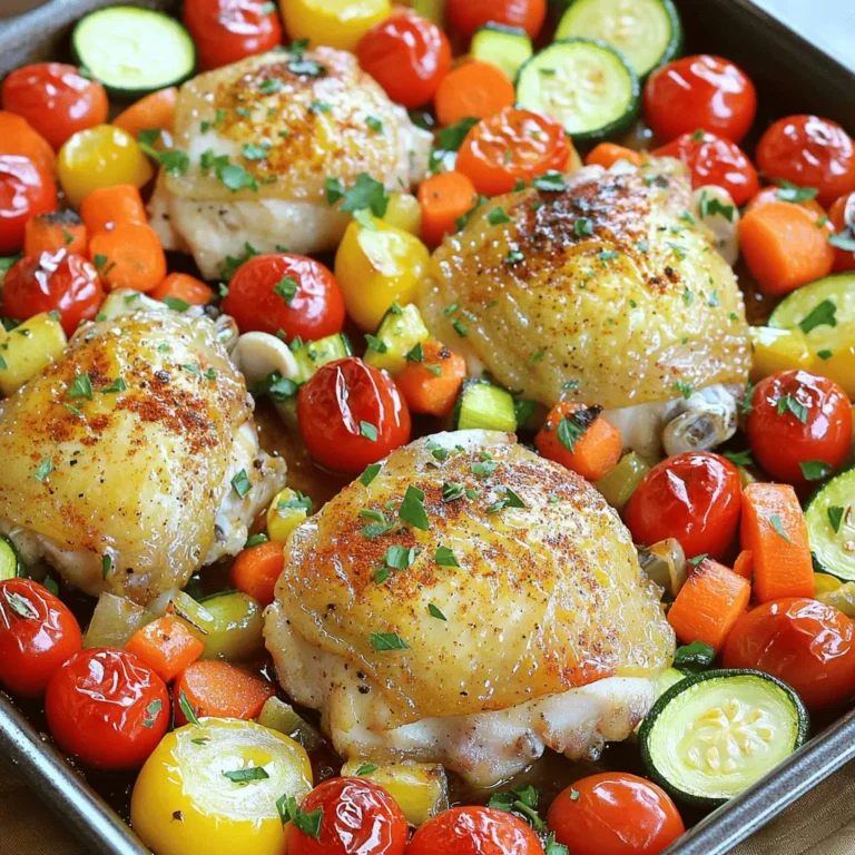 - 4 boneless, skinless chicken thighs - 2 tablespoons olive oil - 1 teaspoon garlic powder - 1 teaspoon paprika - 1 teaspoon dried oregano - Salt and pepper to taste - 1 cup cherry tomatoes, halved - 1 zucchini, sliced - 1 bell pepper (red or yellow), diced - 1 cup baby carrots - Fresh parsley for garnish The main ingredients for this dish are simple and fresh. The chicken thighs make it juicy and tender. Using skinless thighs keeps things light. You can substitute chicken breasts if you prefer. The vegetables add color and flavor. Cherry tomatoes burst with sweetness. Zucchini and bell peppers bring crunch and freshness. Baby carrots add a nice touch of sweetness. Feel free to mix and match veggies based on what you have. - 1 teaspoon garlic powder - 1 teaspoon paprika - 1 teaspoon dried oregano - Salt and pepper to taste These seasonings bring the dish to life. Garlic powder adds a savory kick. Paprika gives it a warm, smoky flavor. Oregano adds a hint of earthiness. You can also explore other seasonings. Consider adding thyme or rosemary for a different taste. A sprinkle of red pepper flakes can add heat. Get creative based on your taste buds! This mixture of simple ingredients and seasonings makes the One Pan Chicken and Veggies recipe both easy and delicious. Check out the Full Recipe for complete details. Preheating the oven Set your oven to 425°F (220°C). This high heat helps the chicken and veggies cook quickly and evenly. Preparing the marinade In a small bowl, mix together 2 tablespoons of olive oil, 1 teaspoon of garlic powder, 1 teaspoon of paprika, and 1 teaspoon of dried oregano. Add salt and pepper to taste. This blend will give your chicken great flavor. Marinating the chicken Place 4 boneless, skinless chicken thighs in a mixing bowl or a resealable bag. Pour the marinade over the chicken, making sure each piece is coated well. Let them sit for at least 15 minutes. This step is key for juicy, tasty chicken. Arranging ingredients in the pan While the chicken marinates, wash and cut your veggies. You will need 1 cup of halved cherry tomatoes, 1 sliced zucchini, 1 diced bell pepper (red or yellow), and 1 cup of baby carrots. On a large baking sheet, place the marinated chicken in the center. Spread the veggies around the chicken, and drizzle any leftover marinade over them. Cooking duration Roast the chicken and veggies in the oven for 25-30 minutes. This timing allows the chicken to cook through while the vegetables become tender. Checking doneness Use a meat thermometer to ensure the chicken reaches 165°F (75°C). The juices should run clear. If the chicken is done, take it out of the oven and let it rest for 5 minutes before serving. This resting time helps keep the chicken juicy and flavorful. For the complete recipe, check out the Full Recipe section. Marinating chicken is key for flavor. It helps the meat absorb spices and moisture. I suggest marinating for at least 15 minutes. Longer is fine, too. Just don't let it sit too long, or the meat may get mushy. Always check the chicken's temperature. Use a meat thermometer to confirm it reaches 165°F (75°C). This ensures it is safe to eat. Make sure to insert the thermometer into the thickest part of the meat. To boost the flavor, add more herbs and spices. Fresh herbs like thyme or rosemary work great. You can also try a sprinkle of chili flakes for heat. If you like a tangy kick, use lemon or lime zest. It brightens the dish and adds freshness. Prep your ingredients in advance. Chop your vegetables while the chicken marinates. This cuts down on cooking time. You can also line your baking sheet with parchment paper. This makes cleanup a breeze and helps prevent sticking. Use a sharp knife for quick vegetable cutting. A good knife saves time and effort. You can also roast the chicken and veggies at the same time. This creates a complete meal in one pan, saving you time and dishes. For the full recipe, check the One Pan Chicken and Veggies Delight. {{image_2}} You can change the veggies to match the season or your taste. Try using asparagus in spring or butternut squash in fall. Mixing colors makes the dish pop. Use purple eggplant or orange carrots for a vibrant look. Seasonal vegetables taste best and keep your meals exciting. If you want a different protein, chicken is not your only choice. You can use pork chops or turkey breast for a change. If you prefer plant-based meals, try tofu or chickpeas. Marinating these options gives them great flavor too. You can switch up how you cook your meal. A sheet pan is easy for roasting. You can also use a skillet for stovetop cooking if you want to keep an eye on things. For a faster option, try an Instant Pot. Just adjust the cooking time and enjoy a quicker meal. For more details, check the Full Recipe. To keep leftovers fresh, use airtight containers. Glass or BPA-free plastic works well. Make sure to cool the food to room temperature before sealing. This helps prevent moisture buildup. Store the chicken and veggies in the fridge. They last up to three days if stored properly. You can reheat your meal in the microwave or oven. For the microwave, put your portion in a safe dish. Heat it for 1-2 minutes. Stir halfway through for even heating. If you prefer the oven, preheat it to 350°F (175°C). Place the chicken and veggies on a baking sheet. Bake for about 10-15 minutes. This keeps the chicken juicy and the veggies tender. To freeze this dish, let it cool completely first. Use freezer-safe containers or bags. Make sure to remove as much air as possible. This helps prevent freezer burn. It can store well for up to three months. When you're ready to eat, thaw it in the fridge overnight. For a quick method, you can use the microwave's defrost setting. This will ensure your meal stays tasty. You should marinate the chicken for at least 15 minutes. This allows the flavors to soak in. If you have more time, marinating for up to 2 hours will enhance the taste even more. Yes, you can prepare the chicken and veggies in advance. Just marinate the chicken and chop the veggies. Store them in the fridge. When you're ready to cook, just spread them on the pan and roast. Great choices for roasting include: - Cherry tomatoes - Zucchini - Bell peppers - Baby carrots Other options can be broccoli, asparagus, or sweet potatoes. Pick colorful veggies for a nice mix. Using olive oil is not strictly necessary, but it helps with flavor and browning. You can use other oils, like avocado or canola oil. They also work well for roasting. This recipe is already gluten-free! None of the ingredients contain gluten. Always check labels on packaged items to be safe. The best way to check if the chicken is done is by using a meat thermometer. The chicken should reach an internal temperature of 165°F (75°C). You can also cut into it; the juices should run clear. This blog post shared how to make a juicy roasted chicken with veggies. You learned about key ingredients, like chicken, vegetables, and marinades, plus tasty seasonings. I provided clear steps for preparing and cooking your meal, ensuring perfect results. We also explored variations for protein and methods, along with tips for storing leftovers. With these techniques, you can create a dish everyone will love. Enjoy your cooking, and remember that experimenting in the kitchen can lead to delicious surprises!
