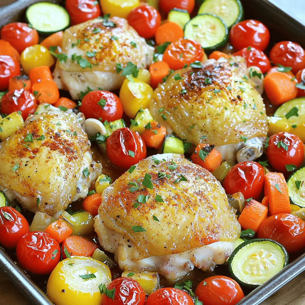 - 4 boneless, skinless chicken thighs - 2 tablespoons olive oil - 1 teaspoon garlic powder - 1 teaspoon paprika - 1 teaspoon dried oregano - Salt and pepper to taste - 1 cup cherry tomatoes, halved - 1 zucchini, sliced - 1 bell pepper (red or yellow), diced - 1 cup baby carrots - Fresh parsley for garnish The main ingredients for this dish are simple and fresh. The chicken thighs make it juicy and tender. Using skinless thighs keeps things light. You can substitute chicken breasts if you prefer. The vegetables add color and flavor. Cherry tomatoes burst with sweetness. Zucchini and bell peppers bring crunch and freshness. Baby carrots add a nice touch of sweetness. Feel free to mix and match veggies based on what you have. - 1 teaspoon garlic powder - 1 teaspoon paprika - 1 teaspoon dried oregano - Salt and pepper to taste These seasonings bring the dish to life. Garlic powder adds a savory kick. Paprika gives it a warm, smoky flavor. Oregano adds a hint of earthiness. You can also explore other seasonings. Consider adding thyme or rosemary for a different taste. A sprinkle of red pepper flakes can add heat. Get creative based on your taste buds! This mixture of simple ingredients and seasonings makes the One Pan Chicken and Veggies recipe both easy and delicious. Check out the Full Recipe for complete details. Preheating the oven Set your oven to 425°F (220°C). This high heat helps the chicken and veggies cook quickly and evenly. Preparing the marinade In a small bowl, mix together 2 tablespoons of olive oil, 1 teaspoon of garlic powder, 1 teaspoon of paprika, and 1 teaspoon of dried oregano. Add salt and pepper to taste. This blend will give your chicken great flavor. Marinating the chicken Place 4 boneless, skinless chicken thighs in a mixing bowl or a resealable bag. Pour the marinade over the chicken, making sure each piece is coated well. Let them sit for at least 15 minutes. This step is key for juicy, tasty chicken. Arranging ingredients in the pan While the chicken marinates, wash and cut your veggies. You will need 1 cup of halved cherry tomatoes, 1 sliced zucchini, 1 diced bell pepper (red or yellow), and 1 cup of baby carrots. On a large baking sheet, place the marinated chicken in the center. Spread the veggies around the chicken, and drizzle any leftover marinade over them. Cooking duration Roast the chicken and veggies in the oven for 25-30 minutes. This timing allows the chicken to cook through while the vegetables become tender. Checking doneness Use a meat thermometer to ensure the chicken reaches 165°F (75°C). The juices should run clear. If the chicken is done, take it out of the oven and let it rest for 5 minutes before serving. This resting time helps keep the chicken juicy and flavorful. For the complete recipe, check out the Full Recipe section. Marinating chicken is key for flavor. It helps the meat absorb spices and moisture. I suggest marinating for at least 15 minutes. Longer is fine, too. Just don't let it sit too long, or the meat may get mushy. Always check the chicken's temperature. Use a meat thermometer to confirm it reaches 165°F (75°C). This ensures it is safe to eat. Make sure to insert the thermometer into the thickest part of the meat. To boost the flavor, add more herbs and spices. Fresh herbs like thyme or rosemary work great. You can also try a sprinkle of chili flakes for heat. If you like a tangy kick, use lemon or lime zest. It brightens the dish and adds freshness. Prep your ingredients in advance. Chop your vegetables while the chicken marinates. This cuts down on cooking time. You can also line your baking sheet with parchment paper. This makes cleanup a breeze and helps prevent sticking. Use a sharp knife for quick vegetable cutting. A good knife saves time and effort. You can also roast the chicken and veggies at the same time. This creates a complete meal in one pan, saving you time and dishes. For the full recipe, check the One Pan Chicken and Veggies Delight. {{image_2}} You can change the veggies to match the season or your taste. Try using asparagus in spring or butternut squash in fall. Mixing colors makes the dish pop. Use purple eggplant or orange carrots for a vibrant look. Seasonal vegetables taste best and keep your meals exciting. If you want a different protein, chicken is not your only choice. You can use pork chops or turkey breast for a change. If you prefer plant-based meals, try tofu or chickpeas. Marinating these options gives them great flavor too. You can switch up how you cook your meal. A sheet pan is easy for roasting. You can also use a skillet for stovetop cooking if you want to keep an eye on things. For a faster option, try an Instant Pot. Just adjust the cooking time and enjoy a quicker meal. For more details, check the Full Recipe. To keep leftovers fresh, use airtight containers. Glass or BPA-free plastic works well. Make sure to cool the food to room temperature before sealing. This helps prevent moisture buildup. Store the chicken and veggies in the fridge. They last up to three days if stored properly. You can reheat your meal in the microwave or oven. For the microwave, put your portion in a safe dish. Heat it for 1-2 minutes. Stir halfway through for even heating. If you prefer the oven, preheat it to 350°F (175°C). Place the chicken and veggies on a baking sheet. Bake for about 10-15 minutes. This keeps the chicken juicy and the veggies tender. To freeze this dish, let it cool completely first. Use freezer-safe containers or bags. Make sure to remove as much air as possible. This helps prevent freezer burn. It can store well for up to three months. When you're ready to eat, thaw it in the fridge overnight. For a quick method, you can use the microwave's defrost setting. This will ensure your meal stays tasty. You should marinate the chicken for at least 15 minutes. This allows the flavors to soak in. If you have more time, marinating for up to 2 hours will enhance the taste even more. Yes, you can prepare the chicken and veggies in advance. Just marinate the chicken and chop the veggies. Store them in the fridge. When you're ready to cook, just spread them on the pan and roast. Great choices for roasting include: - Cherry tomatoes - Zucchini - Bell peppers - Baby carrots Other options can be broccoli, asparagus, or sweet potatoes. Pick colorful veggies for a nice mix. Using olive oil is not strictly necessary, but it helps with flavor and browning. You can use other oils, like avocado or canola oil. They also work well for roasting. This recipe is already gluten-free! None of the ingredients contain gluten. Always check labels on packaged items to be safe. The best way to check if the chicken is done is by using a meat thermometer. The chicken should reach an internal temperature of 165°F (75°C). You can also cut into it; the juices should run clear. This blog post shared how to make a juicy roasted chicken with veggies. You learned about key ingredients, like chicken, vegetables, and marinades, plus tasty seasonings. I provided clear steps for preparing and cooking your meal, ensuring perfect results. We also explored variations for protein and methods, along with tips for storing leftovers. With these techniques, you can create a dish everyone will love. Enjoy your cooking, and remember that experimenting in the kitchen can lead to delicious surprises!