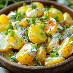 - 2 pounds small Yukon gold potatoes, scrubbed - 1 cup plain Greek yogurt - 1/4 cup mayonnaise - 2 tablespoons Dijon mustard - 1 tablespoon apple cider vinegar - 2 green onions, finely chopped - 1/4 cup fresh parsley, finely chopped - 1 tablespoon fresh dill, finely chopped - Salt and pepper to taste - 1/2 teaspoon garlic powder - 1/2 teaspoon smoked paprika When you make potato salad, choosing the right ingredients is key. Yukon gold potatoes work great. They have a creamy texture and hold their shape well. You want them to be tender but not mushy. For the dressing, I love using plain Greek yogurt. It adds creaminess without too many calories. The mayonnaise gives it that classic flavor. Dijon mustard adds a nice tang. Apple cider vinegar brightens the dish up. Fresh herbs make a big difference. I use green onions, parsley, and dill. They add freshness and color. Salt, pepper, garlic powder, and smoked paprika round out the taste. These spices enhance the flavor but do not overpower it. - Greek yogurt alternatives: You can use sour cream or any plant-based yogurt. - Vegan mayonnaise options: Try avocado or a store-bought vegan mayo. - Fresh herbs vs. dried herbs: Use dried herbs if fresh isn’t available, but reduce the amount. Substitutions help if you have dietary needs or preferences. Feel free to mix and match based on what you have. Each change can give a unique twist to your potato salad. Just remember to keep the flavors balanced. For the full recipe, check out Creamy Herb-Infused Potato Salad. Enjoy making it your own! To start, focus on the potatoes. Use small Yukon gold potatoes for the best flavor. First, scrub them well under running water. This removes dirt and ensures a clean dish. Next, place the cleaned potatoes in a large pot. Cover them with cold water and add a pinch of salt. This helps season the potatoes while they cook. For equipment, you need a large pot, a colander, a mixing bowl, and a whisk. A sharp knife will help you cut the potatoes easily. Now, let’s mix the dressing. In a mixing bowl, combine one cup of plain Greek yogurt, one-fourth cup of mayonnaise, and two tablespoons of Dijon mustard. Add one tablespoon of apple cider vinegar for a tangy kick. Then, sprinkle in half a teaspoon of garlic powder and smoked paprika. Whisk these together until smooth. For the right consistency, make sure to whisk thoroughly. If it feels too thick, you can add a splash of water or more vinegar. This helps create a creamy texture that coats the potatoes well. It’s time to put everything together. Carefully cut the cooled potatoes into bite-sized pieces. Place them in the bowl with your dressing. Gently toss the potatoes to coat them without breaking them. You want them to stay intact for a nice presentation. Before serving, taste the salad. Adjust the flavors with extra salt and pepper if needed. Once you’re happy with the taste, cover the bowl with plastic wrap. Refrigerate for at least one hour. This allows the flavors to blend beautifully. Serve chilled and enjoy your delicious potato salad! To avoid mushy potatoes, choose small Yukon gold potatoes. They hold their shape well. When boiling, add a pinch of salt. This helps the potatoes stay firm. Cook them until just tender. Test with a fork; they should break through easily but not fall apart. For seasoning, start with salt and pepper. After mixing the potatoes with the dressing, taste and adjust. Add more salt or pepper if needed. A splash of apple cider vinegar brings brightness. It balances the creaminess of the yogurt and mayo. You can also add garlic powder for a subtle kick. Serve your potato salad in a large, shallow bowl. This makes it look inviting. Garnish with extra fresh herbs on top. Parsley and dill add color and freshness. A sprinkle of smoked paprika gives it a nice touch. For an extra layer of flavor, serve with lemon wedges on the side. This allows guests to add a bit of zest to their portions. Remember, presentation matters! A well-presented dish makes it more appealing. Enjoy your creamy herb-infused potato salad with family and friends! For the full recipe, check the section above. {{image_2}} To create a tangy twist in your potato salad, consider adding some extra ingredients. Here are a few ideas: - 1/2 cup diced pickles: This adds a nice crunch and flavor. - 1 tablespoon capers: A bit of saltiness enhances the dish. - 1 tablespoon lemon juice: This brightens the flavors and adds zest. You can also include hard-boiled eggs or crispy bacon. Both options add richness and texture. For hard-boiled eggs, chop them up and mix them in gently. For bacon, cook until crispy, then crumble and fold into the salad just before serving. You can easily modify this recipe to fit various diets. For gluten-free options, simply ensure all your ingredients are certified gluten-free. Most of the ingredients, like potatoes and many mustards, are naturally gluten-free. If you need a dairy-free alternative, swap out the Greek yogurt and mayonnaise for a vegan version. Use a plant-based yogurt and a dairy-free mayo. These options will keep your potato salad creamy without dairy. These variations make the dish fun and adaptable for different tastes and dietary needs. To store leftover potato salad, place it in an airtight container. This keeps it fresh longer. Glass or plastic containers work well. Make sure the lid is tight to prevent air from getting in. Potato salad can last about 3 to 5 days in the fridge. Check for signs of spoilage. If you see any mold or it smells sour, throw it away. Always trust your senses; if it looks or smells off, it’s best not to eat it. What types of potatoes are best for potato salad? I recommend using Yukon gold or red potatoes. They hold their shape well after cooking. Their creamy texture makes for a great salad. Can I prepare the potato salad in advance? Yes, you can make it a day ahead. Let it chill in the fridge overnight. This helps the flavors mix well. Is potato salad safe to leave out? Potato salad should not sit out for more than two hours. Bacteria can grow in warm temperatures. Always keep it chilled until serving. How do I make potato salad less creamy? To make it less creamy, reduce the mayo or yogurt. You can add diced veggies for crunch. Mustard also adds flavor without creaminess. Can I use roasted potatoes instead of boiled? Absolutely! Roasted potatoes add a nice flavor. Just cut them into bite-sized pieces and let them cool before mixing. How do I spice up my potato salad further? You can add chopped pickles or olives for tang. Try adding fresh herbs like basil or cilantro. A dash of hot sauce can also give it a kick. In this post, we covered how to make a tasty potato salad. You learned about the important ingredients, prep steps, and tips for the best flavor and texture. We also discussed variations, storage methods, and common questions. With this guide, you can create a potato salad that suits your taste and needs. Finding the right balance of flavor and texture will impress your friends and family. Enjoy making your version and have fun experimenting with new ideas!