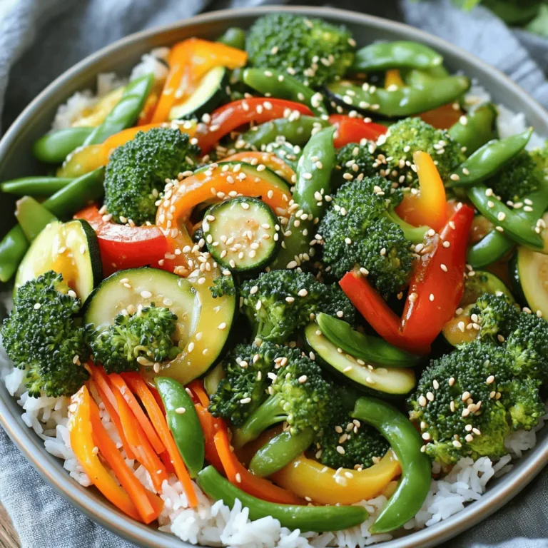 - 1 cup broccoli florets - 1 bell pepper (any color), sliced - 1 carrot, julienned - 1 zucchini, sliced - 1 cup sugar snap peas - 2 cloves garlic, minced - 1-inch piece fresh ginger, grated - 3 tablespoons soy sauce - 1 tablespoon sesame oil - 1 tablespoon vegetable oil - 1 teaspoon sesame seeds (for garnish) - Salt and pepper to taste To make this easy vegetable stir fry, gather all these ingredients first. This helps you stay organized. Fresh veggies work best, so choose bright and firm ones. I love using colorful bell peppers for a pop of color. The garlic and ginger add a lovely aroma too. For the sauces, use soy sauce and sesame oil for rich flavor. Be sure to check your pantry for these items before you start cooking. They make the dish taste great. You can find the full recipe in the article. Enjoy cooking this quick and healthy meal! - Wash and chop all vegetables. - Set them aside in separate bowls for easy access. When you prepare the veggies, it helps to have them ready. This makes cooking fast and fun. I love to chop my broccoli into small florets. The colors of the vegetables make the dish pop! - In a large wok or frying pan, heat the vegetable oil over medium-high heat. Heat is key for a great stir fry. You want the oil hot enough to sizzle. This helps to cook the veggies quickly, keeping them crisp and tasty. - Add minced garlic and grated ginger. - Stir-fry for about 30 seconds until fragrant. Garlic and ginger add a punch of flavor. They smell amazing when they hit the hot oil. This step wakes up your taste buds and sets the stage for your dish. - Add broccoli and carrots, cook for about 2 minutes. - Incorporate bell pepper, zucchini, and sugar snap peas. - Stir-fry until the vegetables are tender-crisp (3-4 minutes). Start with hard veggies, like carrots, that need more time. Then, add softer ones like zucchini. Keep stirring to cook evenly. You want each bite to be crunchy but cooked through. - Pour in soy sauce and sesame oil, stir well. - Season with salt and pepper, remove from heat. - Garnish with sesame seeds before serving. Soy sauce gives a salty taste that pairs well with the veggies. The sesame oil adds a nutty touch. Stir everything well to coat the veggies. Top with sesame seeds for a finishing touch. Serve this stir fry over rice or quinoa for a complete meal. You can find the full recipe above for more details! To keep your vegetables tender-crisp, watch the cooking times. Different veggies cook at different rates. Start with those that take longer, like broccoli or carrots. Use high heat to get the right stir-fry technique. It helps to cook the veggies quickly while keeping them bright and crunchy. Want to boost the flavor? Add more soy sauce or ginger for that extra kick. If you like heat, try using chili oil. It adds a nice spice that makes the dish exciting. You can also mix in sesame oil for a rich, nutty taste. These small tweaks can take your stir fry to the next level. Presentation matters! Serve your stir fry with a sprinkle of fresh herbs, like cilantro or parsley. It adds a pop of color and freshness. Use colorful bowls to enhance visual appeal, too. Bright plates make the dish more inviting and fun to eat. A well-presented meal can make even simple recipes feel special. For the full recipe, check out the details provided earlier in this article. {{image_2}} You can add protein to your vegetable stir fry for extra nutrition. Here are some tasty options: - Chicken: Cut boneless chicken into small pieces. Cook it before adding veggies. - Tofu: Use firm tofu. Press it to remove water, then cube and fry until golden. - Shrimp: Peel and devein shrimp. Add them to the pan when the veggies are almost done. Cook proteins until they are fully cooked. This usually takes about 5-7 minutes, depending on the type you choose. Feel free to mix and match seasonal veggies. Some great choices include: - Bell peppers: They add color and sweetness. - Carrots: Cut them into thin strips for quick cooking. - Broccoli: Try using cauliflower for a fun twist. You can also mix in leafy greens. Spinach and kale are great options. Add them at the end, so they wilt but stay vibrant. Sauce can change the whole flavor of your stir fry. Here are some fun alternatives: - Teriyaki sauce: This adds a sweet and savory taste. - Sweet and sour sauce: It gives a tangy kick. - Tamari: This is a gluten-free soy sauce. It works well if you need a gluten-free option. Try a mix of sauces for a unique flavor. Just keep the balance right to enjoy the best taste. For the full recipe, check out the details above. After making your vegetable stir fry, let it cool down. Store any leftovers in a container. The best options are glass or BPA-free plastic. These containers help keep the stir fry fresh. Make sure to seal them tightly to prevent air from getting in. You can store it in the fridge for up to three days. Freezing your stir fry is a great option if you want to keep it longer. First, let it cool completely. Then, pack it into freezer-safe bags or containers. Remove as much air as possible to avoid freezer burn. You can freeze it for up to two months. When you're ready to enjoy it, thaw it in the fridge overnight or use the microwave. When reheating, aim to keep the veggies crisp. The microwave works, but it can make the dish soggy. Instead, heat it on the stovetop. Use a non-stick pan over medium heat. Add a splash of water or oil to help steam it. Stir often until it's heated through. This method keeps the vegetables tender-crisp and tasty. For the full recipe, check out the vibrant vegetable stir fry section! Yes, you can use frozen vegetables for stir fry. They are quick and easy. Frozen veggies are often frozen at their peak freshness. This helps keep their color and nutrients. However, they can release extra water when cooked. This may make your stir fry a bit soggy. To avoid this, cook them on high heat. Stir them often to help evaporate the water. You can pair your vegetable stir fry with many tasty sides. Here are some ideas: - Cooked rice or quinoa for a filling base. - Noodles for an extra fun texture. - A side salad for added crunch and freshness. - Spring rolls for a tasty appetizer. To make your stir fry spicier, try these tips: - Add red pepper flakes or chili powder while cooking. - Use hot sauce to give it a kick. - Stir in a dash of sriracha or chili oil for heat. - Add fresh jalapeños or serrano peppers for more flavor. Making a vegan stir fry is simple! Just swap out the following: - Use tamari instead of soy sauce for a gluten-free option. - Replace any meat with tofu or tempeh for protein. - Check sauces to ensure they are plant-based. These easy swaps keep the dish tasty and filling. Yes, this recipe is great for meal prep! Here are some tips: - Cook a big batch and store it in containers. - Keep the rice or quinoa separate until serving to prevent sogginess. - Store in the fridge for up to four days. - To freeze, cool the stir fry first, then put it in airtight containers. - Reheat in a pan for best results. For the full recipe, check out the Vibrant Vegetable Stir Fry section! This blog post covered how to make a tasty vegetable stir-fry. We discussed main ingredients, preparation steps, and flavor tips. Remember to cook vegetables until they're tender-crisp for the best texture. You can add proteins or try new sauces for variety. Store leftovers properly to keep them fresh. Enjoy your delicious meal and feel free to experiment. Cooking should be fun! With these tips, you can make great meals every time.