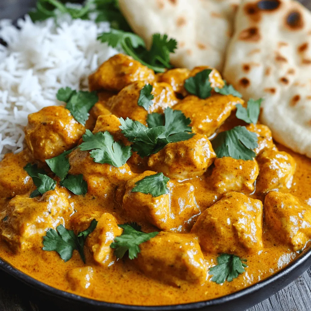 To make your Chicken Tikka Masala, you need a few main ingredients. These will help create a rich and tasty dish. - 500g chicken breast, cut into bite-sized pieces - 1 cup plain yogurt - 2 tablespoons garam masala - 1 tablespoon ground cumin - 1 tablespoon ground coriander - 1 teaspoon turmeric powder - 1 teaspoon chili powder (adjust to taste) - 3 tablespoons vegetable oil - 1 large onion, finely chopped - 4 garlic cloves, minced - 1-inch piece fresh ginger, grated - 1 can (400g) diced tomatoes - 1 cup coconut milk - Salt to taste These ingredients create a creamy and flavorful sauce. The chicken breast gives a tender bite, while yogurt and spices add depth. Feel free to enhance your dish with these optional ingredients. They add extra flavor and freshness. - Fresh cilantro, chopped (for garnish) - Coconut milk Cilantro adds a bright touch. Coconut milk can be used for a creamier sauce. To enjoy your Chicken Tikka Masala, consider these serving suggestions. They pair well with the dish. - Basmati rice - Naan bread Basmati rice soaks up the sauce beautifully. Naan bread is perfect for dipping. Serve your dish hot for the best experience. For the full recipe, check the details above. Mixing the yogurt and spices To start, take a large bowl. Add 1 cup of plain yogurt. Then, mix in the spices. Use 2 tablespoons of garam masala, 1 tablespoon of ground cumin, and 1 tablespoon of ground coriander. Next, sprinkle in 1 teaspoon of turmeric powder and adjust the heat with 1 teaspoon of chili powder. Blend everything well to create a smooth marinade. Marinating the chicken Now, chop 500g of chicken breast into bite-sized pieces. Toss the chicken into the bowl with the marinade. Make sure each piece is fully coated. Cover the bowl with plastic wrap. Let it sit in the fridge for at least 1 hour. For best results, marinate overnight. This lets the flavors soak in deeply. Sautéing onions and aromatics Heat 3 tablespoons of vegetable oil in a large skillet over medium heat. Once hot, add 1 large finely chopped onion. Cook until golden brown, which takes about 5-7 minutes. Then, stir in 4 minced garlic cloves and 1-inch grated ginger. Sauté for an additional 1-2 minutes until fragrant. Adding marinated chicken Next, add the marinated chicken to the skillet. Cook for 5-6 minutes. Stir occasionally until the chicken is nearly cooked through. This step ensures the chicken absorbs the onion and spice flavors. Incorporating tomatoes and coconut milk Pour in 1 can of diced tomatoes. Let this mixture come to a simmer. Cook for about 10 minutes, stirring now and then. This helps the flavors meld together. After that, reduce the heat and add 1 cup of coconut milk. Stir to combine well. Thickening the sauce Let the sauce simmer for another 10 minutes. This allows it to thicken to your desired consistency. Taste and season with salt as needed. Once finished, remove from heat and let it sit for a few minutes. This resting time helps develop the flavors even more. For the full recipe, check the complete instructions above. Enjoy your cooking adventure! To make your chicken tikka masala really tasty, marinate the chicken well. I suggest letting it sit for at least one hour. If you have time, try to marinate it overnight. This helps the flavors soak in deeply. Spice levels can change the dish a lot. If you like it mild, use less chili powder. If you love heat, add more! Taste the marinade before adding the chicken. This way, you can adjust the spices to fit your taste. When sautéing, use medium heat. This helps the onions cook slowly and get golden brown. Stir them often to avoid burning. For even cooking, make sure the chicken pieces are similar in size. This way, they cook at the same rate. Stir the chicken well, too. It helps each piece get that nice, golden color. For a beautiful finish, garnish with fresh cilantro. It adds a pop of green and a fresh taste. Just chop some leaves and sprinkle them on top before serving. When you serve, think about your sides. Chicken tikka masala goes great with basmati rice or naan bread. You can also serve it in a bowl, making it easy for everyone to enjoy. {{image_2}} You can switch chicken for other proteins. Tofu works great for a vegetarian option. It absorbs flavors well and adds nice texture. Shrimp is another tasty choice. It cooks quickly and pairs perfectly with the sauce. If you need a dairy-free option, use coconut yogurt. It keeps the creaminess without dairy. Almond milk can replace regular yogurt too, but it may change the taste a bit. Spices vary by region. In India, they use more heat and complex spices. You might find cinnamon and cardamom added in some recipes. Feel free to mix spices to match your taste. If you want less heat, reduce the chili powder. You can also add more coconut milk to cool the dish down. Rice is a classic side for Chicken Tikka Masala. Basmati rice is the most popular choice. You can use jasmine rice for a fragrant twist. Quinoa is a healthy alternative too. Adding vegetables can make your meal more colorful. Try peas, bell peppers, or spinach. They cook quickly and add nutrients. Just toss them in during the last few minutes of cooking for the best results. Explore the Full Recipe for more details on how to make this dish delicious! You can store Chicken Tikka Masala in the fridge for up to 3 days. Use an airtight container to keep it fresh. Make sure it cools down to room temperature before putting it in the fridge. This helps keep the taste and texture nice. To freeze Chicken Tikka Masala, let it cool first. Then, place it in a freezer-safe container. It can last up to 3 months in the freezer. When you are ready to eat it, thaw it in the fridge overnight. You can reheat it on the stove or in the microwave. Make sure it gets hot all the way through. You can get creative with leftover sauce. Use it as a dip for naan or pour it over rice. It makes a great base for a quick veggie curry or soup. You can also add leftover chicken to salads or wraps. This adds flavor and makes meals easy and fun! For more ideas, check out the Full Recipe for Chicken Tikka Masala. How to make Chicken Tikka Masala less spicy? To reduce the heat, you can adjust the amount of chili powder. Start with half a teaspoon. You can also add more coconut milk to balance the spice. Using yogurt in the marinade helps too. It cools the dish and adds creaminess. Can I use frozen chicken for this recipe? Yes, you can use frozen chicken. Just make sure to thaw it fully first. This helps the chicken cook evenly. If you are in a hurry, you can cook it from frozen. Just increase the cooking time. What is the ideal cook time for chicken? The ideal cook time for chicken in this recipe is about 15 minutes. You should cook it until it reaches an internal temperature of 165°F (75°C). Always check the thickest part of the chicken to ensure it is fully cooked. Is Chicken Tikka Masala unhealthy? Chicken Tikka Masala can be healthy if made at home. You control the ingredients and portions. Using lean chicken and less oil makes it a smart choice. The spices also offer health benefits, like anti-inflammatory properties. Nutritional information for homemade versions A serving of homemade Chicken Tikka Masala has about 400 calories. It provides protein, healthy fats, and vitamins from the spices. If you use coconut milk, it adds creaminess but also some fat. For a lighter version, use less coconut milk. For more details on making this dish, check out the Full Recipe. This blog post covered how to make Chicken Tikka Masala. We explored ingredients, including chicken, yogurt, and spices. You learned the steps needed to prepare the dish and create a rich sauce. Tips for flavor, cooking methods, and presentation added to your cooking skills. Variations let you adapt the recipe to your taste. Lastly, we discussed storage and handling leftovers. Now you're ready to enjoy a delicious meal and impress your friends with your cooking!