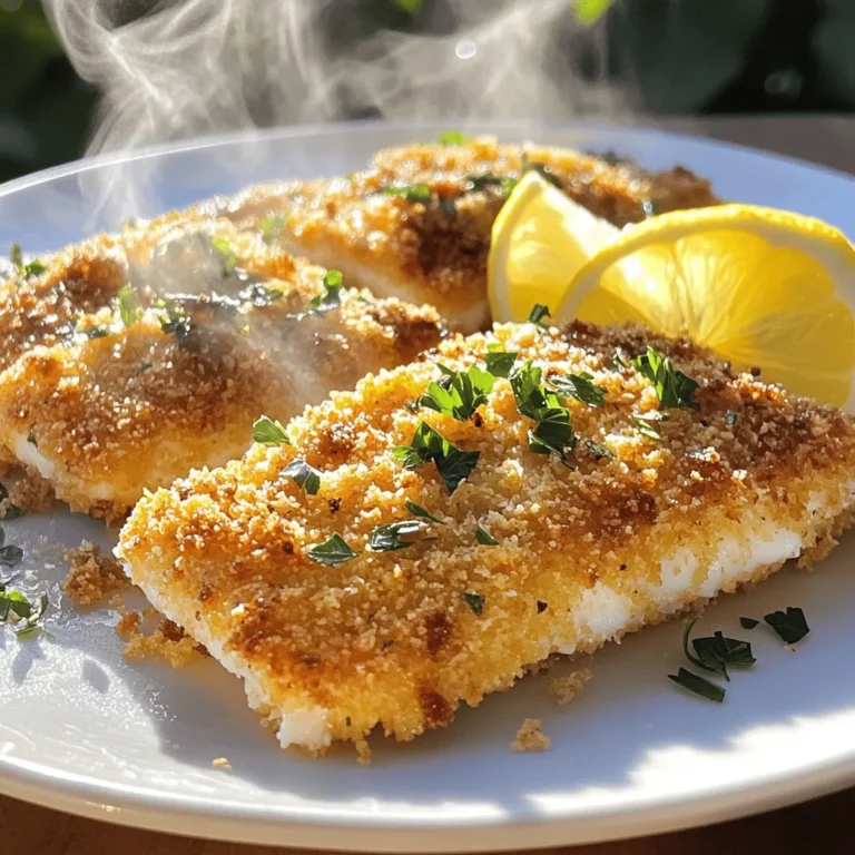 - 4 tilapia fillets - 1 cup grated Parmesan cheese - 1 cup panko bread crumbs - 1 teaspoon garlic powder - 1 teaspoon onion powder - 1/2 teaspoon paprika - 2 tablespoons olive oil - 2 tablespoons fresh parsley, chopped - 1 lemon, zested and juiced For this Parmesan crusted tilapia, the main ingredients shine. Tilapia fillets are mild and flaky, making them perfect for the crispy topping. The blend of Parmesan cheese and panko bread crumbs gives a nice crunch. The cheese adds a savory flavor that pairs well with the fish. The spices and seasonings are simple yet effective. Garlic powder brings warmth, while onion powder adds depth. Paprika gives a hint of smokiness, enhancing the dish's flavor profile. Fresh parsley brightens the overall dish and adds a splash of color. The lemon zest and juice balance the richness of the cheese. Olive oil helps the crust bake up golden and crispy, improving the taste and texture. You can find the full recipe [here](#). This meal is not just easy to make; it's also packed with flavor, making it a family favorite for any night of the week! Preheat your oven to 400°F (200°C). This step is key for a crispy crust. Next, line a baking sheet with parchment paper. This makes cleaning up easier. In a shallow dish, mix one cup of grated Parmesan cheese and one cup of panko bread crumbs. Panko adds great crunch. Then, add two tablespoons of chopped parsley, one teaspoon of garlic powder, one teaspoon of onion powder, and half a teaspoon of paprika. Don’t forget to season with salt and pepper to taste. Stir to combine. This mixture gives your fish a tasty coat. First, pat your tilapia fillets dry with a paper towel. This helps the coating stick. Next, sprinkle lemon zest over each fillet and drizzle with lemon juice. This adds bright flavor. Now, dredge each fillet in a shallow dish with flour. Shake off any extra flour. Then, dip the floured fillet into the beaten eggs, making sure it is fully covered. Finally, press each side into the Parmesan-panko mixture until well-coated. Place the coated fillets on the baking sheet. Drizzle two tablespoons of olive oil over the top of the fillets. Bake in the preheated oven for 12-15 minutes. The tilapia should be cooked through and the crust should be golden-brown. After baking, let the fillets cool for a couple of minutes before serving. You can find the complete details in the Full Recipe. To get a great crust on your tilapia, you need an even coating. Start by mixing the Parmesan cheese and panko bread crumbs well. This mix gives the fish a tasty crunch. When you dredge the fillets, make sure to coat every part. Press the fish firmly into the crumbs. This helps the crust stick during cooking. For the best results, set your oven to 400°F (200°C). This high heat crisps the crust while cooking the fish through. Bake the tilapia for 12 to 15 minutes. Keep an eye on it. The fish should be opaque and flake easily with a fork. A golden-brown crust shows it's ready. When serving Parmesan crusted tilapia, think about color and balance. A light salad or steamed veggies pairs well. For a pop of flavor, add lemon wedges on the side. Garnish with fresh parsley for a beautiful look. This way, your dish is not just tasty but also a feast for the eyes. For the full recipe, check back to see all the steps. {{image_2}} You can mix in fresh herbs to boost flavor. Basil, thyme, or dill work great. Just chop them finely and add to the Parmesan and panko mix. This adds a fresh twist to your dish. You can even use dried herbs if fresh ones are not handy. While tilapia is tasty, you can use other fish too. Cod, haddock, or even salmon are good picks. Each fish brings its own flavor, but they all work well with the crust. Adjust cooking time based on the thickness of the fish. Thicker fillets may need a bit more time in the oven. If you need a gluten-free option, swap panko with gluten-free crumbs. Ground almonds or crushed rice cereal also work well. For the flour, use almond flour or coconut flour. This way, you can enjoy a delicious meal without worrying about gluten. You can still achieve that crunchy texture with these options. For the complete recipe, check out the Full Recipe section. To keep your Parmesan crusted tilapia fresh, let it cool first. Place leftovers in an airtight container. Store them in the fridge for up to three days. When you’re ready to eat, check for any odd smells or changes in texture. If you want to save tilapia for later, freezing works well. Wrap each piece tightly in plastic wrap. Then place them in a freezer bag. This helps prevent freezer burn. You can freeze the fish for up to three months. When reheating, I recommend using the oven. Preheat it to 350°F (175°C). Place the fillets on a baking sheet and cover with foil. This keeps them moist. Heat for about 15 minutes. You want the crust to stay crispy. Enjoy your flavorful dish just like the first time! Bake Parmesan crusted tilapia for 12-15 minutes. This time gives you a perfectly cooked fish. Check that the crust is golden-brown and the fish flakes easily with a fork. Remember, every oven varies a bit. It’s smart to keep an eye on it towards the end. Yes, you can use frozen tilapia. Just be sure to thaw it first. Place the frozen fillets in the fridge overnight. If you need to thaw faster, seal them in a bag and submerge in cold water. Once thawed, pat them dry before seasoning and coating. This will help the crust stick better. For a great meal, pair Parmesan crusted tilapia with light sides. A fresh salad with mixed greens works well. You might also enjoy steamed broccoli or asparagus. These sides add color and balance to the dish. If you want something heartier, try roasted potatoes seasoned with herbs. For the full recipe, check out the [Full Recipe]. In this post, I shared a simple recipe for Parmesan Crusted Tilapia. We covered key ingredients, like tilapia, Parmesan, and panko. You learned how to mix coatings, coat the fish, and perfect your crust. Remember, you can adjust flavors with herbs or choose different fish. Proper storage keeps leftovers tasty. With these tips, you can enjoy a delicious meal that impresses anyone. Happy cooking!