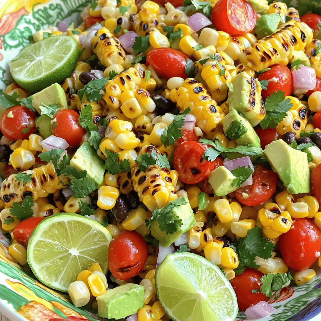For this recipe, use 4 ears of fresh corn. Husk them well to remove all the silk. Fresh corn adds a sweet and juicy flavor to the salad. Grilling the corn gives it a nice char, which enhances its taste. You will need several vegetables to add color and crunch. Gather these: - 1 red bell pepper, diced - 1 green bell pepper, diced - 1 small red onion, finely chopped - 1 cup cherry tomatoes, halved - 1 avocado, diced - 1 cup black beans, rinsed and drained - ½ cup fresh cilantro, chopped These vegetables bring bright colors and fresh flavors. The avocado adds creaminess, while the black beans add protein and texture. The dressing ties everything together. You will need: - 2 tablespoons olive oil - 2 tablespoons lime juice - 1 teaspoon chili powder - Salt and pepper to taste This dressing is simple but full of flavor. The lime juice adds a zesty kick, while the chili powder gives it a little heat. Mix these ingredients well to coat the salad perfectly. For the full recipe, check out the detailed instructions. First, heat your grill to medium-high. Place the husked corn directly on the grill. Grill the corn for about 10-15 minutes. Turn it occasionally until you see slight char marks. This adds a nice smoky flavor. Once done, take the corn off the grill and let it cool. Use a sharp knife to cut the kernels off the cobs into a large bowl. Now, you can prepare the salad. Add the diced red bell pepper, green bell pepper, and finely chopped red onion to the bowl with the corn. Next, toss in the halved cherry tomatoes and diced avocado. Don't forget to add the rinsed black beans and chopped cilantro. These ingredients make the salad colorful and fresh. In a small bowl, it's time to make the dressing. Whisk together the olive oil and lime juice. Add the chili powder, salt, and pepper to the mix. This simple dressing will bring all the flavors together. Pour the dressing over the salad mixture. Gently toss everything together until well combined. Taste your salad and adjust the seasoning if needed. Serve it right away or chill it for 30 minutes. Chilling helps the flavors meld together. For a vibrant look, serve in a large bowl with extra cilantro and lime wedges on the side. You can find the full recipe [here](#). For a great grilled corn salad, always pick fresh corn. Look for ears with bright green husks. The silk should be golden and slightly sticky. Press your thumb on a kernel; it should feel firm and juicy. Sweet corn is the best choice for flavor and texture. If you can, buy it the same day you plan to grill it. Fresh corn makes a big difference in taste. To boost the flavor of your salad, try roasting the peppers and onion. This adds a nice smoky taste. You can also add spices like cumin or smoked paprika for depth. A touch of honey in the dressing can balance the lime juice's tartness. Experiment with herbs like basil or parsley for a fresh twist. Each change can make your salad unique and fun. Presentation matters! Serve your salad in a big, colorful bowl. Garnish with extra cilantro and lime wedges. This adds a bright touch and invites people to dig in. You can also serve it in small cups for parties. This way, everyone gets their own serving. Adding a drizzle of olive oil on top just before serving makes it look fancy. A good presentation makes the dish more appealing. {{image_2}} You can easily add protein to your grilled corn salad. This boosts flavor and makes it heartier. Here are some tasty options: - Grilled Chicken: Dice cooked chicken breast and mix it in. - Shrimp: Grill shrimp with some spices for a seafood twist. - Tofu: Use cubed, grilled tofu for a plant-based option. - Cheese: Feta cheese crumbles or cotija add a creamy touch. Each choice pairs well with the fresh flavors in the salad. If you love heat, try making a spicy version. Adding jalapeños can bring a nice kick. Here’s how to spice it up: - Fresh Jalapeños: Dice them finely and mix them in. - Hot Sauce: Drizzle your favorite hot sauce over the salad. - Cayenne Pepper: Sprinkle a bit of cayenne into the dressing. These additions will make your salad exciting and fun to eat. You can change the veggies based on what’s fresh. This keeps your salad interesting year-round. Here are some ideas: - Zucchini: Grate it or dice it for a nice crunch. - Radishes: Add sliced radishes for a peppery bite. - Carrots: Shredded carrots bring sweetness and color. Feel free to mix and match. Experiment with what you have on hand. For the full recipe, check out the detailed instructions above. You can store leftover grilled corn salad in the fridge. Place it in an airtight container. It stays fresh for about 3 days. The flavors meld nicely, but some veggies may soften. If you want crunch, eat it sooner. Freezing this salad is not the best choice. The texture of corn and fresh veggies changes when frozen. If you have too much, consider freezing just the corn. Cooked corn can freeze well for about 6 months. To keep your salad fresh, store it properly. Use a clean container, and keep it covered. If you prepare it ahead of time, add avocado just before serving. This keeps it green and tasty. For the best flavor, enjoy the salad within a few days. For the full recipe, check out the detailed steps above. Yes, you can make grilled corn salad ahead of time. I recommend preparing it up to a day in advance. Just keep it in the fridge. The flavors will mix nicely as it sits. If you prepare it early, wait to add the avocado until just before serving. This keeps it fresh and green. If you don't have black beans, try using pinto beans or kidney beans. They both work well in this salad. You can also use corn for extra crunch. Chickpeas are another great option. They add a nice texture and flavor. Yes, you can grill corn without a grill. You can use a stovetop grill pan or even broil it in your oven. Just preheat your pan or oven. Place the corn on the heat source and watch it carefully. Turn it often for even cooking. This gives you that charred flavor, just like on a grill. In this blog post, we explored how to make a fresh and tasty grilled corn salad. We covered key ingredients like corn, veggies, and dressings, plus easy steps for preparation. I shared tips to choose the best corn and enhance flavors. You can easily swap in proteins or spices for a fun twist. Finally, I discussed storage to keep your salad fresh. Enjoy this dish, and have fun experimenting with flavors!