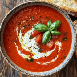 For the Rustic Tomato Basil Soup, you will need: - 2 tablespoons olive oil - 1 medium onion, chopped - 3 garlic cloves, minced - 2 pounds ripe tomatoes, chopped (or 2 cans of whole peeled tomatoes) - 1 cup vegetable broth - 1 teaspoon sugar - Salt and pepper to taste - 1/2 cup fresh basil leaves, roughly chopped - 1/2 teaspoon dried oregano - 1/4 cup heavy cream (optional for creaminess) - Crusty bread for serving Using fresh ingredients makes a big difference. Look for ripe tomatoes that feel firm. When you smell them, they should smell sweet and earthy. The onion should be dry, with no soft spots. Fresh garlic gives a stronger flavor than jarred. Choose good quality olive oil for a richer taste. If you can, use homemade broth for depth, but store-bought works too. Fresh basil adds brightness, while dried oregano gives warmth to the soup. If you want to switch things up, here are some ideas: - Tomatoes: If fresh tomatoes aren't available, canned tomatoes work just as well. - Vegetable broth: You can use chicken broth for a different flavor. - Heavy cream: For a lighter soup, skip the cream or use coconut milk. - Fresh basil: Dried basil can replace fresh, but use less—about 1 tablespoon. - Onion: Shallots or leeks can also work if you want a different taste. Using these substitutions can help you make the soup fit your taste or what you have on hand. For the full recipe, check the link above. To start, gather all your ingredients. You need: - 2 tablespoons olive oil - 1 medium onion, chopped - 3 garlic cloves, minced - 2 pounds ripe tomatoes, chopped (or 2 cans of whole peeled tomatoes) - 1 cup vegetable broth - 1 teaspoon sugar - Salt and pepper to taste - 1/2 cup fresh basil leaves, roughly chopped - 1/2 teaspoon dried oregano - 1/4 cup heavy cream (optional for creaminess) - Crusty bread for serving Chopping the onion and garlic is simple. Just cut them small enough to cook well. If using fresh tomatoes, wash and chop them. If you choose canned tomatoes, open the cans and set them aside. Heat the olive oil in a large pot over medium heat. Add the chopped onion and sauté for 5-7 minutes. You want the onion to be soft and clear. Next, stir in the minced garlic and cook for another 1-2 minutes. This step adds great flavor. Now, add the chopped tomatoes or the canned tomatoes, along with the vegetable broth. Sprinkle in the sugar, salt, pepper, and dried oregano. Bring this mixture to a simmer. Let it cook for 20-30 minutes. Stir it now and then. You want the tomatoes to break down and mix well with the other flavors. Once done, take the pot off the heat. Use an immersion blender to puree the soup until it's smooth. If you don’t have one, carefully transfer the soup in batches to a regular blender. If you want it creamier, stir in the heavy cream. Return the pot to low heat. Add the fresh basil and let it wilt slightly. Taste the soup and adjust the seasoning if needed. When blending, do it in small batches if you use a regular blender. Fill it halfway to avoid spills. Always vent the lid slightly to let steam escape. If you prefer a chunkier soup, blend for less time. If you want it very smooth, blend longer. Adjust the texture to what you like best. For a perfect finish, serve the soup hot. Add a few extra basil leaves on top and enjoy it with crusty bread. This soup is not just a meal; it’s a warm hug in a bowl. For the full recipe, check out the complete instructions. To boost the taste of your Rustic Tomato Basil Soup, use fresh ingredients. Fresh tomatoes make a big difference. If you can, grow your own basil. Fresh basil gives the best flavor. When cooking, add the salt at the end. This helps keep the soup bright. You can also try adding a splash of balsamic vinegar for depth. A little sugar balances the acidity of the tomatoes. One common mistake is not cooking the onions long enough. They should be soft and sweet. Don't skip the garlic; it adds a rich taste. Also, be careful with the blending. If the soup is too hot, it can splatter. Allow it to cool slightly before blending. Lastly, remember to taste your soup. Season it to your liking before serving. Crusty bread is the perfect partner for your soup. Choose a baguette or sourdough for the best texture. You can toast the bread for a nice crunch. Try adding some garlic butter on top. This adds a great flavor and aroma. If you want, sprinkle some cheese over the bread. Melted cheese pairs wonderfully with the soup. Enjoy your meal with a slice of bread, and you’ll feel cozy and satisfied. For the full recipe, check the Rustic Tomato Basil Soup section. {{image_2}} To make a creamy tomato basil soup, add heavy cream. After blending, stir in the cream. This gives the soup a rich, smooth texture. It makes each spoonful feel special. You can start with the Full Recipe and just add that cream! Roasting your tomatoes first brings out deep flavors. Simply cut the tomatoes in half, drizzle olive oil, and roast them at 400°F for about 30 minutes. Once roasted, add them to your pot with the broth. This adds sweetness and a smoky taste, making your soup even better. Want to make it heartier? Add cooked chicken or beans. Shredded chicken works well. Just mix it in before serving. For a vegetarian option, add canned beans like cannellini or chickpeas. This makes the soup filling and boosts nutrition. To keep your soup fresh, let it cool first. Pour the soup into an airtight container. Seal it tight and place it in the fridge. It will last for about three days. When you are ready to eat, just reheat it. If you want to store it for longer, freezing is a great option. Use freezer-safe containers or bags. Leave some space at the top, as the soup will expand. Label each container with the date. Your soup can last up to three months in the freezer. When reheating, use a pot on the stove for best flavor. Heat it over medium-low heat. Stir often to avoid sticking. If it seems thick, add a splash of broth or water. For a quick option, use the microwave. Heat in short bursts, stirring in between. Enjoy your delicious Rustic Tomato Basil Soup! For the full recipe, refer back to the earlier section. Tomato basil soup offers many health perks. Tomatoes are rich in vitamins like C and K. They also have antioxidants, which help fight free radicals. Basil adds flavor and has anti-inflammatory properties. The olive oil provides healthy fats that support heart health. This soup can be a light meal or a starter, making it great for any diet. Yes, you can make this soup in advance. It keeps well in the fridge for up to five days. Just let it cool before storing it in an airtight container. You can also freeze it for up to three months. When you are ready to eat, thaw it in the fridge overnight and reheat on the stove. If your soup is too thin, there are easy ways to thicken it. You can add a bit of tomato paste to boost both thickness and flavor. Another option is to mix in some cooked rice or pasta. If you prefer, blend in a few extra tomatoes. This will give the soup a richer texture. For the full recipe, check out the Rustic Tomato Basil Soup . Enjoy this simple comfort food! You now know how to make a great tomato basil soup. We covered ingredients, quality tips, and clever substitutes. You learned step-by-step cooking methods and how to blend for that perfect texture. I shared best practices and common mistakes to avoid, plus some amazing pairing ideas. Variations keep it fresh, from creamy to roasted. Lastly, we talked about proper storage and answered frequent questions. Keep these tips in mind, and enjoy your delicious soup! You have all the tools to make it a hit.