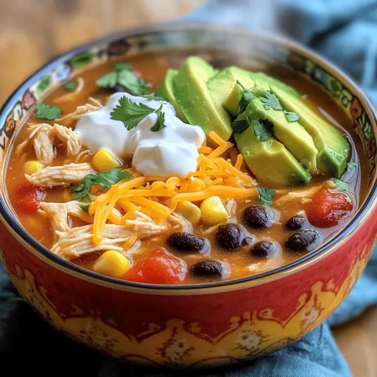 - 2 cups cooked chicken, shredded - 1 can (15 oz) black beans, rinsed and drained - 1 can (15 oz) corn, drained - 1 can (10 oz) diced tomatoes with green chiles - 1 medium onion, diced - 2 cloves garlic, minced - 2 cups chicken broth - 1 packet taco seasoning - 1 teaspoon cumin - Salt and pepper to taste - Shredded cheese - Sour cream - Diced avocado - Chopped cilantro Gather these ingredients to create a rich and tasty soup. The chicken adds protein and flavor. Black beans and corn bring fiber and sweetness. Diced tomatoes with green chiles offer a spicy kick. Onion and garlic give depth to the dish. Next, use chicken broth to make the soup hearty. Taco seasoning and cumin enhance the flavor profile. Don't forget salt and pepper to season it to your taste. You can customize your bowl with optional toppings. Shredded cheese adds creaminess. Sour cream cools the heat. Diced avocado adds richness. Chopped cilantro gives a fresh touch. Follow the [Full Recipe] to bring these flavors together in just 30 minutes. Each step will help you create a delicious meal that everyone will love. Enjoy! - Heat olive oil in a large pot over medium heat. - Add the diced onion and sauté for about 5 minutes. - Cook until the onion is soft and translucent. - Add minced garlic and sauté for another minute. - The garlic should smell nice and fragrant. - Stir in the shredded chicken. - Add the black beans, corn, and diced tomatoes. - Pour in the chicken broth, taco seasoning, and cumin. - Mix everything well to combine. - Bring the soup to a simmer over medium heat. - Let it cook for 15-20 minutes. - Stir occasionally to help the flavors blend. - Season with salt and pepper to taste. - For the best flavor, adjust seasoning before serving. You can find the full recipe above and enjoy making this tasty dish! - Ensure chicken is shredded for quick mixing. This helps blend flavors well. - Adjust simmering time for thicker soup. A longer simmer can deepen flavors. - Add lime juice for brightness. It brings a fresh taste to the soup. - Incorporate additional spices like chili powder. This boosts the overall flavor. - Serve in colorful bowls. This makes the meal more appealing. - Arrange toppings attractively. A nice look makes the soup more inviting. For a full recipe, check out the Easy Chicken Taco Soup section. {{image_2}} You can easily change up the protein in this soup. Use ground turkey or beef instead of chicken. This swap gives you a new taste. You can also use canned vegetables. This makes cooking faster and easier. Just rinse and drain them before adding. Want to make it vegetarian? Just leave out the chicken. You can use beans for protein instead. For a healthier choice, use low-sodium broth. This keeps the flavors rich without too much salt. If you like heat, add jalapeños or extra peppers. This gives the soup a nice kick. You can also add chipotle seasoning. This adds a smoky flavor that pairs well with the other ingredients. After enjoying your Easy Chicken Taco Soup, store leftovers in an airtight container. This keeps the soup fresh. You can refrigerate it for up to 3 days. Make sure to let it cool a bit before sealing it up. This helps avoid any extra moisture from forming inside the container. If you want to save some for later, you can freeze the soup. It stays good for up to 3 months in the freezer. Use freezer-safe containers to prevent freezer burn. When you are ready to eat it, simply take it out and thaw it. Thaw the soup in the refrigerator before reheating. This helps it warm evenly. When reheating, do so gently on the stove. If the soup seems too thick, add a splash of broth. This keeps it creamy and delicious. Enjoy it hot and fresh! You can easily add heat by incorporating diced jalapeños or an extra packet of taco seasoning. This boosts the flavor and gives your soup a nice kick. If you want to go even further, try adding some crushed red pepper flakes. Yes, you can use raw chicken. Just make sure it is cooked thoroughly before serving. You can add the raw chicken to the pot at the start with the onions. Cook it until it’s no longer pink, then shred it. You have many options for sides. Consider serving with tortilla chips for crunch, cornbread for sweetness, or a fresh side salad for balance. Each of these pairs well and enhances the meal. Total time to make this soup is about 30 minutes. You’ll spend around 10 minutes on prep and 20 minutes cooking. It’s a quick dish, perfect for busy nights. Absolutely! You can double the recipe easily. Just increase all ingredients proportionally for larger servings. This is a great option for gatherings or meal prep. For the full recipe, check the section above. This blog post covered how to make Easy Chicken Taco Soup using simple ingredients and steps. You can create a tasty dish with cooked chicken, beans, corn, and spices. Remember the tips for storage and serving ideas to enjoy your soup for days. Don’t be afraid to try variations for added flavor or dietary needs. Simple cooking can lead to great meals. Enjoy making this comforting soup for you and your loved ones!