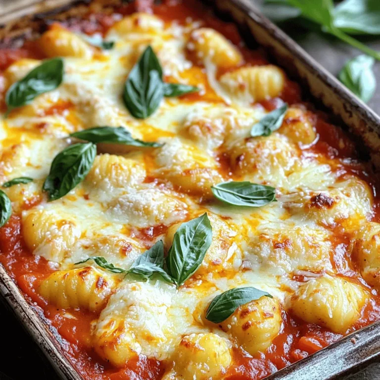 To make Cheesy Baked Gnocchi, gather these ingredients: - 1 pound potato gnocchi (store-bought or homemade) - 2 tablespoons olive oil - 1 medium onion, finely chopped - 3 cloves garlic, minced - 1 can (14 oz) crushed tomatoes - 1 teaspoon dried basil - 1 teaspoon dried oregano - Salt and pepper to taste - 1 cup ricotta cheese - 1 cup shredded mozzarella cheese - ½ cup grated Parmesan cheese - Fresh basil leaves for garnish You can swap some ingredients based on your taste. For example, use cream cheese instead of ricotta for a creamier texture. You can mix different types of cheese for varied flavors, too. If you want a bit of heat, add red pepper flakes. This recipe is flexible, so feel free to explore. Now, let’s dive into the joy of creating this dish. Each ingredient plays a role in making the gnocchi creamy and cheesy. You will enjoy the rich flavors and the comforting feel of baked gnocchi. To make Cheesy Baked Gnocchi, follow these steps carefully. 1. Preheat the Oven: Start by preheating your oven to 375°F (190°C). This ensures that it’s hot enough for baking. 2. Cook the Gnocchi: Bring a large pot of salted water to a boil. Add the gnocchi. Cook until they float, which takes about 2-3 minutes. Drain and set aside. 3. Sauté the Onion: In a large skillet, heat 2 tablespoons of olive oil over medium heat. Add a finely chopped onion. Sauté for about 4-5 minutes, until soft and clear. 4. Add Garlic: Stir in 3 minced cloves of garlic. Cook for 1 more minute, just until it smells great. 5. Prepare the Sauce: Pour in a can of crushed tomatoes (14 oz). Add 1 teaspoon of dried basil, 1 teaspoon of dried oregano, and salt and pepper to taste. Let it simmer for 5-7 minutes to blend the flavors. 6. Mix Ingredients: In a big bowl, combine the gnocchi, the sauce, 1 cup of ricotta cheese, and half of the shredded mozzarella cheese. Gently mix everything together. 7. Transfer to Baking Dish: Pour the gnocchi mix into a greased baking dish. Spread it out evenly. Top with the rest of the mozzarella and ½ cup of grated Parmesan cheese. Now it’s time to bake your dish. 1. Bake the Gnocchi: Place the dish in the preheated oven. Bake for 25-30 minutes. You want the top to be golden and bubbly. 2. Final Touches: Once it’s done, take it out and let it cool for a few minutes. This helps with serving. Before you serve, add fresh basil leaves on top for extra flavor and color. Following these steps will give you a comforting, cheesy dish that is both easy and delightful. For more details on the ingredients, check out the Full Recipe. To make your cheesy baked gnocchi even better, focus on flavor and texture. Here are some tips: - Use fresh herbs. Fresh basil adds a burst of flavor. Chop it finely before adding. - Try different cheeses. Blend cheeses like fontina or gouda for a richer taste. - Don’t overcook the gnocchi. Boil only until they float. This keeps them soft. - Add a pinch of nutmeg. This little spice can enhance the overall flavor. Common mistakes can ruin your dish. Here are a few to avoid: - Skipping the simmer. Always let your sauce simmer. This melds the flavors well. - Overloading with cheese. Too much cheese can make it greasy. Stick to the recipe. - Not greasing the dish. Grease your baking dish well to prevent sticking. When serving cheesy baked gnocchi, presentation matters. Here are my favorite ideas: - Fresh basil garnish. Sprinkle chopped basil on top for color and flavor. - Side salad. A light salad with vinaigrette pairs beautifully with the dish. - Crusty bread. Serve with garlic bread to soak up the sauce. For the best serving experience: - Use a large spoon. Serve directly from the baking dish to keep it warm. - Add a drizzle of olive oil. A light drizzle enhances the flavors and adds shine. Explore the [Full Recipe] for more details and enjoy this delightful meal! {{image_2}} You can easily change this dish to fit your taste. Try using different cheeses like feta or goat cheese for a unique twist. If you're looking for a lighter option, swap out ricotta for a low-fat version. For a gluten-free meal, use gluten-free gnocchi or even zucchini noodles. You still get that yummy taste without the gluten. Want to add more to your dish? You can mix in proteins like grilled chicken or spicy sausage. These add flavor and make your meal heartier. For veggie lovers, consider adding spinach or bell peppers. They add color and nutrition. Broccoli or mushrooms are also great choices. Each of these options will enhance the dish's taste and texture. For the full recipe, check out the [Full Recipe]. To keep your cheesy baked gnocchi fresh, store any leftovers right away. Let it cool down for about 30 minutes. Then, transfer it to an airtight container. This helps lock in moisture and flavor. You can keep it in the fridge for up to three days. If you want to save it longer, consider freezing it. For freezing, use freezer-safe containers or heavy-duty aluminum foil. This way, it can last for about two months. When it's time to enjoy your leftovers, reheating is key. For the best results, use the oven. Preheat the oven to 350°F (175°C). Place the gnocchi in an oven-safe dish. Add a splash of water or a drizzle of olive oil to keep it moist. Cover it with foil to prevent it from drying out. Heat for about 20 minutes. If you're short on time, you can use the microwave. Heat in short bursts of 1-2 minutes, stirring in between. To refresh the dish, consider adding a sprinkle of cheese or fresh herbs before serving. This will enhance the flavors and give it a fresh look. Enjoy each bite as if it were just made! For the full recipe, check out the complete guide. What is the best type of gnocchi to use? I recommend using potato gnocchi. It has a soft texture and absorbs flavors well. You can buy it at the store or make your own from scratch. Store-bought is quick and easy, while homemade adds a personal touch. Both options work great in this cheesy baked gnocchi recipe. Can I make Cheesy Baked Gnocchi ahead of time? Yes, you can prepare it in advance. Cook the gnocchi and make the sauce. Then mix them and store it in the fridge. When you’re ready, just bake it. This saves time and makes serving easy for busy nights. What to do if the dish is too dry? If your cheesy baked gnocchi is dry, add a splash of broth or a bit of olive oil. This helps bring back moisture. You can also add more cheese before baking for a creamier texture. Remember, the sauce should be a bit saucy before cooking. How do I avoid overcooking the gnocchi? To prevent overcooking, keep an eye on the gnocchi while boiling. They are done when they float to the top, usually in 2 to 3 minutes. Don’t let them sit too long in the water. Drain them right away and mix with the sauce to keep them tender. Cheesy baked gnocchi is a simple yet delicious dish. We began with a list of ingredients and how to use them. The step-by-step instructions guided you through preparation and baking to achieve a golden top. I shared tips for perfecting flavors and avoiding mistakes. You learned ways to customize the recipe and store leftovers properly. Remember, you can always adapt this dish to your taste and enjoy it fresh. Use the storage and reheating tips to savor it later. Enjoy each bite of your creation!