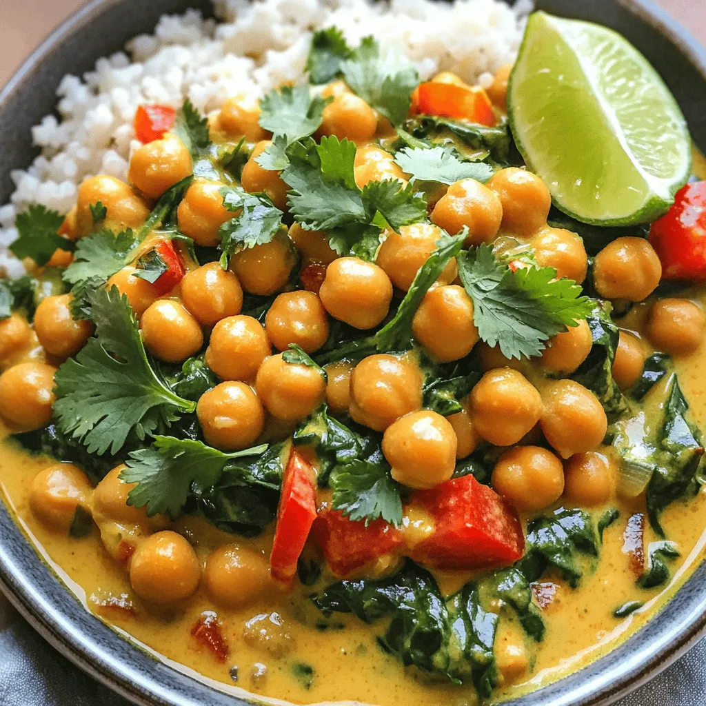 - 1 can (15 oz) chickpeas, drained and rinsed - 1 tablespoon coconut oil - 1 medium onion, chopped - 2 cloves garlic, minced - 1 tablespoon ginger, grated - 1 red bell pepper, chopped - 1 teaspoon ground cumin - 1 teaspoon coriander powder - 1/2 teaspoon turmeric powder - 1 teaspoon garam masala - 1 can (14 oz) coconut milk - 1 cup vegetable broth - 1 cup spinach, fresh or frozen - Salt and pepper to taste - Fresh cilantro, for garnish - Cooked rice or quinoa, for serving To get the best flavors, choose fresh ingredients. Look for firm, vibrant bell peppers and onions. Good garlic should be dry and firm. When you pick the coconut milk, choose the one with a high coconut content for creaminess. This coconut chickpea curry is both vegan and gluten-free. It's a great choice for many diets. Chickpeas offer protein and fiber. Coconut milk gives healthy fats and a creamy texture. Spinach adds vitamins and minerals, making this dish rich in nutrients. Enjoy a bowl of comfort while knowing you are eating well! Making coconut chickpea curry is simple and quick. First, sauté the onions, garlic, and ginger. Add spices and veggies next. Then, mix in coconut milk and chickpeas. Finally, let it simmer until thick. 1. Heat coconut oil in a large pot over medium heat. 2. Add chopped onion and sauté for about 5 minutes until it turns translucent. 3. Stir in minced garlic and grated ginger, cooking for another minute until fragrant. 4. Add red bell pepper and sauté for 3-4 minutes until slightly softened. 5. Sprinkle in ground cumin, coriander, turmeric, and garam masala. Stir to coat the veggies and cook for 1 minute. 6. Pour in coconut milk and vegetable broth. Stir to combine well. 7. Add drained chickpeas to the pot, then bring the mixture to a gentle simmer. 8. Allow the curry to simmer for 15-20 minutes, stirring occasionally until slightly thickened. 9. If using fresh spinach, stir it in during the last 5 minutes of cooking. If using frozen, add it towards the end to heat through. 10. Season with salt and pepper to taste. The prep time for this dish is about 10 minutes. The total cooking time is around 25 minutes. This recipe serves four people. For a complete meal, serve the curry over cooked rice or quinoa, and garnish with fresh cilantro. A wedge of lime adds a bright touch! For the full recipe, check the ingredients listed above. To enhance the flavors in your coconut chickpea curry, always start with fresh spices. Fresh spices boost taste more than old ones. When measuring spices, level off the spoon for accuracy. Adjusting spice levels is easy. If you like it mild, use less cumin and garam masala. For more heat, add crushed red pepper or fresh chili. Taste as you go, and add spices slowly. For this recipe, a large pot works best. A thick-bottomed pot helps heat evenly and prevents burning. A wooden spoon is ideal for stirring. It won’t scratch your pot and gives you better control. Using a sharp knife makes chopping easier. A cutting board with grips helps keep it stable. These tools make cooking safe and fun. You can find the full recipe at the end of this article to guide you through the cooking process. Enjoy your culinary adventure! {{image_2}} You can swap out ingredients based on what you have. If you don’t have coconut oil, use olive oil or vegetable oil. Instead of chickpeas, you can try lentils or black beans. For a heartier dish, add diced sweet potatoes or carrots. These will add more texture and flavor. If you want a healthier version, use less coconut milk. You can replace it with low-fat coconut milk or even almond milk. You can also add more veggies, like zucchini or kale, to boost nutrition. These changes keep the dish tasty and satisfying. To give your coconut chickpea curry a twist, try adding spices like cardamom or chili powder. These will enhance the flavor and add warmth. You might also consider adding protein. Tofu or chicken can make the meal more filling. If you want to change the base recipe, try adding a splash of lime juice for brightness. Fresh herbs like basil or mint can also elevate the dish. You can experiment with different ingredients to create your unique version of this curry. For the full recipe, check out the details above. To keep your coconut chickpea curry fresh, store it in an airtight container. Allow it to cool completely before sealing. This will help avoid moisture buildup. In the refrigerator, it lasts well for about 4 to 5 days. If you want to keep it longer, freeze it. It stays good in the freezer for about 3 months. Just remember to label your container with the date. When you're ready to enjoy your leftover curry, use gentle heat to rewarm it. The best methods are on the stove or in the microwave. If using the stove, heat it in a pot over low heat. Stir often to prevent sticking. If you're using a microwave, heat in short bursts. This helps keep the texture smooth. To maintain its flavor, add a splash of vegetable broth or coconut milk as you reheat. This will keep it creamy and delicious. Enjoy your comforting meal again! For the full recipe, make sure to check back. What can I serve with coconut chickpea curry? You can serve coconut chickpea curry with cooked rice or quinoa. Both soak up the sauce well. You can also add naan bread for dipping. A side salad or steamed veggies works nicely too. Can I make this curry in advance? Yes, you can make this curry ahead of time. It tastes even better the next day! Just store it in the fridge. Reheat it on low heat before serving. Can I use dried chickpeas instead of canned? Yes, you can use dried chickpeas. Just soak and cook them before adding to the curry. This takes extra time but gives great texture. What type of coconut milk is best for this recipe? Full-fat coconut milk gives the best flavor and creaminess. Light coconut milk works too, but it may be less rich. How spicy is this coconut chickpea curry? This curry is mild in spice. You can adjust the heat by adding more spices or fresh chilies. Is this recipe nut-free? Yes, this recipe is nut-free. It uses coconut, which is a fruit, not a nut. Enjoy it without worry! For more details, you can check the Full Recipe. In this blog post, we covered the essential ingredients for coconut chickpea curry, including selection tips for freshness. We discussed dietary considerations, cooking instructions, and the best practices for perfecting flavors. I shared variations and storage info to help you adapt the recipe. As you explore this dish, remember it’s all about personalizing the flavors and enjoying the cooking process. With a few tweaks, you can make this curry your own. Happy cooking!