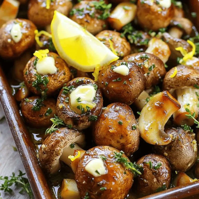 - 500g mixed mushrooms (cremini, shiitake, and button), cleaned and trimmed - 4 tablespoons unsalted butter - 4 cloves garlic, minced - 2 tablespoons fresh parsley, chopped - 1 teaspoon fresh thyme leaves - Salt and pepper to taste - 1 tablespoon lemon juice - Zest of 1 lemon Mushrooms are the star in this dish. The blend of cremini, shiitake, and button mushrooms creates a rich flavor. Each type adds a unique taste and texture. Butter and garlic work together to enhance the umami. Fresh parsley and thyme bring a bright touch. Lemon juice and zest add a lovely zing. Each serving gives you about 120 calories. You’ll get roughly 10 grams of fat, 3 grams of protein, and 5 grams of carbs. These mushrooms offer vitamins and minerals too. This recipe serves four people. Pair the mushrooms with grilled chicken or steak for a full meal. They also go well with pasta or a fresh salad. A simple side dish makes this a complete dining experience. 1. Preheat your oven to 200°C (400°F). This step gets the oven hot for roasting. 2. Clean and trim the mushrooms. Use a damp cloth to wipe them. Cut off the stems if needed. 1. In a large mixing bowl, combine the cleaned mushrooms with the melted butter. Make sure they are well coated. 2. Add the minced garlic, chopped parsley, thyme leaves, salt, and pepper. Mix everything until the mushrooms are covered in the garlic butter. 3. Spread the mushrooms in a single layer on a baking sheet lined with parchment paper. Don't crowd them; give them space for even roasting. 1. Roast the mushrooms in the preheated oven for about 20 minutes. Stir halfway through. They should turn golden brown and smell great. 2. Once done, remove them from the oven. Drizzle with lemon juice and zest. Toss to coat well. 3. Adjust seasoning if needed. Serve the mushrooms warm. They are perfect as a side dish or a tasty snack. For the full recipe, you can refer to the detailed steps provided above. To get the perfect roast for mushrooms, choose fresh, firm ones. Mix them well with melted garlic butter. Spread them out in a single layer on your baking sheet. This helps them cook evenly. Stir them halfway through roasting. This step ensures all sides get nice and golden. An even coating with garlic butter is crucial. It adds rich flavor and helps the mushrooms brown nicely. If you skimp on the butter, your mushrooms may dry out. So, don’t be shy with that garlic butter! Garlic butter roasted mushrooms pair well with many dishes. Serve them alongside steak or chicken for a tasty meal. They also shine in pasta dishes. Try adding them to risotto or a creamy sauce. For a beautiful presentation, place the mushrooms in a rustic bowl. Top with extra chopped parsley and a lemon wedge. This adds a pop of color and freshness to your dish. If you have leftovers, store them in an airtight container. Keep them in the fridge for up to three days. For best results, eat them fresh. To reheat, use a skillet over low heat. This keeps their texture nice. Avoid the microwave, as it can make them soggy. {{image_2}} You can swap mushrooms to change the taste. Try portobello for a meaty bite. Oyster mushrooms add a hint of sweetness. If you want dairy-free, use vegan butter or olive oil. Both options work well with garlic. Add fresh herbs like rosemary or sage for a twist. They boost the flavor and aroma. A pinch of chili flakes can give a nice kick. For toppings, sprinkle grated cheese before serving. It melts beautifully and adds richness. Make this dish a pasta topping. Toss the roasted mushrooms with cooked pasta and a splash of olive oil. You can also use mushrooms in omelets or crepes. Their savory flavor pairs well with eggs and cheese. This adds variety to your meals. Enjoy experimenting! To make garlic butter roasted mushrooms, follow these simple steps: 1. Preheat your oven to 200°C (400°F). 2. In a bowl, mix cleaned mushrooms with melted butter. 3. Add minced garlic, chopped parsley, thyme, salt, and pepper. Stir well. 4. Spread mushrooms on a parchment-lined baking sheet. 5. Roast for 20 minutes, stirring halfway through. 6. After roasting, drizzle with lemon juice and zest, then toss. 7. Adjust seasoning if needed. This dish is easy and full of flavor. You can find the Full Recipe for detailed instructions. Yes, you can use frozen mushrooms, but fresh ones are better. Frozen mushrooms lose texture. They may become soft and watery when cooked. Fresh mushrooms roast well and have a firmer bite. If using frozen mushrooms, thaw and pat them dry. This helps improve texture. To serve more people, scale the ingredients up. For example: - Double the mushrooms to 1 kg. - Use 8 tablespoons of butter. - Add 8 cloves of garlic. Keep other ingredients in proportion. This way, the flavor stays balanced. Adjust cooking time if needed, but check for doneness. Garlic Butter Roasted Mushrooms are a simple dish that bursts with flavor. You can find the detailed recipe [here](#). The mix of mushrooms creates a rich taste while the garlic and butter enhance their natural goodness. This dish is easy to prepare and takes just 30 minutes from start to finish. You only need a few ingredients to make this dish shine. The roasted mushrooms are golden and fragrant, making them a great side or a tasty snack. Pair them with crusty bread or serve them over pasta for a more filling meal. The fresh herbs add brightness, while the lemon juice gives a zesty kick. This article shared a simple and tasty recipe for garlic butter roasted mushrooms. You learned about essential ingredients, cooking steps, and tips for the best results. The dish is easy to make and full of flavor that can fit into various meals. Consider trying different mushrooms or adding herbs to enhance taste. Remember, leftovers are great to store and reheat. Enjoy this dish as a side or transform it into a main event. Cooking should be fun and delicious; I hope this recipe inspires you to explore!