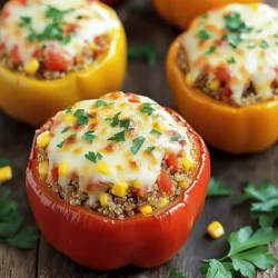 - 4 large bell peppers (any color) - 1 lb ground turkey - 1 cup cooked quinoa (or rice) - 1 small onion, finely chopped - 2 cloves garlic, minced - 1 cup diced tomatoes (canned or fresh) - 1 teaspoon Italian seasoning - 1 teaspoon smoked paprika - 1 cup corn kernels (fresh or frozen) - 1 cup shredded cheese (mozzarella or cheddar) - 2 tablespoons olive oil - Salt and pepper to taste - Fresh parsley, chopped (for garnish) Gathering the right ingredients makes all the difference. Start with fresh, colorful bell peppers. These add flavor and a nice crunch. Ground turkey is lean and helps keep this dish healthy. Quinoa or rice gives a nice base, so choose what you like. Onions and garlic give the dish depth. Use freshly chopped ingredients for the best taste. Diced tomatoes provide moisture and sweetness. Italian seasoning and smoked paprika add warmth and flavor. Corn can be fresh or frozen, adding a burst of sweetness. Don't forget the cheese! It makes the top golden and melty. Olive oil brings everything together and adds richness. Use salt and pepper to enhance the flavors. Finally, fresh parsley gives a nice touch when serving. For the complete recipe, check out the Full Recipe section. 1. Preheat your oven to 375°F (190°C). This sets the stage for baking. 2. Grab the bell peppers and cut off their tops. Remove the seeds and membranes. This helps the peppers cook evenly. 3. Lightly brush the outside of the peppers with olive oil. This adds flavor and helps them brown nicely. Place them upside down on a baking sheet. 1. In a large skillet, heat 2 tablespoons of olive oil over medium heat. This is where the magic starts. 2. Add the chopped onion and garlic. Sauté until they turn translucent, about 3-4 minutes. This will create a nice aroma in your kitchen. 3. Now, add the ground turkey to the skillet. Cook until it browns, breaking it apart as it cooks. This should take about 5-7 minutes. 4. Stir in the diced tomatoes, cooked quinoa, corn, Italian seasoning, smoked paprika, salt, and pepper. Cook for another 5 minutes. Everything should be well combined and heated through. 5. Remove from heat and stir in half of the shredded cheese. This makes the filling creamy and cheesy. 1. Carefully turn the prepared bell peppers upright. Fill each one with the turkey mixture, pressing down gently to pack them in. 2. Top each filled pepper with the remaining shredded cheese. This will give a nice cheesy crust. 3. Cover the baking sheet with aluminum foil. Bake for 25 minutes. 4. After 25 minutes, remove the foil. Bake for an additional 10-15 minutes, until the cheese is bubbly and golden. 5. Once done, take them out and let cool slightly before serving. Garnish with freshly chopped parsley for a pop of color. Enjoy preparing these stuffed bell peppers with ground turkey delight! For the full recipe, check the details above. Selecting the right bell peppers is key. Choose peppers that are firm, shiny, and heavy for their size. Look for vibrant colors, which usually mean better flavor. Avoid any with soft spots or blemishes. To prevent soggy peppers, a few simple steps help. Brush the outside with olive oil before cooking. Bake them upside down for the first part of cooking. This allows moisture to escape. Filling them with the turkey mixture while they’re upright also helps keep them firm. For side dishes, think fresh and light. A simple green salad or roasted vegetables works well. You could also serve them with a side of crusty bread. This adds a nice crunch to your meal. Garnishing can elevate your dish. Sprinkle fresh parsley on top for color and freshness. You can also use a drizzle of balsamic glaze for a touch of sweetness. This makes the peppers look more appealing and adds an extra layer of flavor. For the full recipe, check out the recipe section. {{image_2}} You can easily switch up the protein in these stuffed peppers. Ground beef is a classic choice. It offers a richer flavor and works well in this recipe. Ground chicken is another great option. It is lean and light, making it a nice substitute. For a vegetarian twist, you can use black beans or lentils. These options add protein and fiber, making the dish hearty. It’s fun to play with flavors in stuffed peppers. Different seasonings can change the taste a lot. Try taco seasoning for a spicy kick. You can also use curry powder for a unique twist. Adding extras like beans or chopped veggies gives more texture. Chopped mushrooms or spinach blend well with the turkey. You can even add olives or jalapeños for extra zing. Get creative and find your favorite mix! For the full recipe, check out the Colorful Turkey Delight Stuffed Peppers ! To keep your stuffed peppers fresh, store them in the fridge. Place them in an airtight container. They can stay good for about 3 to 4 days. If you want to keep them longer, freezing is a great option. Wrap each stuffed pepper tightly in plastic wrap. Then, place them in a freezer-safe bag or container. They can last up to 3 months in the freezer. Just label the bag with the date. This way, you will know when to use them. When it's time to enjoy your leftovers, you can reheat them easily. The best way is to use the oven. Preheat it to 350°F (175°C). Place the stuffed peppers in an oven-safe dish. Cover them with foil to keep them moist. Bake for about 20 minutes or until heated through. If you want to keep the cheese melty, remove the foil for the last 5 minutes. You can also use the microwave, but this may change the texture. Place your pepper on a microwave-safe plate. Cover it with a damp paper towel to keep it from drying out. Heat for about 2 to 3 minutes, checking frequently. Enjoy the great flavors and textures just like they were fresh out of the oven! Can I make stuffed peppers ahead of time? Yes, you can make stuffed peppers ahead. Prepare them up to a day before. Keep them in the fridge. When ready, just bake them. This saves time and makes dinner easy. How do I know when the stuffed peppers are done? Stuffed peppers are done when the cheese is bubbly and golden. The peppers should be tender but still hold their shape. You can check the filling with a fork. It should be hot all the way through. Are stuffed peppers healthy? Stuffed peppers are quite healthy. They are low in carbs and high in protein. Ground turkey adds lean protein, while peppers have vitamins. The dish is colorful and packed with nutrients. How many calories are in stuffed bell peppers with ground turkey? Each stuffed pepper has about 300-400 calories. This can change based on ingredients. Using less cheese or more veggies can lower the calories. Check the Full Recipe for specific details. Can I use different grains instead of quinoa/rice? Absolutely! You can use barley, couscous, or farro. Each grain brings a unique flavor. Choose one that you like best or have on hand. What cheese options work best for stuffed peppers? Mozzarella and cheddar are popular choices. You can also try feta or pepper jack for extra flavor. Experiment with different cheeses to find your favorite. Stuffed bell peppers are a fun and healthy meal. We covered ingredients needed, from bell peppers to cheese. I shared step-by-step instructions, including prep, cooking, and baking tips. We also looked at storage methods and tasty variations. Try new flavors and proteins to find your favorite mix. Enjoy these peppers as a tasty meal or snack! They are easy to make and tasty to eat.