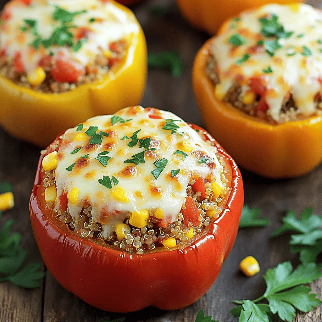 - 4 large bell peppers (any color) - 1 lb ground turkey - 1 cup cooked quinoa (or rice) - 1 small onion, finely chopped - 2 cloves garlic, minced - 1 cup diced tomatoes (canned or fresh) - 1 teaspoon Italian seasoning - 1 teaspoon smoked paprika - 1 cup corn kernels (fresh or frozen) - 1 cup shredded cheese (mozzarella or cheddar) - 2 tablespoons olive oil - Salt and pepper to taste - Fresh parsley, chopped (for garnish) Gathering the right ingredients makes all the difference. Start with fresh, colorful bell peppers. These add flavor and a nice crunch. Ground turkey is lean and helps keep this dish healthy. Quinoa or rice gives a nice base, so choose what you like. Onions and garlic give the dish depth. Use freshly chopped ingredients for the best taste. Diced tomatoes provide moisture and sweetness. Italian seasoning and smoked paprika add warmth and flavor. Corn can be fresh or frozen, adding a burst of sweetness. Don't forget the cheese! It makes the top golden and melty. Olive oil brings everything together and adds richness. Use salt and pepper to enhance the flavors. Finally, fresh parsley gives a nice touch when serving. For the complete recipe, check out the Full Recipe section. 1. Preheat your oven to 375°F (190°C). This sets the stage for baking. 2. Grab the bell peppers and cut off their tops. Remove the seeds and membranes. This helps the peppers cook evenly. 3. Lightly brush the outside of the peppers with olive oil. This adds flavor and helps them brown nicely. Place them upside down on a baking sheet. 1. In a large skillet, heat 2 tablespoons of olive oil over medium heat. This is where the magic starts. 2. Add the chopped onion and garlic. Sauté until they turn translucent, about 3-4 minutes. This will create a nice aroma in your kitchen. 3. Now, add the ground turkey to the skillet. Cook until it browns, breaking it apart as it cooks. This should take about 5-7 minutes. 4. Stir in the diced tomatoes, cooked quinoa, corn, Italian seasoning, smoked paprika, salt, and pepper. Cook for another 5 minutes. Everything should be well combined and heated through. 5. Remove from heat and stir in half of the shredded cheese. This makes the filling creamy and cheesy. 1. Carefully turn the prepared bell peppers upright. Fill each one with the turkey mixture, pressing down gently to pack them in. 2. Top each filled pepper with the remaining shredded cheese. This will give a nice cheesy crust. 3. Cover the baking sheet with aluminum foil. Bake for 25 minutes. 4. After 25 minutes, remove the foil. Bake for an additional 10-15 minutes, until the cheese is bubbly and golden. 5. Once done, take them out and let cool slightly before serving. Garnish with freshly chopped parsley for a pop of color. Enjoy preparing these stuffed bell peppers with ground turkey delight! For the full recipe, check the details above. Selecting the right bell peppers is key. Choose peppers that are firm, shiny, and heavy for their size. Look for vibrant colors, which usually mean better flavor. Avoid any with soft spots or blemishes. To prevent soggy peppers, a few simple steps help. Brush the outside with olive oil before cooking. Bake them upside down for the first part of cooking. This allows moisture to escape. Filling them with the turkey mixture while they’re upright also helps keep them firm. For side dishes, think fresh and light. A simple green salad or roasted vegetables works well. You could also serve them with a side of crusty bread. This adds a nice crunch to your meal. Garnishing can elevate your dish. Sprinkle fresh parsley on top for color and freshness. You can also use a drizzle of balsamic glaze for a touch of sweetness. This makes the peppers look more appealing and adds an extra layer of flavor. For the full recipe, check out the recipe section. {{image_2}} You can easily switch up the protein in these stuffed peppers. Ground beef is a classic choice. It offers a richer flavor and works well in this recipe. Ground chicken is another great option. It is lean and light, making it a nice substitute. For a vegetarian twist, you can use black beans or lentils. These options add protein and fiber, making the dish hearty. It’s fun to play with flavors in stuffed peppers. Different seasonings can change the taste a lot. Try taco seasoning for a spicy kick. You can also use curry powder for a unique twist. Adding extras like beans or chopped veggies gives more texture. Chopped mushrooms or spinach blend well with the turkey. You can even add olives or jalapeños for extra zing. Get creative and find your favorite mix! For the full recipe, check out the Colorful Turkey Delight Stuffed Peppers ! To keep your stuffed peppers fresh, store them in the fridge. Place them in an airtight container. They can stay good for about 3 to 4 days. If you want to keep them longer, freezing is a great option. Wrap each stuffed pepper tightly in plastic wrap. Then, place them in a freezer-safe bag or container. They can last up to 3 months in the freezer. Just label the bag with the date. This way, you will know when to use them. When it's time to enjoy your leftovers, you can reheat them easily. The best way is to use the oven. Preheat it to 350°F (175°C). Place the stuffed peppers in an oven-safe dish. Cover them with foil to keep them moist. Bake for about 20 minutes or until heated through. If you want to keep the cheese melty, remove the foil for the last 5 minutes. You can also use the microwave, but this may change the texture. Place your pepper on a microwave-safe plate. Cover it with a damp paper towel to keep it from drying out. Heat for about 2 to 3 minutes, checking frequently. Enjoy the great flavors and textures just like they were fresh out of the oven! Can I make stuffed peppers ahead of time? Yes, you can make stuffed peppers ahead. Prepare them up to a day before. Keep them in the fridge. When ready, just bake them. This saves time and makes dinner easy. How do I know when the stuffed peppers are done? Stuffed peppers are done when the cheese is bubbly and golden. The peppers should be tender but still hold their shape. You can check the filling with a fork. It should be hot all the way through. Are stuffed peppers healthy? Stuffed peppers are quite healthy. They are low in carbs and high in protein. Ground turkey adds lean protein, while peppers have vitamins. The dish is colorful and packed with nutrients. How many calories are in stuffed bell peppers with ground turkey? Each stuffed pepper has about 300-400 calories. This can change based on ingredients. Using less cheese or more veggies can lower the calories. Check the Full Recipe for specific details. Can I use different grains instead of quinoa/rice? Absolutely! You can use barley, couscous, or farro. Each grain brings a unique flavor. Choose one that you like best or have on hand. What cheese options work best for stuffed peppers? Mozzarella and cheddar are popular choices. You can also try feta or pepper jack for extra flavor. Experiment with different cheeses to find your favorite. Stuffed bell peppers are a fun and healthy meal. We covered ingredients needed, from bell peppers to cheese. I shared step-by-step instructions, including prep, cooking, and baking tips. We also looked at storage methods and tasty variations. Try new flavors and proteins to find your favorite mix. Enjoy these peppers as a tasty meal or snack! They are easy to make and tasty to eat.