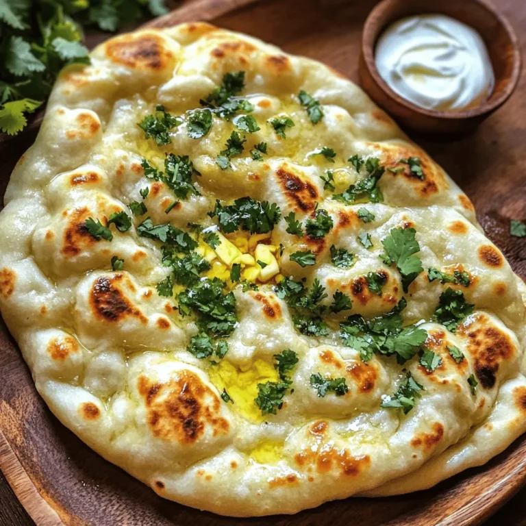 - 2 cups all-purpose flour - 1 teaspoon sugar - 1 teaspoon salt - 1 teaspoon baking powder - 3/4 cup warm water - 1/4 cup plain yogurt - 2 tablespoons olive oil - 3 cloves garlic, minced - 2 tablespoons fresh cilantro, chopped - Melted butter for brushing To make easy garlic naan, you need a few simple items. First, grab some all-purpose flour. This is the base that gives naan its soft texture. Next, sugar adds a touch of sweetness, while salt enhances the flavor. Baking powder helps it rise and become fluffy. You’ll also need warm water to mix with the yogurt and olive oil. Yogurt adds creaminess and helps the naan stay soft. Olive oil makes the dough smooth and adds flavor. Don’t forget the garlic! Fresh garlic gives that classic taste. Finally, cilantro adds a fresh touch, and melted butter makes everything better. Gather these ingredients, and you will be on your way to making soft, flavorful naan. For the complete recipe, check out the Full Recipe. In a large bowl, combine the following dry ingredients: - 2 cups all-purpose flour - 1 teaspoon sugar - 1 teaspoon salt - 1 teaspoon baking powder Mix these well. Make sure there are no lumps. This step sets a good base for your naan. Next, in a separate bowl, whisk together: - 3/4 cup warm water - 1/4 cup plain yogurt - 2 tablespoons olive oil Whisk until smooth and creamy. This mixture adds moisture and flavor to your naan. Now, combine the wet and dry ingredients. Pour the wet mixture into your dry bowl. Use your hands or a spatula to mix until a dough forms. Knead the dough on a floured surface for about 5-7 minutes. You want it smooth and elastic. If it’s too sticky, add a little more flour. Place the kneaded dough in a greased bowl. Cover it with a damp cloth. Let it rise for at least 1 hour. It should double in size. This step is key for a fluffy naan. Once the dough has risen, punch it down. Divide it into 6 equal pieces. Roll each piece into a ball. Let them rest for another 10 minutes. This makes rolling easier. Preheat a non-stick skillet or cast-iron pan over medium-high heat. Roll out each dough ball into an oval or circle, about 1/4-inch thick. Sprinkle minced garlic and chopped cilantro on top. Press lightly to make them stick. Cook the naan on the hot skillet for 1-2 minutes on each side. Look for slight charring and puffing. After cooking, brush the hot naan with melted butter right away. This makes it rich and tasty. For the complete recipe, check the Full Recipe section. Kneading is key to making soft naan. It helps develop gluten in the dough. This gives the naan its fluffy texture. When you knead, use your palms to push the dough. Fold over and repeat. Do this for about 5 to 7 minutes. The dough should feel smooth and elastic when done. Garlic and cilantro add great taste to naan. Use fresh garlic for the best flavor. Mince it finely and sprinkle it on the dough. For cilantro, chop it well and press it lightly into the dough. This helps the flavors mix well while cooking. You can also play with the amount of garlic and cilantro to match your taste. For the best naan, heat your skillet well. A non-stick skillet or cast-iron pan works great. Set the heat to medium-high. This helps the naan puff up nicely. Cook each side for 1 to 2 minutes. Look for a slight char, which adds flavor. If needed, adjust the heat for even cooking. The right heat makes all the difference in cooking naan perfectly. For the complete recipe, check out the Full Recipe. {{image_2}} You can add cheese for a tasty twist. When you roll out the dough, place some cheese in the center. Fold the dough over the cheese and seal it well. This gives you a gooey, cheesy center that melts perfectly. Try using mozzarella or feta for different flavors. The cheese adds creaminess that pairs well with the garlic. Using herbs like parsley or dill can elevate your naan. Fresh herbs add color and flavor. Simply chop the herbs and mix them into the dough or sprinkle them on top. This gives your naan a fresh taste. You can even use a mix of herbs for a unique flavor. It’s a fun way to switch things up! If you need a gluten-free option, substitute regular flour with gluten-free flour. Look for a blend that works well for breads. This option allows everyone to enjoy naan. Just make sure to follow the same steps in the recipe. The texture may differ slightly, but it will still be soft and tasty. Enjoy your gluten-free garlic naan with your favorite dishes! To keep your naan fresh, wrap it in plastic wrap. This helps seal in moisture. You can also place it in an airtight container. Make sure to store naan at room temperature for up to two days. For longer storage, the fridge is not ideal. It can dry out the naan. To reheat naan, use a skillet. Heat it on medium-low. Place the naan in and cover it with a lid. This keeps the steam in and revives its softness. You can also use an oven. Preheat it to 350°F (175°C). Wrap the naan in foil and heat for about 10 minutes. This method keeps the naan warm and soft. To freeze naan, let it cool completely first. Then, stack the naan with parchment paper between each piece. Wrap the stack tightly in plastic wrap. Place it in a freezer bag and squeeze out the air. Naan can last for up to three months in the freezer. To thaw, leave it in the fridge overnight or use the microwave for a quick option. This way, your Easy Garlic Naan will taste fresh when you need it! Yes, you can make naan without yeast. Instead, use baking powder. This makes the naan rise and stay soft. The dough will still be fluffy and delicious. Just mix the baking powder into your dry ingredients. This option saves time and gives a tasty result. To make naan more flavorful, add spices and toppings. You can mix in some cumin or coriander with the flour. For a kick, try adding red chili flakes. Toppings are fun too! You can sprinkle sesame seeds or even cheese on top. Fresh herbs like parsley or dill also add great taste. Garlic naan pairs well with many dishes. It is great with curries like butter chicken or palak paneer. You can also enjoy it with lentil soups or stews. For a lighter option, try it with yogurt dips or fresh salads. Naan is perfect for scooping up all that flavor! Easy garlic naan is simple and delicious. You learned the key ingredients and how to mix them. I showed you step-by-step instructions for making the dough. With some kneading and resting, you can create fluffy naan. I also shared tips for flavor and cooking techniques to enhance your dish. Don’t forget to try the tasty variations. Proper storage keeps your naan fresh for later. Now, you can enjoy homemade naan any time! Try it tonight with your favorite meal for a satisfying treat.