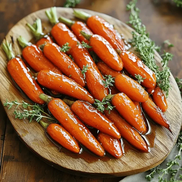 To make this tasty dish, you'll need: - 1 lb baby carrots (or regular carrots, peeled and cut into sticks) - 3 tablespoons pure maple syrup - 2 tablespoons olive oil These main ingredients create a sweet and rich flavor. The baby carrots are sweet and tender, while the maple syrup adds a nice glaze. For extra flavor, add: - 1 teaspoon ground cinnamon - ½ teaspoon salt - ¼ teaspoon black pepper - 1 tablespoon fresh thyme leaves (or 1 teaspoon dried thyme) The spices bring warmth and depth. Cinnamon adds a cozy note, while thyme gives a hint of earthiness. You can make your dish even better with: - ½ tablespoon balsamic vinegar (optional, for acidity) - Fresh parsley or thyme for garnish Balsamic vinegar can brighten the dish with a bit of tang. Fresh herbs add color and freshness for presentation. Check out the Full Recipe for all details! - First, preheat your oven to 425°F (220°C). This high heat helps caramelize the carrots. - Next, prepare the carrots. If you use regular carrots, peel them and cut them into sticks. Baby carrots can go straight on the tray. - In a large bowl, combine three tablespoons of pure maple syrup, two tablespoons of olive oil, one teaspoon of ground cinnamon, half a teaspoon of salt, and a quarter teaspoon of black pepper. - If you want a bit more flavor, add one tablespoon of fresh thyme leaves or a teaspoon of dried thyme. For extra zing, mix in half a tablespoon of balsamic vinegar. This step is key for a well-rounded taste. - Spread the coated carrots out evenly on a baking sheet. Make sure they are in a single layer. This helps them roast well. - Roast the carrots for 20 to 25 minutes. Flip them halfway through for even cooking. You want them to be tender and caramelized. - When they are done, take them out and let them cool a bit. Drizzle any leftover glaze from the sheet over the carrots. This step adds even more flavor. For the full recipe, check the complete guide above. To get that nice caramel color, you need the right heat. Set your oven to 425°F (220°C). This high temperature helps the carrots sweeten and brown well. Spacing matters too. Make sure the carrots are in a single layer on the baking sheet. If they touch, they will steam instead of roast. This will keep them soft, but you want that crispy edge! Maple syrup is sweet, but you can adjust it. If you like it sweeter, add more maple syrup. Just be careful not to overdo it. Adding balsamic vinegar gives a nice tang. It cuts through the sweetness and adds depth. Just use a little for a balanced flavor! For serving, arrange the glazed carrots on a large platter. This makes them look inviting. You can fan them out or stack them for a fun look. Garnish with fresh thyme sprigs or sprinkle chopped parsley on top. These colors look great and add a fresh taste. For more serving ideas, check out the Full Recipe! {{image_2}} You can change the flavor of maple glazed roasted carrots in a few fun ways. Try adding honey or brown sugar. This makes the carrots even sweeter. You can also add garlic for a savory twist. Just a little minced garlic goes a long way. It adds depth and a nice kick to the dish. Herbs can change the whole vibe of your dish. Instead of thyme, use rosemary for a fresh taste. Rosemary pairs well with the sweetness of the carrots. You can also play with other fresh herbs. Basil or parsley can add a unique flavor that surprises your guests. Carrots are great, but don’t stop there! You can include parsnips or sweet potatoes for variety. These root veggies roast well and blend nicely with the maple glaze. You can even mix them all together. This combo adds color and texture to your dish, making it more exciting. For a fun twist, try combining different root vegetables like beets or turnips. Each one adds a new layer of taste. To store your maple glazed carrots, place them in an airtight container. This keeps them fresh. You can also use a covered bowl. If you do this, the carrots stay moist. Maple glazed carrots keep well in the fridge for about three to four days. After that, they may lose their best flavor. When it’s time to eat leftovers, you have two good options: the oven or the microwave. The oven heats them evenly. Preheat the oven to 350°F (175°C) and place the carrots on a baking sheet. Heat for about 10 minutes. This method keeps the texture nice and crisp. If you need a quicker way, use the microwave. Place the carrots in a microwave-safe dish. Cover with a damp paper towel to keep them moist. Heat in bursts of 30 seconds until warm. Just be careful not to overcook them, or they may get mushy. You can also freeze maple glazed carrots if you have extra. First, allow them to cool completely. Then, spread them out on a baking sheet in a single layer. Freeze until solid. Once frozen, transfer the carrots to a freezer bag. Squeeze out the air before sealing. This helps prevent freezer burn. Frozen carrots are best used within three to six months. After that, they will lose flavor and texture. When you are ready to use them, thaw in the fridge overnight before reheating. You can follow the same reheating methods mentioned above for best results. For the full recipe, check out the details earlier in the article. Yes, you can use regular carrots. Just peel and cut them into sticks. Regular carrots have a firmer texture. They may take longer to cook. For best results, cut them smaller. Aim for uniform sizes to ensure even cooking. This way, all the carrots will be tender at the same time. To thicken the maple glaze, cook it longer on the stove. You can also add a bit of cornstarch mixed with water. This will help it set up nicely. Another method is to reduce the maple syrup. Heat it gently until it thickens. Just be careful not to burn it. Stir constantly for the best outcome. Maple glazed roasted carrots pair well with many dishes. Try serving them with grilled chicken or roasted pork. They also go great with salmon. For a vegetarian option, pair them with quinoa or lentils. These combinations make a balanced meal. You can even serve them alongside mashed potatoes or rice. The sweetness from the glaze adds a nice contrast. Enjoy the harmony of flavors on your plate. This side dish truly shines with a variety of main courses. For the full recipe, check out the earlier section. Maple glazed roasted carrots are a tasty addition to any meal. We covered the key ingredients, spices, and tips to achieve the best flavor and presentation. Remember, you can switch up the herbs and add other veggies too. Storing and reheating your leftovers is easy with the right methods. With these steps and variations, you can enjoy this dish made just how you like it. Experiment, enjoy the flavors, and make it your own!