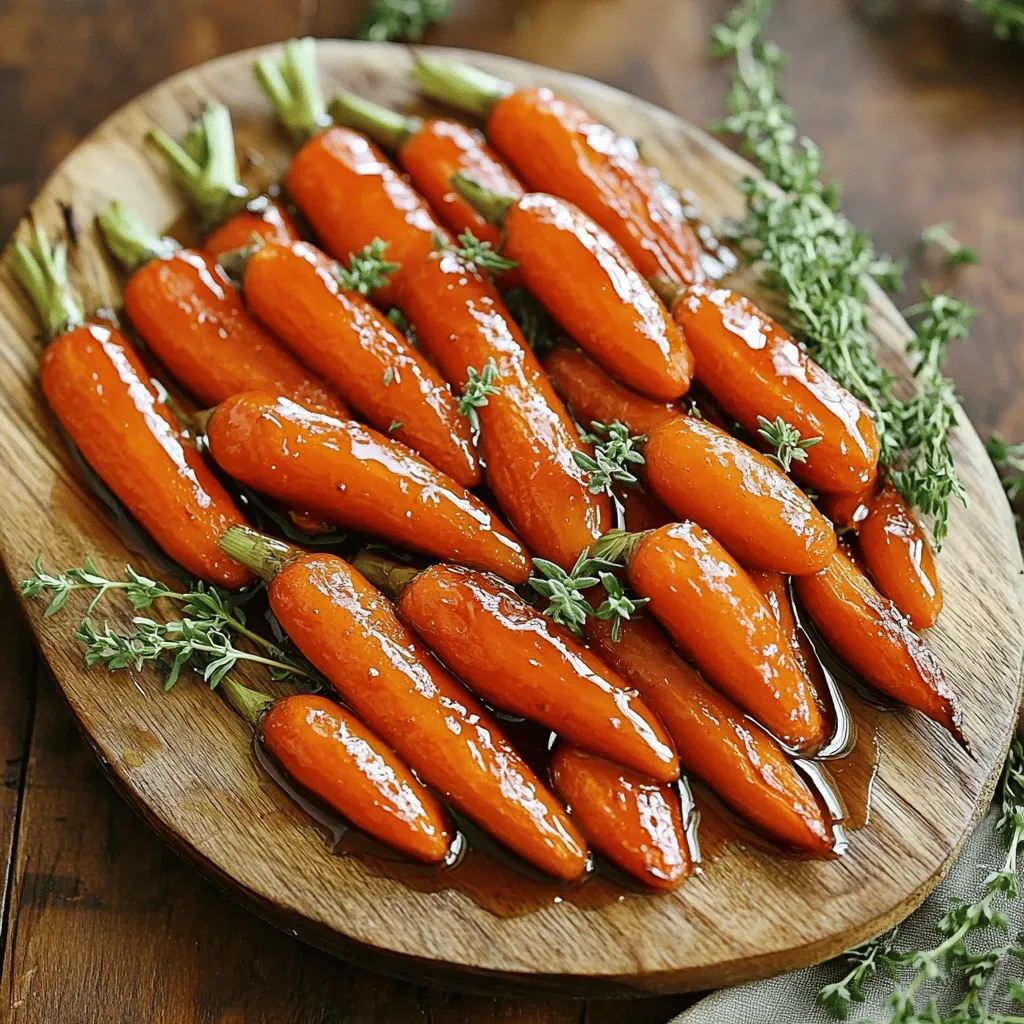 To make this tasty dish, you'll need: - 1 lb baby carrots (or regular carrots, peeled and cut into sticks) - 3 tablespoons pure maple syrup - 2 tablespoons olive oil These main ingredients create a sweet and rich flavor. The baby carrots are sweet and tender, while the maple syrup adds a nice glaze. For extra flavor, add: - 1 teaspoon ground cinnamon - ½ teaspoon salt - ¼ teaspoon black pepper - 1 tablespoon fresh thyme leaves (or 1 teaspoon dried thyme) The spices bring warmth and depth. Cinnamon adds a cozy note, while thyme gives a hint of earthiness. You can make your dish even better with: - ½ tablespoon balsamic vinegar (optional, for acidity) - Fresh parsley or thyme for garnish Balsamic vinegar can brighten the dish with a bit of tang. Fresh herbs add color and freshness for presentation. Check out the Full Recipe for all details! - First, preheat your oven to 425°F (220°C). This high heat helps caramelize the carrots. - Next, prepare the carrots. If you use regular carrots, peel them and cut them into sticks. Baby carrots can go straight on the tray. - In a large bowl, combine three tablespoons of pure maple syrup, two tablespoons of olive oil, one teaspoon of ground cinnamon, half a teaspoon of salt, and a quarter teaspoon of black pepper. - If you want a bit more flavor, add one tablespoon of fresh thyme leaves or a teaspoon of dried thyme. For extra zing, mix in half a tablespoon of balsamic vinegar. This step is key for a well-rounded taste. - Spread the coated carrots out evenly on a baking sheet. Make sure they are in a single layer. This helps them roast well. - Roast the carrots for 20 to 25 minutes. Flip them halfway through for even cooking. You want them to be tender and caramelized. - When they are done, take them out and let them cool a bit. Drizzle any leftover glaze from the sheet over the carrots. This step adds even more flavor. For the full recipe, check the complete guide above. To get that nice caramel color, you need the right heat. Set your oven to 425°F (220°C). This high temperature helps the carrots sweeten and brown well. Spacing matters too. Make sure the carrots are in a single layer on the baking sheet. If they touch, they will steam instead of roast. This will keep them soft, but you want that crispy edge! Maple syrup is sweet, but you can adjust it. If you like it sweeter, add more maple syrup. Just be careful not to overdo it. Adding balsamic vinegar gives a nice tang. It cuts through the sweetness and adds depth. Just use a little for a balanced flavor! For serving, arrange the glazed carrots on a large platter. This makes them look inviting. You can fan them out or stack them for a fun look. Garnish with fresh thyme sprigs or sprinkle chopped parsley on top. These colors look great and add a fresh taste. For more serving ideas, check out the Full Recipe! {{image_2}} You can change the flavor of maple glazed roasted carrots in a few fun ways. Try adding honey or brown sugar. This makes the carrots even sweeter. You can also add garlic for a savory twist. Just a little minced garlic goes a long way. It adds depth and a nice kick to the dish. Herbs can change the whole vibe of your dish. Instead of thyme, use rosemary for a fresh taste. Rosemary pairs well with the sweetness of the carrots. You can also play with other fresh herbs. Basil or parsley can add a unique flavor that surprises your guests. Carrots are great, but don’t stop there! You can include parsnips or sweet potatoes for variety. These root veggies roast well and blend nicely with the maple glaze. You can even mix them all together. This combo adds color and texture to your dish, making it more exciting. For a fun twist, try combining different root vegetables like beets or turnips. Each one adds a new layer of taste. To store your maple glazed carrots, place them in an airtight container. This keeps them fresh. You can also use a covered bowl. If you do this, the carrots stay moist. Maple glazed carrots keep well in the fridge for about three to four days. After that, they may lose their best flavor. When it’s time to eat leftovers, you have two good options: the oven or the microwave. The oven heats them evenly. Preheat the oven to 350°F (175°C) and place the carrots on a baking sheet. Heat for about 10 minutes. This method keeps the texture nice and crisp. If you need a quicker way, use the microwave. Place the carrots in a microwave-safe dish. Cover with a damp paper towel to keep them moist. Heat in bursts of 30 seconds until warm. Just be careful not to overcook them, or they may get mushy. You can also freeze maple glazed carrots if you have extra. First, allow them to cool completely. Then, spread them out on a baking sheet in a single layer. Freeze until solid. Once frozen, transfer the carrots to a freezer bag. Squeeze out the air before sealing. This helps prevent freezer burn. Frozen carrots are best used within three to six months. After that, they will lose flavor and texture. When you are ready to use them, thaw in the fridge overnight before reheating. You can follow the same reheating methods mentioned above for best results. For the full recipe, check out the details earlier in the article. Yes, you can use regular carrots. Just peel and cut them into sticks. Regular carrots have a firmer texture. They may take longer to cook. For best results, cut them smaller. Aim for uniform sizes to ensure even cooking. This way, all the carrots will be tender at the same time. To thicken the maple glaze, cook it longer on the stove. You can also add a bit of cornstarch mixed with water. This will help it set up nicely. Another method is to reduce the maple syrup. Heat it gently until it thickens. Just be careful not to burn it. Stir constantly for the best outcome. Maple glazed roasted carrots pair well with many dishes. Try serving them with grilled chicken or roasted pork. They also go great with salmon. For a vegetarian option, pair them with quinoa or lentils. These combinations make a balanced meal. You can even serve them alongside mashed potatoes or rice. The sweetness from the glaze adds a nice contrast. Enjoy the harmony of flavors on your plate. This side dish truly shines with a variety of main courses. For the full recipe, check out the earlier section. Maple glazed roasted carrots are a tasty addition to any meal. We covered the key ingredients, spices, and tips to achieve the best flavor and presentation. Remember, you can switch up the herbs and add other veggies too. Storing and reheating your leftovers is easy with the right methods. With these steps and variations, you can enjoy this dish made just how you like it. Experiment, enjoy the flavors, and make it your own!