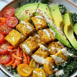 - 1 block (14 oz) firm tofu, pressed and cubed - 2 tablespoons cornstarch - 2 tablespoons soy sauce - 1 tablespoon sesame oil - 1 cup cooked quinoa - 1 cup kale, chopped - 1 carrot, julienned - 1 cup edamame, shelled - 1 avocado, sliced - ½ cup cherry tomatoes, halved - 2 tablespoons tahini - 1 tablespoon lemon juice - Salt and pepper to taste - Sesame seeds for garnish - Optional: chili flakes for heat When making a Crispy Tofu Buddha Bowl, the ingredients are key to great taste. Start with firm tofu. Press it well to remove extra water. This helps it crisp up nicely. Cornstarch is your friend here. It makes the tofu crunchy when baked. Toss the tofu cubes in soy sauce and sesame oil to give them flavor. Quinoa adds a nutty base. It’s full of protein and pairs well with the other veggies. Kale brings a bright green color and lots of vitamins. Steam it just enough to soften. Carrots add a nice crunch. Julienne them to keep the texture light. Edamame gives a protein boost. It’s also fun to eat! Avocado adds creaminess. Slice it just before serving to keep it fresh. Cherry tomatoes bring a sweet touch. Halve them for easy eating. For your dressing, tahini and lemon juice mix well. It’s simple but adds great taste. Season with salt and pepper. Finally, sprinkle sesame seeds for a nice finish. If you like some heat, add chili flakes! For the full recipe, check out the detailed cooking steps. Enjoy this healthy and tasty meal idea! To start, press the tofu to remove excess water. Place it between two plates or cutting boards, and add a weight on top. Leave it for about 15 minutes. This step is key for a firmer texture. Next, marinate the pressed tofu. In a bowl, mix soy sauce and sesame oil. Add the tofu cubes, and gently toss until they are fully coated. Let it sit for at least 10 minutes to soak in the flavor. Preheat your oven to 425°F (220°C). Line a baking sheet with parchment paper. Spread the marinated tofu evenly on the sheet. Bake for 25-30 minutes. Flip the tofu halfway through to ensure even cooking. You'll want it golden and crispy. For maximum crispiness, sprinkle cornstarch on the tofu before baking. The cornstarch helps create a crunchy crust. Make sure the tofu is in a single layer on the sheet, so it bakes evenly. Now it's time to build your bowl! Start with a base of cooked quinoa. Layer on the steamed kale, julienned carrot, shelled edamame, sliced avocado, and halved cherry tomatoes. This makes the bowl colorful and tasty. For the finishing touch, drizzle the tahini dressing over the top. To make the dressing, whisk tahini, lemon juice, salt, and pepper in a small bowl. If it’s too thick, add a splash of water to thin it out. Finally, sprinkle sesame seeds for crunch. If you like heat, add chili flakes for a spicy kick. Enjoy your Crispy Tofu Buddha Bowl! For the full recipe, check the earlier section. To get that perfect crispy tofu, cornstarch is your best friend. When you coat the tofu cubes in cornstarch, it creates a crunchy layer. This layer seals in moisture while baking. It keeps the inside tender and the outside crispy. For even cooking, flipping your tofu is key. Halfway through baking, gently turn the cubes. This helps all sides cook evenly and become golden brown. For the tahini dressing, you want to get the right consistency. Start with tahini and add lemon juice. Mix well, then add a splash of water if it feels too thick. Taste and adjust with salt for flavor. If you want variety, try other dressings. Soy sauce mixed with a bit of ginger is tasty. Or use a simple olive oil and vinegar mix for a lighter touch. Pair your Buddha bowl with other grains like brown rice or barley. These add texture and more nutrients. You can also add seasonal vegetables, like roasted sweet potatoes or zucchini. For side dishes, consider a fresh salad or soup. A light miso soup works well and adds warmth. Enjoying these sides with your bowl makes for a complete meal. {{image_2}} You can swap tofu for tempeh or seitan. Both give a hearty bite. Tempeh has a nutty taste, while seitan mimics meat texture. You can also add chickpeas for extra protein. They boost nutrition and add creaminess. Feel free to use seasonal veggies. Bell peppers, zucchini, or sweet potatoes can add great flavor and color. Other leafy greens like spinach or Swiss chard work well too. They are packed with nutrients and keep the meal fresh. Consider adding spices or herbs for extra flavor. A pinch of cumin or paprika can elevate the dish. You can also mix in international flavors. Try kimchi for a spicy kick or sriracha for heat. These additions make your bowl unique and exciting. Explore these variations to create your own perfect Crispy Tofu Buddha Bowl. For the full recipe, check out the detailed steps! To keep your Crispy Tofu Buddha Bowl fresh, use airtight containers. Glass containers work well, as they do not retain odors. First, let the bowl cool to room temperature. Then, separate the tofu from the veggies and grains. This helps prevent sogginess. Store each component in its own container. Place the tofu in a single layer to keep it crispy. You can store the leftovers in the fridge for up to three days. When reheating your bowl, aim to restore the crispy texture. The oven is your best friend here. Preheat it to 350°F (175°C). Spread the tofu on a baking sheet and heat for about 10-15 minutes. This method revives the crunch. For the veggies and grains, microwave them in short bursts. Heat them separately to avoid steaming the tofu. Enjoy your meal just as fresh as when it was made! Yes, this Buddha bowl is vegan by default. You can use plant-based ingredients. For the dressing, swap tahini with any nut butter if you prefer. You can also use a mix of vinegar and oil for a simple dressing. There are many dairy-free options that work well, like almond yogurt or coconut yogurt. To keep your tofu crispy, press it first. Use a clean kitchen towel or paper towels to absorb excess moisture. A tofu press works great too. After pressing, marinate the tofu in soy sauce and sesame oil. Baking at the right temperature is key. Bake at 425°F and flip halfway for even crispiness. You can add grains like brown rice or farro to bulk it up. Legumes like black beans or chickpeas add protein and fiber. You can also mix in dense veggies, like sweet potatoes or broccoli. For a heartier meal, try adding nuts or seeds on top. This blog post guides you on creating a tasty Buddha bowl with crispy tofu. You learned about the essential ingredients, step-by-step instructions, and tips for great results. I shared ways to customize your bowl with different flavors and proteins. Remember, the key is to press the tofu well and bake it for crunch. Enjoy experimenting with veggies and dressings. These bowls are not only healthy but also fun to make and enjoy. Try it out, and you'll find a new favorite meal!