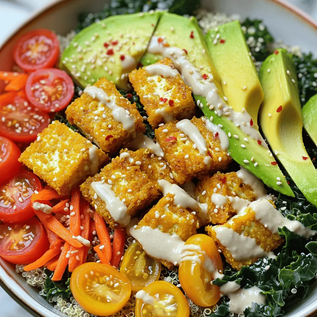 - 1 block (14 oz) firm tofu, pressed and cubed - 2 tablespoons cornstarch - 2 tablespoons soy sauce - 1 tablespoon sesame oil - 1 cup cooked quinoa - 1 cup kale, chopped - 1 carrot, julienned - 1 cup edamame, shelled - 1 avocado, sliced - ½ cup cherry tomatoes, halved - 2 tablespoons tahini - 1 tablespoon lemon juice - Salt and pepper to taste - Sesame seeds for garnish - Optional: chili flakes for heat When making a Crispy Tofu Buddha Bowl, the ingredients are key to great taste. Start with firm tofu. Press it well to remove extra water. This helps it crisp up nicely. Cornstarch is your friend here. It makes the tofu crunchy when baked. Toss the tofu cubes in soy sauce and sesame oil to give them flavor. Quinoa adds a nutty base. It’s full of protein and pairs well with the other veggies. Kale brings a bright green color and lots of vitamins. Steam it just enough to soften. Carrots add a nice crunch. Julienne them to keep the texture light. Edamame gives a protein boost. It’s also fun to eat! Avocado adds creaminess. Slice it just before serving to keep it fresh. Cherry tomatoes bring a sweet touch. Halve them for easy eating. For your dressing, tahini and lemon juice mix well. It’s simple but adds great taste. Season with salt and pepper. Finally, sprinkle sesame seeds for a nice finish. If you like some heat, add chili flakes! For the full recipe, check out the detailed cooking steps. Enjoy this healthy and tasty meal idea! To start, press the tofu to remove excess water. Place it between two plates or cutting boards, and add a weight on top. Leave it for about 15 minutes. This step is key for a firmer texture. Next, marinate the pressed tofu. In a bowl, mix soy sauce and sesame oil. Add the tofu cubes, and gently toss until they are fully coated. Let it sit for at least 10 minutes to soak in the flavor. Preheat your oven to 425°F (220°C). Line a baking sheet with parchment paper. Spread the marinated tofu evenly on the sheet. Bake for 25-30 minutes. Flip the tofu halfway through to ensure even cooking. You'll want it golden and crispy. For maximum crispiness, sprinkle cornstarch on the tofu before baking. The cornstarch helps create a crunchy crust. Make sure the tofu is in a single layer on the sheet, so it bakes evenly. Now it's time to build your bowl! Start with a base of cooked quinoa. Layer on the steamed kale, julienned carrot, shelled edamame, sliced avocado, and halved cherry tomatoes. This makes the bowl colorful and tasty. For the finishing touch, drizzle the tahini dressing over the top. To make the dressing, whisk tahini, lemon juice, salt, and pepper in a small bowl. If it’s too thick, add a splash of water to thin it out. Finally, sprinkle sesame seeds for crunch. If you like heat, add chili flakes for a spicy kick. Enjoy your Crispy Tofu Buddha Bowl! For the full recipe, check the earlier section. To get that perfect crispy tofu, cornstarch is your best friend. When you coat the tofu cubes in cornstarch, it creates a crunchy layer. This layer seals in moisture while baking. It keeps the inside tender and the outside crispy. For even cooking, flipping your tofu is key. Halfway through baking, gently turn the cubes. This helps all sides cook evenly and become golden brown. For the tahini dressing, you want to get the right consistency. Start with tahini and add lemon juice. Mix well, then add a splash of water if it feels too thick. Taste and adjust with salt for flavor. If you want variety, try other dressings. Soy sauce mixed with a bit of ginger is tasty. Or use a simple olive oil and vinegar mix for a lighter touch. Pair your Buddha bowl with other grains like brown rice or barley. These add texture and more nutrients. You can also add seasonal vegetables, like roasted sweet potatoes or zucchini. For side dishes, consider a fresh salad or soup. A light miso soup works well and adds warmth. Enjoying these sides with your bowl makes for a complete meal. {{image_2}} You can swap tofu for tempeh or seitan. Both give a hearty bite. Tempeh has a nutty taste, while seitan mimics meat texture. You can also add chickpeas for extra protein. They boost nutrition and add creaminess. Feel free to use seasonal veggies. Bell peppers, zucchini, or sweet potatoes can add great flavor and color. Other leafy greens like spinach or Swiss chard work well too. They are packed with nutrients and keep the meal fresh. Consider adding spices or herbs for extra flavor. A pinch of cumin or paprika can elevate the dish. You can also mix in international flavors. Try kimchi for a spicy kick or sriracha for heat. These additions make your bowl unique and exciting. Explore these variations to create your own perfect Crispy Tofu Buddha Bowl. For the full recipe, check out the detailed steps! To keep your Crispy Tofu Buddha Bowl fresh, use airtight containers. Glass containers work well, as they do not retain odors. First, let the bowl cool to room temperature. Then, separate the tofu from the veggies and grains. This helps prevent sogginess. Store each component in its own container. Place the tofu in a single layer to keep it crispy. You can store the leftovers in the fridge for up to three days. When reheating your bowl, aim to restore the crispy texture. The oven is your best friend here. Preheat it to 350°F (175°C). Spread the tofu on a baking sheet and heat for about 10-15 minutes. This method revives the crunch. For the veggies and grains, microwave them in short bursts. Heat them separately to avoid steaming the tofu. Enjoy your meal just as fresh as when it was made! Yes, this Buddha bowl is vegan by default. You can use plant-based ingredients. For the dressing, swap tahini with any nut butter if you prefer. You can also use a mix of vinegar and oil for a simple dressing. There are many dairy-free options that work well, like almond yogurt or coconut yogurt. To keep your tofu crispy, press it first. Use a clean kitchen towel or paper towels to absorb excess moisture. A tofu press works great too. After pressing, marinate the tofu in soy sauce and sesame oil. Baking at the right temperature is key. Bake at 425°F and flip halfway for even crispiness. You can add grains like brown rice or farro to bulk it up. Legumes like black beans or chickpeas add protein and fiber. You can also mix in dense veggies, like sweet potatoes or broccoli. For a heartier meal, try adding nuts or seeds on top. This blog post guides you on creating a tasty Buddha bowl with crispy tofu. You learned about the essential ingredients, step-by-step instructions, and tips for great results. I shared ways to customize your bowl with different flavors and proteins. Remember, the key is to press the tofu well and bake it for crunch. Enjoy experimenting with veggies and dressings. These bowls are not only healthy but also fun to make and enjoy. Try it out, and you'll find a new favorite meal!