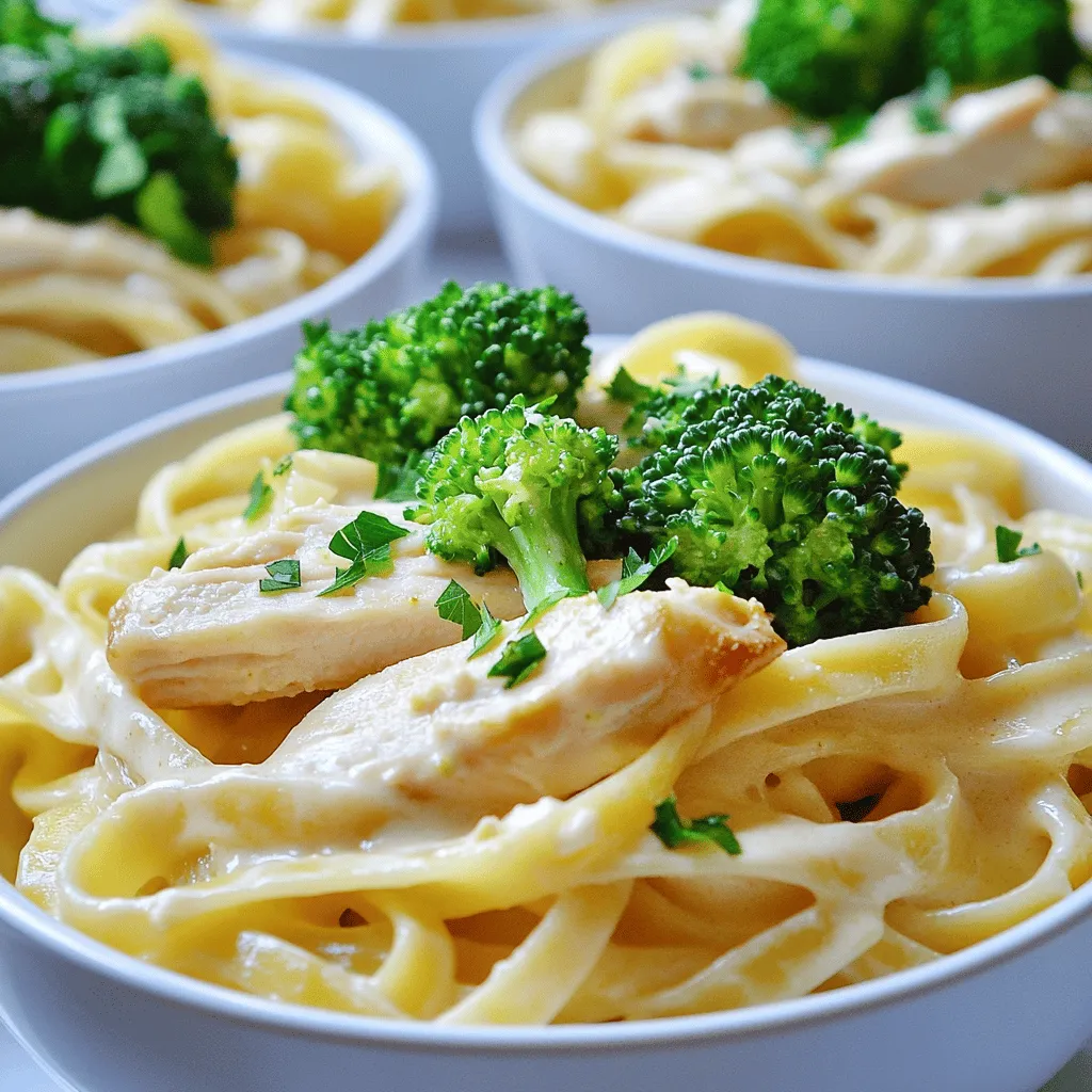 When preparing Chicken Alfredo with Broccoli, you want to gather fresh, quality ingredients. Here’s what you need for 20 servings: - Chicken Breasts - Fettuccine Pasta - Broccoli Florets - Butter - Garlic - Heavy Cream - Parmesan Cheese - Italian Seasoning - Salt and Pepper - Fresh Parsley Each ingredient plays a key role in creating this creamy, comforting dish. Chicken breasts give protein and a hearty flavor. Fettuccine pasta serves as a perfect base, soaking up the rich sauce. Broccoli florets add color and crunch, making the dish more vibrant. Butter and garlic create a fragrant start for your sauce. Heavy cream and Parmesan cheese make the sauce creamy and cheesy. Italian seasoning, salt, and pepper enhance all the flavors. Finally, fresh parsley adds a bright finish when serving. With these ingredients, you will create a meal that’s both delicious and satisfying. For the full recipe, don’t forget to check out the details! - Seasoning and Cooking Chicken: First, season the chicken breasts with salt, pepper, and Italian seasoning. This gives great flavor. In a large skillet, melt 2 tablespoons of butter over medium heat. Add the seasoned chicken. Cook for about 6-7 minutes on each side. The chicken should be cooked through and golden brown. Remove it from the skillet and let it rest for a few minutes. - Slicing Chicken: Once the chicken has rested, slice it into strips. This makes it easy to mix into the pasta later. - Sautéing Garlic: In the same skillet, add the remaining butter and minced garlic. Sauté for about a minute. The garlic should smell nice and fragrant. - Steaming Broccoli Florets: Next, add the broccoli florets and a splash of water. Cover the skillet and let the broccoli steam for 3-4 minutes. It should turn bright green and be tender, but still crisp. - Boiling Fettuccine: In a large pot, boil salted water. Add the fettuccine and cook according to package instructions. Usually, this takes 8-10 minutes until the pasta is al dente. - Draining and Setting Aside: Once cooked, drain the pasta in a colander. Set it aside for now. - Combining Cream and Cheese: In the skillet with the broccoli and garlic, pour in the heavy cream. Let it come to a gentle simmer. Then, stir in the grated Parmesan cheese. Mix until the sauce thickens a bit. - Seasoning the Sauce: Taste the sauce and add more salt and pepper if needed. This step makes sure the flavors are just right. - Adding Pasta and Chicken to Sauce: Now, it’s time to combine everything! Add the cooked fettuccine and sliced chicken to the skillet with the sauce. - Tossing Everything Together: Toss everything gently until all the pasta and chicken are well coated in the creamy sauce. - Plating the Dish: Use shallow bowls to plate the Chicken Alfredo with Broccoli. This makes it look nice. - Garnishing with Parsley: Finally, sprinkle chopped fresh parsley on top. This adds a lovely color and fresh taste. For the full recipe, check out the details above. Enjoy your delicious meal! To get that rich and creamy texture in your Alfredo sauce, you need to focus on two main areas: thickening and seasoning. - Thickening the Sauce: Start with heavy cream. This is crucial for a thick sauce. Heat it gently, then add grated Parmesan cheese. Stir constantly until it melts and combines. If the sauce seems too thin, let it simmer a little longer. The cheese will help to thicken it more. - Adjusting Seasoning: Taste is key! After adding cheese, try the sauce. If it needs more flavor, add salt or pepper. You can also sprinkle in some Italian seasoning to enhance the taste. Just remember to add a little at a time. When cooking for more people, you can easily adjust your recipe. - Scaling Ingredients: For larger servings, simply multiply your ingredients. If you want to serve 20, double the chicken and pasta. Make sure you have enough sauce too. It ties everything together. - Timing Your Cooking Process: Timing is crucial. Start with the chicken, then the broccoli, and finally the pasta. This way, everything will be hot and fresh when you serve it. Keep a close eye on each step so nothing overcooks. Presentation makes a meal special. - Pairing with Sides: Think about a light salad or some garlic bread. They balance the creaminess of the Alfredo. You can also serve it with a glass of white wine for a nice touch. - Presentation Ideas: Use shallow bowls for a nice look. After plating, sprinkle fresh parsley on top for color. This not only looks great but adds a fresh flavor too. These tips will elevate your Chicken Alfredo with Broccoli and make it a hit! For the complete details, refer to the Full Recipe. {{image_2}} You can change Chicken Alfredo with Broccoli in many fun ways. Let’s explore some variations that make this dish even better. Adding more veggies boosts nutrition and flavor. - Peas: Toss in some sweet peas. They add a pop of color and taste. Just stir them in with the broccoli for a few minutes. - Spinach: Add fresh spinach for a vibrant twist. It wilts down nicely. Mix in the spinach right before serving for a fresh touch. Switching proteins can change the whole dish. - Shrimp: Use shrimp instead of chicken. Shrimp cooks fast. Sauté them until pink and tender, then add them to your Alfredo sauce. - Tofu: For a meat-free option, use tofu. Press and cube it, then sauté until golden. This adds a nice texture while keeping it plant-based. Different flavors can take your dish to the next level. - Different Cheese: Try using different cheeses like mozzarella or gouda. Each cheese brings its unique taste and creaminess. Mix and match for fun results! - Spices and Herbs: Add spices like red pepper flakes for heat or fresh basil for freshness. These small changes can elevate your dish and surprise your taste buds. These variations allow you to make Chicken Alfredo with Broccoli your own. Enjoy experimenting with flavors and textures, and don’t forget to check out the Full Recipe for more details! - Refrigeration Guidelines: Place any leftover Chicken Alfredo with Broccoli in an airtight container. It will stay fresh in the fridge for about 3 to 4 days. Make sure to cool it down to room temperature before sealing it. - Freezing for Later Use: If you want to keep it longer, freeze the leftovers. Use freezer-safe containers or bags. It will last for about 2 to 3 months in the freezer. Just remember to label it with the date! - Best Methods: The best way to reheat this dish is on the stove. Heat it in a pan over low heat, stirring often. You can also use the microwave but do it in short bursts, stirring in between. - Maintaining Creaminess: To keep the sauce creamy, add a splash of milk or cream while reheating. This will help restore its smooth texture. Stir well to combine everything before serving. You can prepare Chicken Alfredo with Broccoli ahead of time. Just follow these steps for best results. First, cook the chicken and broccoli as described in the recipe. After cooling, store them in airtight containers. Keep the pasta separate to avoid sogginess. When ready to serve, reheat the chicken and broccoli. Cook the pasta fresh for the best taste and texture. Combine everything, then add the sauce. This keeps each part fresh and tasty. If you want a lighter option, you can substitute heavy cream. Here are a few choices: - Milk and butter: Mix ¾ cup of milk with ¼ cup of melted butter. - Greek yogurt: Use it for a creamy texture but reduce the heat to avoid curdling. - Coconut milk: This adds a unique flavor and is dairy-free. These alternatives change the taste slightly but still give a creamy texture. To check if the chicken is cooked, use a meat thermometer. Insert it into the thickest part of the chicken. The safe internal temperature is 165°F (75°C). If you don’t have a thermometer, cut into the chicken. The meat should be white, not pink. The juices should run clear. This ensures the chicken is safe to eat. Yes, you can use whole grain pasta instead of fettuccine. Whole grain pasta adds more fiber and nutrients. Just cook it according to the package instructions. Adjust the cooking time, as whole grain pasta may take longer. The taste and texture will be different, but it will still pair well with the creamy sauce. This blog post provided a full guide to making Chicken Alfredo with Broccoli for 20 servings. You learned about the key ingredients, step-by-step instructions, and helpful tips for perfecting the dish. Remember, you can customize it with different proteins or veggies to suit your taste. Storing leftovers is easy, too! Enjoy your creamy, savory meal and impress your friends or family when you serve it. Cooking doesn’t have to be hard. With these tips, you’ll shine in the kitchen!