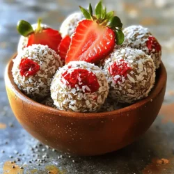 - 1 cup pitted Medjool dates - 1 cup rolled oats - 1/2 cup dried strawberries or strawberry freeze-dried powder - 1/3 cup unsweetened shredded coconut - 1/4 cup almond butter or any nut butter of choice - 1 tablespoon chia seeds - 1 teaspoon vanilla extract - Pinch of salt Gather these ingredients to make your Strawberry Coconut Energy Balls. Each one plays a key role in flavor and texture. These energy balls are not just tasty; they are also healthy. Each serving has about 120 calories. They provide fiber, healthy fats, and protein to keep you full. You will find key vitamins and minerals in these balls. Strawberries give you vitamin C, while chia seeds add calcium and iron. The ingredients in these energy balls offer great health perks. Medjool dates provide natural sugars for an energy boost. They help you feel energized without a sugar crash. Strawberries are rich in antioxidants, which protect your cells. They also help reduce inflammation, making them a great fruit choice. Chia seeds are tiny powerhouses. They provide protein, fiber, and omega-3 fatty acids. These nutrients help support heart health and digestion. For the full recipe, check out the details in the previous section. Enjoy making your snacks healthy and fun! First, take 1 cup of pitted Medjool dates and put them in your food processor. Pulse them until they form a thick paste. You may need to scrape down the sides a few times to ensure even mixing. Next, add in the other ingredients in this order: 1 cup of rolled oats, 1/2 cup of dried strawberries (or strawberry freeze-dried powder), 1/3 cup of unsweetened shredded coconut, 1/4 cup of almond butter, 1 tablespoon of chia seeds, 1 teaspoon of vanilla extract, and a pinch of salt. Process the mixture until everything combines into a sticky dough. If it feels too dry, add a teaspoon of water or almond milk to help it bind. Now, it’s time to shape the dough into balls. Use your hands to form small balls, about 1 inch in diameter. This size makes for a perfect snack. If you want, you can roll each ball in some extra shredded coconut for a nice finish. This gives them a lovely look and adds some texture. Chilling the energy balls is very important. It helps them firm up and makes them easier to eat. Place the balls on a baking sheet or plate and refrigerate them for at least 30 minutes. If you're in a hurry, you can also place them in the freezer for about 10-15 minutes. This quick chill will help you enjoy your strawberry coconut energy balls in no time! - Over-processing the mixture: If you process too long, your balls may turn into a paste. Stop when the mixture holds together but still has some texture. - Not adding enough moisture: If your mix feels dry, add a bit of water or almond milk. This helps bind the ingredients well. - Adding spices like cinnamon or nutmeg: These spices add warmth and depth to the flavor. Just a pinch can change the game. - Incorporating different nut butters: Try using peanut butter or cashew butter instead of almond. Each nut butter gives a new twist. - Pairing with fresh fruits or nuts: Serve your energy balls with sliced strawberries or a handful of nuts. This adds color and crunch. - Creative ways to present energy balls: Arrange the balls on a platter. You can even garnish with chia seeds or coconut for a fun look. For the full recipe, check out the details above! {{image_2}} You can switch up the fruit in your energy balls. Dried mango or apricots work great. They add a sweet and tangy flavor. You can also try freeze-dried fruits. They keep their taste and color. Just blend them into the mix for a fun twist. If you need a nut-free option, use sunflower seed butter. It gives the same creamy texture. Adjust the other ingredients to keep the mix sticky. You may need to add a little more moisture to keep the balls together. Make sure all your ingredients are gluten-free. Look for certified oats. If you can't find gluten-free oats, you can use ground nuts or seeds. This keeps your energy balls tasty and safe for everyone. For the best storage, use airtight containers. They keep your Strawberry Coconut Energy Balls fresh. Zip-top bags are okay too but may not keep all the air out. Store them in the fridge for short-term use. They stay good for about a week. If you want to keep them for longer, use the freezer. Energy balls freeze well and can last up to three months. In the fridge, your energy balls last about seven days. They still taste great even after a week. If you freeze them, they can last for three months. Just be sure to keep them in an airtight container or zip-top bag. To thaw frozen energy balls, simply take them out of the freezer. Leave them in the fridge for a few hours. If you're in a hurry, you can leave them at room temperature for about 30 minutes. They taste best within 2-3 days after thawing. Enjoy them as a quick snack or post-workout boost! For the full recipe, check back to create this tasty treat. To make these energy balls chewier, adjust the ratio of dates to oats. Use more dates and fewer oats. Dates add moisture and sweetness, which help create a chewy texture. You can also add a splash of water or almond milk if the mixture feels too dry. This small change can make a big difference in your energy balls' texture. Yes, you can easily make these energy balls vegan. Substitute almond butter with any plant-based nut butter. If you want to avoid honey or other animal products, stick to maple syrup for added sweetness. All the other ingredients in the recipe are naturally vegan. This way, you can enjoy a tasty snack that fits your diet. Absolutely! Strawberry Coconut Energy Balls are a great snack for kids. They are packed with nutrients. Each ingredient brings health benefits, like fiber from oats and antioxidants from strawberries. To make them more kid-friendly, you can let your kids help in the kitchen. This fun activity can spark their interest in healthy eating. You can also roll the balls in colorful sprinkles or chopped nuts to make them more appealing. This blog post detailed how to make tasty Strawberry Coconut Energy Balls. We covered the key ingredients, their health benefits, and easy step-by-step instructions. You also learned tips, tricks, and ways to store and enjoy these snacks. Remember, these energy balls are simple to make and customizable. They fit many diets and provide great energy. Feel free to experiment with flavors and ingredients. Enjoy making these healthy treats for yourself and others!