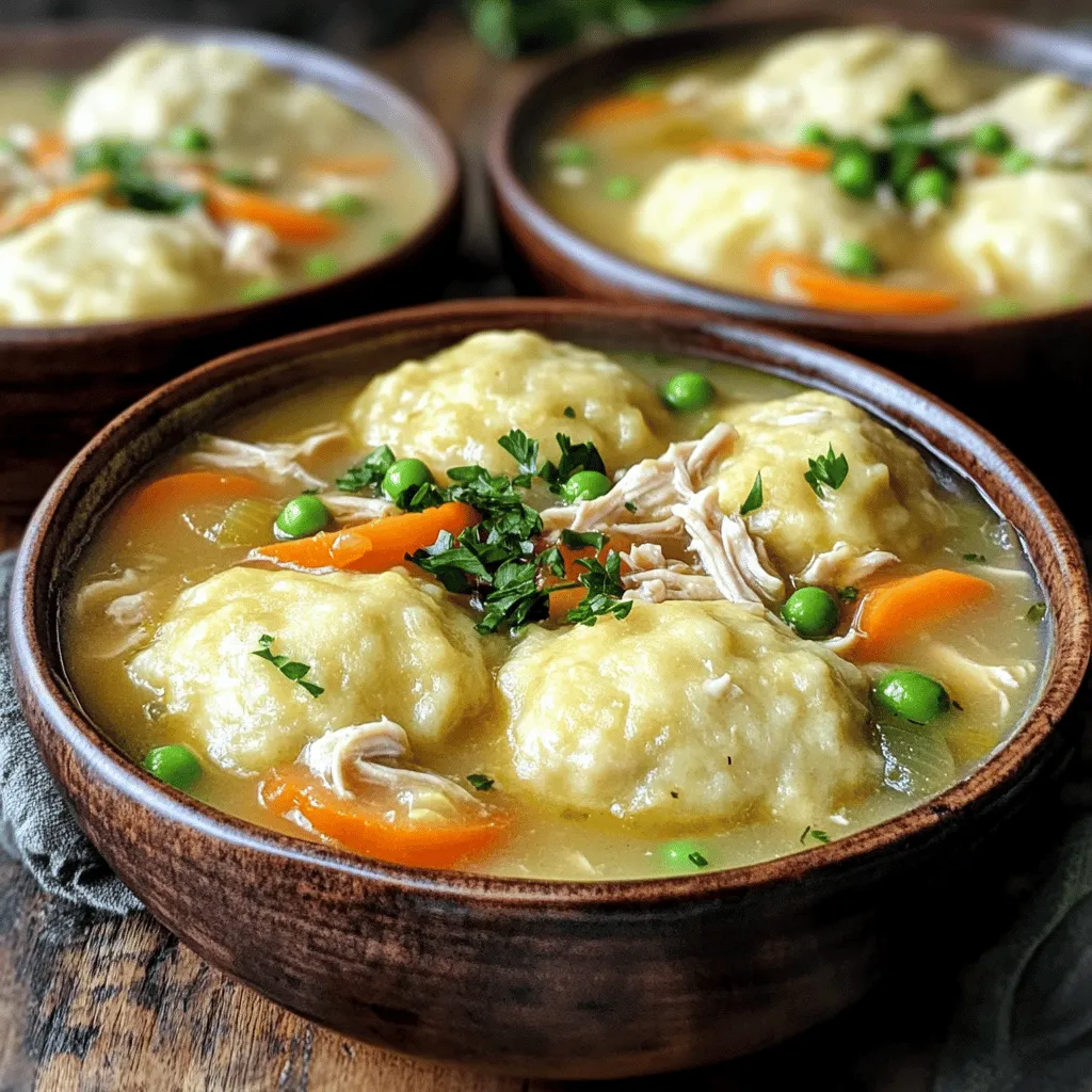 - 2 tablespoons olive oil - 1 medium onion, diced - 2 carrots, sliced - 2 celery stalks, sliced - 3 garlic cloves, minced - 1 teaspoon dried thyme - 1 teaspoon dried rosemary - 4 cups chicken broth - 2 cups cooked chicken, shredded - 1 cup frozen peas - Salt and pepper to taste - 2 cups all-purpose flour - 1 tablespoon baking powder - 1/2 teaspoon salt - 1/4 cup unsalted butter, melted - 1 cup milk - 1 tablespoon fresh parsley, chopped (for garnish) Gather these ingredients before you start cooking. Each item plays a key role in building flavor and creating that perfect comfort dish. The olive oil gives a nice base, while the onion, carrots, and celery add depth. Fresh garlic, thyme, and rosemary lift the dish with aromatic notes. The chicken broth provides the rich liquid that brings everything together. For the dumplings, the flour and baking powder create a light texture, while butter and milk ensure they stay moist. Fresh parsley is the cherry on top, adding color and a hint of freshness. You can find the full recipe in the cooking section. Step 1: Sauté the vegetables Start by heating 2 tablespoons of olive oil in a large pot over medium heat. Add 1 medium diced onion, 2 sliced carrots, and 2 sliced celery stalks. Cook the veggies until they soften, about 5 to 7 minutes. This step builds a solid base for your soup. Step 2: Aromatics and seasonings Next, stir in 3 minced garlic cloves, 1 teaspoon of dried thyme, and 1 teaspoon of dried rosemary. Cook for another minute until the herbs give off their great smell. This adds depth to your dish. Step 3: Add chicken and peas Pour in 4 cups of chicken broth and bring the mix to a simmer. Add 2 cups of shredded cooked chicken and 1 cup of frozen peas. Season with salt and pepper to taste. This mix is where the comfort comes from! Step 4: Mix dumpling ingredients In a separate bowl, combine 2 cups of all-purpose flour, 1 tablespoon of baking powder, and 1/2 teaspoon of salt. Stir in 1/4 cup of melted unsalted butter and 1 cup of milk. Mix until just combined; the dough should be a bit sticky. Step 5: Drop dumplings into broth Spoon dollops of the dumpling batter over your simmering soup. Cover the pot with a lid. Let the dumplings steam for about 15 minutes. They should puff up and cook through. Step 6: Cooking time and tips After 15 minutes, remove the pot from heat and let it sit for a few minutes. You can adjust the seasoning if needed. Serve your chicken and dumplings in deep bowls. Garnish with fresh parsley for a nice touch. For the complete recipe, check the Full Recipe. - How to achieve fluffy dumplings For fluffy dumplings, mix the ingredients just until combined. Do not overmix! Drop the batter onto the simmering broth. Cover the pot tightly. This helps steam the dumplings, making them light and airy. - Best practices for seasoning Season your broth with salt and pepper as you go. Taste often! You can add more thyme or rosemary for extra flavor. Fresh herbs at the end make a big difference too. - Timing for perfect chicken texture Cook the chicken until it’s tender but not dry. If you use cooked chicken, add it late in the cooking process. This keeps it juicy and flavorful. - Presentation ideas Serve the chicken and dumplings in deep bowls. A sprinkle of fresh parsley on top brightens the dish. For a rustic touch, use a wooden spoon to serve. - Recommended side dishes Pair with a simple green salad or crusty bread. These sides balance the richness of the dumplings. - Storage recommendations for leftovers Store leftovers in an airtight container. They last up to three days in the fridge. Reheat gently to avoid mushy dumplings. For longer storage, freeze the soup without dumplings. Add fresh dumplings when you reheat. Enjoy making this hearty comfort meal with these tips! For the full recipe, check the section above. {{image_2}} You can switch up the proteins in this dish. Try using turkey or beef instead of chicken. Both options add unique flavors and are just as hearty. If you prefer a healthier twist, consider using shredded cooked turkey. It works great and has a lighter taste. Adding veggies is another fun way to change things. Corn and green beans blend well with the soup. They add color and extra nutrients. You can toss in a cup of frozen corn or fresh green beans for a crunchy bite. If you need gluten-free dumplings, it's simple. Just replace all-purpose flour with a gluten-free blend. Be sure to check the label for a good mix that works for baking. This will help keep your dumplings fluffy and light. For dairy-free options, use almond milk or oat milk instead of regular milk. You can also swap out unsalted butter for coconut oil. These changes keep the flavor while making it suitable for different diets. Enjoy your meal without worry! For the Full Recipe, click here to create your own delicious chicken and dumplings. After enjoying your chicken and dumplings, you may want to save some for later. Here are some best practices for refrigeration: - Cool Quickly: Let the dish cool to room temperature. This helps prevent bacteria growth. - Use Airtight Containers: Store leftovers in airtight containers. This keeps your meal fresh. - Refrigerate Promptly: Place the containers in the fridge within two hours. This keeps food safe. If you want to save chicken and dumplings for a longer time, follow these freezing tips: - Freeze in Portions: Divide your chicken and dumplings into smaller portions. This makes it easier to thaw. - Label and Date: Write the date on each container. This helps you track how long they’ve been in the freezer. - Use Freezer Bags: Use freezer bags for less space. Squeeze out as much air as possible before sealing. When you are ready to enjoy your stored chicken and dumplings, you can reheat them easily. Here’s how to reheat on the stovetop: - Use a Saucepan: Place the leftovers in a saucepan over medium heat. - Add Liquid: If the dish seems dry, add a splash of chicken broth or water. This helps to keep it moist. - Stir Often: Stir the mixture as it heats. This ensures even warming and prevents sticking. For quick reheating, here are some microwave reheating tips: - Use a Microwave-Safe Bowl: Transfer your chicken and dumplings to a microwave-safe bowl. - Cover the Bowl: Cover it with a microwave-safe lid or plate. This traps steam and keeps moisture in. - Heat in Intervals: Heat for one minute and stir. Repeat until heated thoroughly. This helps prevent hot spots. By following these storage and reheating tips, you can enjoy your chicken and dumplings at their best! How long does it take to make Classic Chicken and Dumplings? It takes about 60 minutes to make Classic Chicken and Dumplings. You will need 20 minutes to prep and 40 minutes for cooking. Can I use rotisserie chicken in this recipe? Yes, you can use rotisserie chicken! It saves time and adds great flavor. Just shred the meat and add it to your pot. What can I serve with Chicken and Dumplings? Chicken and Dumplings pair well with a simple green salad or steamed vegetables. You can also add some crusty bread to soak up the broth. Can I make dumplings ahead of time? I do not recommend making dumplings too far ahead. They are best when fresh. However, you can prepare the dough and refrigerate it for a few hours. How to modify the recipe for larger servings? To serve more people, simply double the ingredients. You can use a larger pot to ensure even cooking. For the complete cooking steps, check out the Full Recipe. In this blog post, we explored a delicious Classic Chicken and Dumplings recipe. We covered ingredients, step-by-step instructions, and tips for perfect fluffiness. You learned about variations, storage options, and common questions. I hope you feel ready to try this comforting dish. It’s easy, tasty, and perfect for sharing. Enjoy cooking and make it your own!