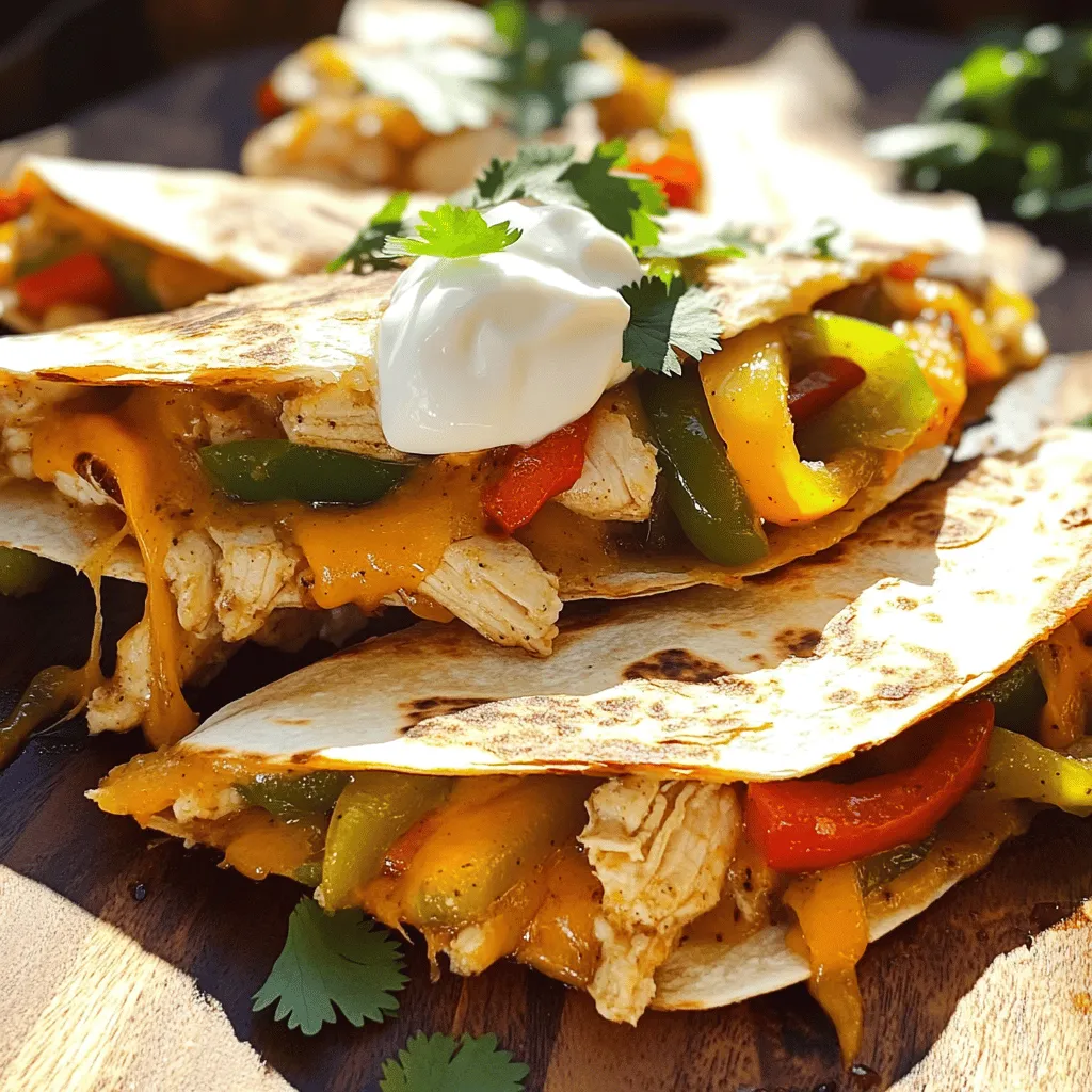 To make tasty Chicken Fajita Quesadillas, gather these simple ingredients: - 2 chicken breasts, sliced - 1 bell pepper (red or green), sliced - 1 medium onion, sliced - 2 tablespoons fajita seasoning (store-bought or homemade) - 4 large flour tortillas - 2 cups shredded cheddar cheese - 2 tablespoons olive oil - Salt and pepper to taste - Fresh cilantro, chopped (for garnish) - Sour cream, for serving Using the right amounts makes a big difference. Each ingredient serves a purpose and adds flavor. For example, the chicken gives protein, while the cheese adds creaminess. The bell pepper and onion bring sweetness and crunch. The fajita seasoning ties it all together with spices. Follow the measurements closely for the best taste. Fresh ingredients always taste better, but frozen can work too. Fresh chicken, peppers, and onions will give you the best flavor. They also have a nice texture. If you use frozen chicken or veggies, make sure to thaw them first. This helps them cook evenly. I recommend fresh for a quick meal that feels special. However, if you are short on time, frozen can save the day. Just remember to adjust cooking times for frozen ingredients. Start by slicing the chicken breasts into thin strips. This helps them cook evenly. Heat one tablespoon of olive oil in a large skillet over medium heat. Add the chicken and sprinkle on two tablespoons of fajita seasoning, salt, and pepper. Cook for about five to seven minutes until the chicken is no longer pink. Remove the chicken and set it aside. In the same skillet, add another tablespoon of olive oil. Toss in the sliced bell pepper and onion. Sauté for about four to five minutes. You want them to be tender and slightly caramelized. Once done, return the chicken to the skillet. Mix it well with the veggies and cook for another one to two minutes. This step blends the flavors beautifully. Now, it's time to cook the quesadillas. Preheat a separate non-stick skillet over medium heat. Place one flour tortilla in the skillet. Sprinkle half of the shredded cheese evenly over the tortilla. Next, spoon half of your chicken and veggie mix on top. Add the remaining cheese to ensure a gooey finish. Cover with another tortilla. Cook for three to four minutes until the bottom tortilla turns golden. You’ll see the cheese starting to melt. Carefully flip the quesadilla and cook the other side for another three to four minutes. Keep an eye on it to avoid burning. Once cooked, remove the quesadilla from the skillet. Allow it to cool for a moment before cutting it into wedges. Repeat this with the other tortillas and filling until you have a tasty stack. To get perfectly melty cheese, use a good quality shredded cheddar cheese. It melts better than block cheese. Layer the cheese on both sides of the filling. This creates a cheesy barrier that holds everything together. Cooking on medium heat is key. Too high, and the tortillas burn before the cheese melts. If needed, cover the skillet with a lid. This traps heat and helps the cheese melt evenly. For an extra flavor twist, try mixing cheeses. A blend of mozzarella and cheddar can add a nice stretch and creaminess. Enjoy your Chicken Fajita Quesadillas with some sour cream and fresh cilantro for garnish. For the full recipe, check out the Full Recipe section. To make your chicken fajita quesadillas burst with flavor, use fresh ingredients. Fresh chicken, sweet peppers, and onions enhance taste. - Seasoning: Use fajita seasoning wisely. It adds depth. Try adding lime juice for a zesty touch. - Marinate: Marinate the chicken for 30 minutes. This step allows the flavors to soak in well. - Cheese Blend: Mix different cheeses. Monterey Jack and pepper jack add creaminess and a bit of heat. Many people rush the cooking process. This mistake can lead to bland quesadillas. - Overcrowding the Pan: Don’t put too much filling. This makes flipping hard and can lead to soggy quesadillas. - Skipping the Sauté: Don’t skip sautéing the veggies. This step caramelizes them, enhancing their sweetness. - Wrong Heat Setting: Cook on medium heat. Too high can burn the tortillas before the cheese melts. Personalize your chicken fajita quesadillas to suit your taste buds. - Vegetables: Add mushrooms, zucchini, or corn for extra texture and flavor. - Spice Level: For a kick, add jalapeños or use spicy seasoning. - Sour Cream: Swap sour cream for guacamole or a spicy salsa for a twist. Feel free to explore and create your own unique version. For the full recipe, check the details in the earlier sections. {{image_2}} If you prefer a meatless meal, try a vegetarian fajita quesadilla. You can use a mix of colorful bell peppers, onions, and even mushrooms. Simply sauté the veggies in olive oil with fajita seasoning. They add great flavor! For protein, consider adding black beans or pinto beans. They pair well with the veggies and make your quesadilla filling. Use the same steps from the full recipe to prepare and cook your veggie quesadilla. For those who love heat, consider adding jalapeños or hot sauce to your spicy chicken fajita quesadilla. When you cook the chicken, toss in sliced jalapeños for extra spice. You can also use spicy fajita seasoning instead of the regular kind. Another option is to add crushed red pepper flakes to the filling. This kick will make your quesadilla stand out and satisfy any heat lover's cravings. Cheese is key in quesadillas, and you can get creative here! While cheddar is a classic choice, try pepper jack for a spicy twist. It melts beautifully and adds heat. For a richer flavor, consider using gouda or Monterey Jack cheese. These options give a different taste and texture. You can mix cheeses, too. Blend cheddar with mozzarella for a gooey delight. No matter what cheese you choose, make sure it melts well for a perfect quesadilla experience. To keep leftover quesadillas fresh, place them in an airtight container. You can also wrap them in plastic wrap or foil. Make sure to let them cool to room temperature first. This helps prevent sogginess. Store them in the fridge for up to three days. If you want to eat them later, freezing is a good option. When you’re ready to enjoy your leftover quesadillas, you can reheat them easily. The best way is to use a skillet. Heat the skillet over medium heat. Place the quesadilla in the skillet and cook for about 3-4 minutes on each side. This warms them up and keeps them crispy. You can also use the microwave, but it may make them soft. Heat them for 30 seconds to 1 minute, checking to ensure they are warm throughout. You can freeze quesadillas for a quick meal later. First, let them cool completely. Then, wrap each one in plastic wrap or foil. Place them in a freezer-safe bag or container. Write the date on the bag so you remember when you made them. They can stay in the freezer for up to three months. To reheat, thaw them in the fridge overnight before using the skillet method. This makes for a quick and easy meal anytime. For the full recipe, check out the details above. Yes, you can use other meats. Steak, shrimp, or pork work well. Each meat adds its own taste. You may need to adjust the cooking time. Ground meat can also be a tasty choice. Just remember to season well for great flavor. These quesadillas pair well with many sides. Try black beans or Mexican rice for balance. Fresh guacamole adds creaminess and flavor. A light salad with lime dressing is also great. You can serve tortilla chips and salsa for extra crunch. Don’t forget sour cream for dipping! Making your own seasoning is easy and fun. Here’s a simple recipe: - 1 tablespoon chili powder - 1 teaspoon paprika - 1 teaspoon cumin - 1 teaspoon garlic powder - 1 teaspoon onion powder - ½ teaspoon salt - ½ teaspoon pepper - ½ teaspoon oregano Mix these herbs and spices in a bowl. You can store it in an airtight jar. Use it to season chicken or veggies. It’s a quick way to add flavor to any dish! For the full recipe, check out [Full Recipe]. We explored how to make Chicken Fajita Quesadillas, starting with the right ingredients. Fresh or frozen, your choices matter. We went step-by-step through prepping chicken and veggies, cooking the quesadillas, and getting that cheese just right. I shared tips to boost flavor and avoid common mistakes. You can even customize your quesadillas or try tasty variations. Lastly, I covered storage and reheating to keep leftovers fresh. Enjoy your cooking adventure and share these delicious quesadillas with friends!