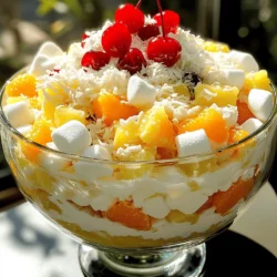 - 1 cup miniature marshmallows - 1 cup coconut flakes - 1 cup diced pineapple (fresh or canned, drained) - 1 cup mandarin oranges (canned or fresh, drained) - 1 cup sour cream - 1 cup whipped cream (or Cool Whip) - ½ cup chopped pecans or walnuts (optional) - 1 teaspoon vanilla extract - ½ cup cherries for garnish Classic ambrosia salad is all about simple, tasty ingredients. You want to use fresh or canned fruits, so they blend well. The miniature marshmallows add sweetness and fun texture. Coconut flakes give a tropical touch, while the sour cream and whipped cream make it creamy. Adding chopped pecans or walnuts is optional, but they offer a nice crunch. I suggest using fresh fruits when possible. They add brightness and flavor, making your salad pop. - Different fruits (e.g., strawberries, grapes) - Flavored yogurt as a substitute for sour cream - Vegan substitutes for a dairy-free version Feel free to mix it up! You can add any fruit you like. Strawberries or grapes can give a whole new taste. You can also use flavored yogurt if you want a twist on the creamy part. If you need a dairy-free version, there are great vegan options available. For the full recipe, check out the Tropical Ambrosia Bliss section. This dish is all about having fun with flavors and textures! - Step 1: Mixing the Fruits and Marshmallows Start by gathering a large mixing bowl. Add 1 cup of miniature marshmallows, 1 cup of coconut flakes, 1 cup of diced pineapple, and 1 cup of mandarin oranges. Gently toss these ingredients together. Make sure they mix evenly. This step sets the sweet base of your ambrosia salad. - Step 2: Creating the Cream Mixture In another bowl, add 1 cup of sour cream, 1 cup of whipped cream, and 1 teaspoon of vanilla extract. Stir this mixture until it becomes smooth. This creamy blend will bind the fruit and marshmallow mix. It adds a rich flavor to your salad. - Step 3: Combining Both Mixtures and Adding Nuts Pour the cream mixture over the fruit and marshmallow mix. Gently fold everything together. Be careful not to mash the fruits. If you want some crunch, add ½ cup of chopped pecans or walnuts. Fold these into the salad for extra texture. - Step 4: Refrigeration Process for Best Flavor After mixing, cover the bowl with plastic wrap. Place it in the fridge for at least 1 hour. This chilling time lets the flavors meld together. It also helps the salad firm up a bit, making it easier to serve. - Step 5: Garnishing Before Serving Just before you serve, take the salad out of the fridge. Garnish the top with ½ cup of cherries. Their bright color adds a lovely touch. You can also sprinkle a few extra coconut flakes on top for added texture. Serve in a clear bowl to show off the beautiful colors. To make your ambrosia salad the best it can be, pay attention to mixing. Start with the fruits and marshmallows. Gently toss them together. This way, they mix without breaking. You want each piece to keep its shape. For a creamier texture, use full-fat sour cream and real whipped cream. These choices make the salad rich and smooth. If you want a lighter version, try using Greek yogurt. It adds creaminess while keeping it healthy. One common mistake is over-mixing the salad. This can turn it into a mushy mess. Mix gently until everything is coated, but don't stir too hard. Another mistake is using overly sweet or soggy fruits. Choose fresh, firm fruits for the best taste. If using canned fruits, make sure they are well-drained. This keeps the dressing from becoming too watery. {{image_2}} What’s the difference between traditional and tropical ambrosia? Traditional ambrosia often includes fruits like cherries and oranges. Tropical ambrosia adds fun flavors like pineapple and coconut. This twist brings a bright, fresh taste. You can mix and match fruits to suit your taste. Try adding strawberries or bananas for a sweet surprise. How can you use coconut in unique ways? Coconut flakes add a chewy texture. You can also use coconut yogurt for a creamy twist. Another option is to add coconut milk for extra flavor. These choices make ambrosia even more delightful. What are some ways to make ambrosia healthier? You can use low-fat sour cream. This swap cuts calories without losing taste. Reduced sugar products also work well. They keep the sweetness while being lighter. What plant-based ingredients can you explore? Use coconut yogurt for a dairy-free option. Almond or cashew yogurt can also add a creamy touch. These swaps make ambrosia salad friendly for vegan diets. If you want to dive deeper into this delicious dish, check out the Full Recipe for a complete guide on making ambrosia salad. To keep your ambrosia salad fresh, store it in the fridge. Use an airtight container to prevent the salad from drying out. If you cover it with plastic wrap, press it against the salad. This helps keep moisture in. For short-term storage, ambrosia salad stays good in the fridge for three to five days. Don’t let it sit out for too long. If you plan to enjoy it later, mix in nuts just before serving. This keeps them crunchy. For long-term storage, you can freeze ambrosia salad. However, the texture may change when thawed. To freeze, place it in a freezer-safe container. Make sure to leave space for expansion. It can last up to two months in the freezer, but I recommend enjoying it fresh. Ambrosia salad lasts about three to five days in the fridge. After that, it can spoil. Look out for signs like an off smell or visible mold. If it looks or smells bad, do not eat it. Use clear glass or plastic containers to store your salad. These containers help you see the salad easily. It is best to use a lid to cover it tightly. This protects it from other strong odors in the fridge. How long should I refrigerate ambrosia salad before serving? You should refrigerate ambrosia salad for at least 1 hour. This allows the flavors to blend well. The longer it sits, the better it tastes. Can I make ambrosia salad in advance? Yes, you can make ambrosia salad a day ahead. Just store it in the fridge. This makes it perfect for parties or gatherings. What are some good substitutes for sour cream? You can use plain yogurt or Greek yogurt as a substitute. They add creaminess and a nice tang. If you're vegan, try a dairy-free yogurt. Can I use frozen fruits in the recipe? Yes, you can use frozen fruits. Just make sure to thaw and drain them first. This helps avoid excess water in the salad. Is ambrosia salad suitable for vegan diets? You can make ambrosia salad vegan. Use coconut cream or a dairy-free whipped topping. Replace sour cream with a plant-based yogurt. How do I adjust the sweetness level in the salad? To adjust sweetness, you can add more or fewer marshmallows. You can also mix in a bit of honey or maple syrup. Taste as you go to find the right balance. This blog post covered the key ingredients and steps for making ambrosia salad. You learned about customization options, cooking tips, and how to store your dish. Remember to mix your ingredients well but avoid over-mixing. Explore different fruit combinations for unique flavors and healthier alternatives. Ambrosia salad is versatile and easy to make. Enjoy experimenting with this classic dish for your next gathering or family meal. Your creativity can make it truly special!
