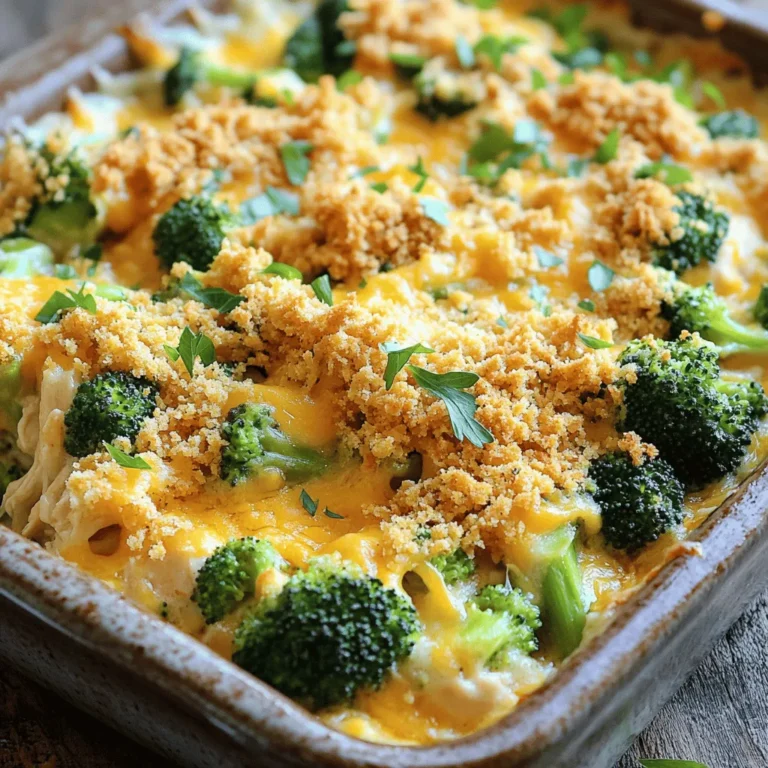 - 2 cups cooked chicken, shredded - 2 cups broccoli florets (fresh or frozen) - 1 cup cooked rice (white or brown) - 1 cup cheddar cheese, shredded - 1 cup cream of chicken soup (or homemade equivalent) - 1/2 cup milk - 1/2 teaspoon garlic powder - 1/2 teaspoon onion powder - 1/4 teaspoon black pepper - 1/4 teaspoon salt - 1/2 cup breadcrumbs (for topping) - 2 tablespoons olive oil For this cheesy chicken broccoli casserole, use simple ingredients. The chicken is the star, giving each bite a hearty flavor. Next, fresh or frozen broccoli adds a nice crunch. The rice makes it filling, while cheddar cheese brings all the flavors together. You can make this dish with pantry staples. The cream of chicken soup adds creaminess. Milk helps keep the mixture smooth. Garlic and onion powders add a little kick. Salt and pepper balance the dish. The topping is key for texture. Breadcrumbs give a nice crunch after baking. Olive oil helps them brown well. This tasty combo makes the casserole a true comfort food delight. For the full recipe, check the details above. - Preheat your oven to 350°F (175°C). - Lightly steam or blanch fresh broccoli florets for about 3 minutes. This keeps them bright and tender. If you use frozen broccoli, just thaw it. - In a large bowl, combine 2 cups of shredded chicken, 1 cup of cooked rice, and 2 cups of broccoli. - Add 3/4 cup of shredded cheddar cheese, 1 cup of cream of chicken soup, and 1/2 cup of milk. - Sprinkle in 1/2 teaspoon of garlic powder, 1/2 teaspoon of onion powder, 1/4 teaspoon of black pepper, and 1/4 teaspoon of salt. - Mix well until all ingredients are combined. - Transfer the mixture to a greased 9x13 inch casserole dish. - For the topping, mix 1/2 cup of breadcrumbs with 2 tablespoons of olive oil. Spread this over the top of the casserole. - Sprinkle the remaining 1/4 cup of cheddar cheese on top for extra flavor. - Bake in the preheated oven for 25-30 minutes. Look for a bubbly center and a golden brown top. - Let it cool for 5-10 minutes before you serve it. This helps it set nicely. For the full recipe, refer to the beginning of this article. To keep your chicken moist, use cooked chicken that is not overcooked. Shredded chicken works well because it blends easily with other ingredients. For the broccoli, steam or blanch it just until bright and slightly tender. This keeps its color and crunch. When it comes to cheese, cheddar is a classic choice. But feel free to mix it up! Try mozzarella for a milder taste or pepper jack for some heat. Mixing cheeses can create fun new flavors! You can save time by using pre-cooked chicken. Store-bought rotisserie chicken is great for this dish. If you’re short on time, use frozen broccoli. Just thaw it before mixing into the casserole. Making this dish in advance is easy. You can prepare it a day before and store it in the fridge. Just bake it when you’re ready to serve. If you have leftovers, they reheat well in the oven or microwave. For a complete meal, serve the casserole straight from the baking dish. Garnish with fresh parsley to add color and freshness. Pair it with a side of crusty bread or a simple green salad for balance. A sprinkle of extra cheese on top before serving can make it even more appealing. Enjoy your comforting creation with family and friends! {{image_2}} You can switch up the protein in your casserole. If you want, you can use turkey instead of chicken. Turkey gives a nice flavor and is just as easy to cook. You can also try sausage for a spicy touch. For a vegetarian dish, use mushrooms or load up on more veggies like bell peppers and zucchini. These swaps keep the dish tasty and fun. Cheese makes this dish creamy and rich. While cheddar is the classic choice, you can explore other cheeses. Mozzarella adds a nice stretch, while pepper jack gives a spicy kick. You can also mix different cheeses to create a unique blend. A blend of sharp cheddar and creamy mozzarella can take your casserole to the next level. Rice is great, but you can try other grains too. Quinoa adds protein and a nutty flavor. Cauliflower rice is a low-carb option that also works well. If you need a gluten-free version, just pick grains that fit your diet. Each choice adds its own twist to the casserole. Feel free to experiment! For the full recipe, check the detailed instructions above. After making Cheesy Chicken Broccoli Casserole, you might have some leftovers. To store them, first let the casserole cool down. Then, place it in an airtight container. It’s best to use glass or plastic containers with tight lids. This keeps the dish fresh and prevents any odors from other foods in the fridge. You can store it in the fridge for up to three days. If you want to keep it longer, freezing is a great option. When it’s time to enjoy the leftovers, reheating is simple. You can use the oven or microwave. For the oven, preheat it to 350°F (175°C). Place the casserole in a baking dish and cover it with foil. Bake for about 20 minutes, or until hot throughout. If you use the microwave, put a single portion on a microwave-safe plate. Heat it for 1-2 minutes. Make sure to check that it’s warm all the way through. This method helps keep the texture nice and the flavors intact. If you freeze your Cheesy Chicken Broccoli Casserole, it can last for up to three months. Be sure to use a freezer-safe container. When you want to eat it, thaw it in the fridge overnight before reheating. If you notice any changes in color or smell after thawing, it’s best to throw it away. These signs mean it has gone bad. You can easily prepare Cheesy Chicken Broccoli Casserole ahead of time. First, follow the steps in the recipe until you assemble the casserole in the dish. After mixing, cover it with foil and place it in the fridge for up to 24 hours. This method keeps the flavors fresh. When you are ready to bake, remove the foil and bake it at 350°F for about 30-35 minutes. This will give the casserole time to warm through. Yes, you can use frozen ingredients. For the chicken, you can use pre-cooked frozen chicken. Just thaw it before adding it to the mix. If you use frozen broccoli, there is no need to steam it first. Just thaw it and add it directly to the casserole. Using frozen ingredients makes this recipe even easier and faster. You can serve many tasty sides with this casserole. A simple green salad adds freshness. Crusty bread is great for soaking up the cheesy sauce. You could also serve some roasted vegetables or mashed potatoes. These sides complement the casserole well and create a complete meal. Enjoy! Cheesy Chicken Broccoli Casserole is a simple, tasty dish. We explored essential ingredients, from chicken to cheese. I shared easy steps to prepare it perfectly. You learned tips for a moist casserole and how to save time. Variations let you customize with different proteins or grains. Storing leftovers isn’t hard, ensuring they stay fresh. This dish not only satisfies hunger, but also brings comfort. Enjoy making it your own, and happy cooking!