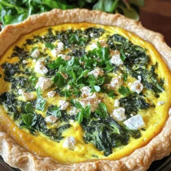 To make a tasty spinach and feta quiche, gather these ingredients: - 1 pre-made pie crust - 2 cups fresh spinach, chopped - 1 cup crumbled feta cheese - 4 large eggs - 1 cup milk (or plant-based milk) - 1/2 cup onion, finely chopped - 1 clove garlic, minced - 1/2 teaspoon nutmeg - Salt and pepper to taste - 1 tablespoon olive oil - Fresh parsley, for garnish (optional) These ingredients create a rich and savory quiche. Each item plays a key role in building flavor and texture. The spinach adds a fresh taste, while the feta brings a tangy kick. You can switch some ingredients if needed. Here are some ideas: - Pie Crust: Use a homemade crust or a gluten-free option. - Cheese: Swap feta for goat cheese or cheddar for a different flavor. - Milk: Use almond or oat milk for a dairy-free choice. - Spinach: Substitute with kale or Swiss chard for variety. - Onion: Green onions or shallots can work well too. These swaps let you customize the quiche to your taste or dietary needs. Spinach and feta quiche is not just delicious; it has health benefits too. Here's a quick look: - Spinach: High in iron and vitamins A and C. It boosts your immune system and helps maintain eye health. - Feta Cheese: Lower in fat than many other cheeses, it adds protein and calcium. - Eggs: A great source of protein and healthy fats, they support brain health. - Milk: Provides calcium and vitamin D, which are good for bones. This quiche is a balanced meal, perfect for breakfast, lunch, or dinner. You can find the full recipe above to start cooking! Start by gathering your ingredients. You need a pre-made pie crust, spinach, and feta cheese. The crumbled feta adds a salty flavor that pairs perfectly with spinach. Chop two cups of fresh spinach and set it aside. Next, finely chop half a cup of onion and mince one clove of garlic. Heat one tablespoon of olive oil in a skillet over medium heat. Add the onion and garlic, cooking until the onion turns soft and clear. This step brings out the sweet flavor of the onion. Once the onion is ready, add the spinach. Cook for about two to three minutes, just until the spinach wilts. After that, take it off the heat and let it cool for a moment. In a large bowl, whisk together four eggs and one cup of milk. This creates a creamy base for your quiche. Now, mix in the crumbled feta, nutmeg, and the spinach-onion blend. Don't forget to season with salt and pepper to taste. Now it’s time to bake! Preheat your oven to 375°F (190°C). Place the pre-made pie crust into a pie dish. Pour the spinach and feta mixture into the crust, smoothing it out with a spatula. This process ensures even cooking. Place the quiche in the oven and bake for 30 to 35 minutes. You want it to look golden on top and set in the middle. The smell will be amazing as it cooks! To check if your quiche is done, gently shake the pie dish. If the center jiggles slightly but is mostly firm, it’s ready. You can also insert a knife into the center. If it comes out clean, your quiche is perfect. Once baked, remove it from the oven and let it rest for about ten minutes. This resting time helps it set further and makes slicing easier. Enjoy your slice of spinach and feta quiche warm, maybe with a side salad for a full meal. For the complete recipe, check the Full Recipe section above! A flaky crust makes your quiche shine. To get it right, use cold butter. Cut it into small pieces and mix it with the flour. This helps create those nice layers. Don't over mix; a few lumps are okay. Use ice water to bind the dough. Chill the dough for at least 30 minutes before rolling it out. This step is key for flakiness. Mixing is where the magic happens. First, whisk the eggs and milk until smooth. This gets air into the mix, making your quiche light. Stir in the spinach and onion gently. You want a nice blend without breaking up the feta too much. Use a spatula to evenly distribute everything in the pie crust. Avoid common pitfalls for the best results. One big mistake is not letting the quiche cool. This step helps it set up well. Another is overbaking. Keep an eye on it; golden edges mean it’s ready. Lastly, don’t skip seasoning. A pinch of salt and pepper can elevate your dish. For more details, check the Full Recipe. {{image_2}} You can easily make a gluten-free version of this quiche. Swap the pre-made pie crust for a gluten-free option. Many stores now sell gluten-free crusts. You can also make your own using gluten-free flour. This way, everyone can enjoy this tasty dish without worry. Feel free to get creative with your quiche! You can add other veggies, like mushrooms or tomatoes. Sauté them with the onion and garlic for extra flavor. This will give your quiche a new twist. You can mix and match to suit your taste. For a vegetarian quiche, skip the feta cheese and use a mix of other cheeses. You can use ricotta or even a blend of mozzarella and cheddar. If you want a vegan option, replace the eggs with a mixture of silken tofu and nutritional yeast. Use plant-based milk as well. This way, you can enjoy the quiche without any animal products. For the complete recipe, check the Full Recipe section. To store leftover quiche, let it cool first. Wrap it tightly in plastic wrap or foil. You can also place it in an airtight container. This keeps the quiche fresh for up to three days in the fridge. Make sure to label the container with the date. This way, you’ll know when to use it. You can freeze quiche for longer storage. Slice it into individual pieces for easy use. Wrap each slice in plastic wrap, then place them in a freezer bag. Squeeze out as much air as possible. This helps avoid freezer burn. Frozen slices can last up to three months. When you want to enjoy it, just thaw in the fridge overnight. For the best flavor, reheat quiche in the oven. Preheat your oven to 350°F (175°C). Place the quiche on a baking sheet and cover it with foil. Heat for about 15-20 minutes or until warmed through. You can also microwave individual slices, but the oven keeps the crust crispy. Enjoy your delicious quiche just like when it was fresh! Yes, you can make Spinach and Feta Quiche ahead of time. Prepare the quiche, but do not bake it. Cover it and store it in the fridge for up to 24 hours. When you're ready to eat, just pop it in the oven. Bake it as instructed in the Full Recipe. This helps save time when you want a quick meal. Spinach and Feta Quiche lasts about 3 to 4 days in the fridge. Make sure to store it in an airtight container. This keeps it fresh and safe to eat. If you want to enjoy it later, consider freezing it, which makes it last longer. You can serve Spinach and Feta Quiche with a simple green salad. A light vinaigrette adds flavor and freshness. You might also enjoy it with roasted veggies or some crusty bread. For a special touch, pair it with a glass of white wine or sparkling water. Spinach and feta quiche is a tasty and healthy dish. We explored ingredients, substitutions, and health perks. I shared the step-by-step guide for perfect baking and tips for a flaky crust. We also discussed fun variations and proper storage methods. Remember, this dish can fit many diets and is easy to make. Try it for your next meal, and enjoy the flavors and benefits. With these tips, you can create a quiche that everyone will love. Happy cooking!