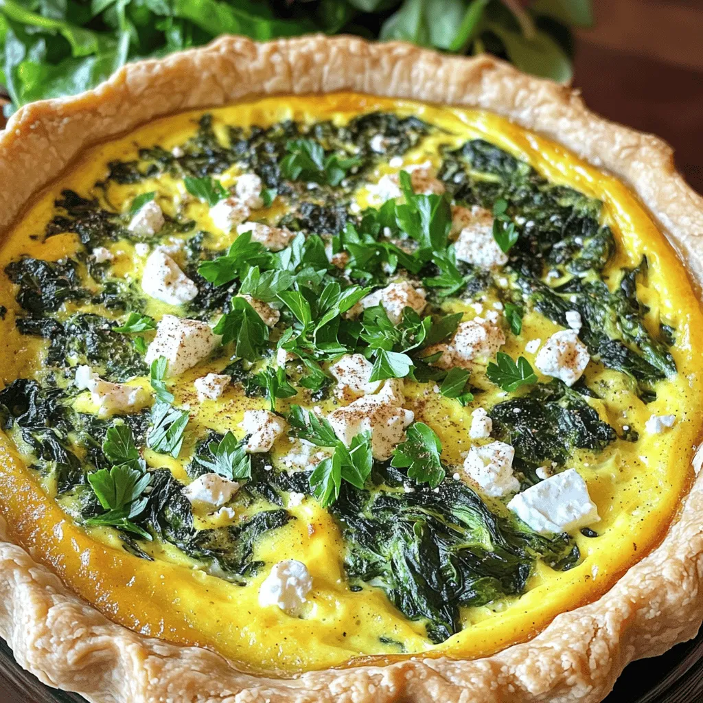 To make a tasty spinach and feta quiche, gather these ingredients: - 1 pre-made pie crust - 2 cups fresh spinach, chopped - 1 cup crumbled feta cheese - 4 large eggs - 1 cup milk (or plant-based milk) - 1/2 cup onion, finely chopped - 1 clove garlic, minced - 1/2 teaspoon nutmeg - Salt and pepper to taste - 1 tablespoon olive oil - Fresh parsley, for garnish (optional) These ingredients create a rich and savory quiche. Each item plays a key role in building flavor and texture. The spinach adds a fresh taste, while the feta brings a tangy kick. You can switch some ingredients if needed. Here are some ideas: - Pie Crust: Use a homemade crust or a gluten-free option. - Cheese: Swap feta for goat cheese or cheddar for a different flavor. - Milk: Use almond or oat milk for a dairy-free choice. - Spinach: Substitute with kale or Swiss chard for variety. - Onion: Green onions or shallots can work well too. These swaps let you customize the quiche to your taste or dietary needs. Spinach and feta quiche is not just delicious; it has health benefits too. Here's a quick look: - Spinach: High in iron and vitamins A and C. It boosts your immune system and helps maintain eye health. - Feta Cheese: Lower in fat than many other cheeses, it adds protein and calcium. - Eggs: A great source of protein and healthy fats, they support brain health. - Milk: Provides calcium and vitamin D, which are good for bones. This quiche is a balanced meal, perfect for breakfast, lunch, or dinner. You can find the full recipe above to start cooking! Start by gathering your ingredients. You need a pre-made pie crust, spinach, and feta cheese. The crumbled feta adds a salty flavor that pairs perfectly with spinach. Chop two cups of fresh spinach and set it aside. Next, finely chop half a cup of onion and mince one clove of garlic. Heat one tablespoon of olive oil in a skillet over medium heat. Add the onion and garlic, cooking until the onion turns soft and clear. This step brings out the sweet flavor of the onion. Once the onion is ready, add the spinach. Cook for about two to three minutes, just until the spinach wilts. After that, take it off the heat and let it cool for a moment. In a large bowl, whisk together four eggs and one cup of milk. This creates a creamy base for your quiche. Now, mix in the crumbled feta, nutmeg, and the spinach-onion blend. Don't forget to season with salt and pepper to taste. Now it’s time to bake! Preheat your oven to 375°F (190°C). Place the pre-made pie crust into a pie dish. Pour the spinach and feta mixture into the crust, smoothing it out with a spatula. This process ensures even cooking. Place the quiche in the oven and bake for 30 to 35 minutes. You want it to look golden on top and set in the middle. The smell will be amazing as it cooks! To check if your quiche is done, gently shake the pie dish. If the center jiggles slightly but is mostly firm, it’s ready. You can also insert a knife into the center. If it comes out clean, your quiche is perfect. Once baked, remove it from the oven and let it rest for about ten minutes. This resting time helps it set further and makes slicing easier. Enjoy your slice of spinach and feta quiche warm, maybe with a side salad for a full meal. For the complete recipe, check the Full Recipe section above! A flaky crust makes your quiche shine. To get it right, use cold butter. Cut it into small pieces and mix it with the flour. This helps create those nice layers. Don't over mix; a few lumps are okay. Use ice water to bind the dough. Chill the dough for at least 30 minutes before rolling it out. This step is key for flakiness. Mixing is where the magic happens. First, whisk the eggs and milk until smooth. This gets air into the mix, making your quiche light. Stir in the spinach and onion gently. You want a nice blend without breaking up the feta too much. Use a spatula to evenly distribute everything in the pie crust. Avoid common pitfalls for the best results. One big mistake is not letting the quiche cool. This step helps it set up well. Another is overbaking. Keep an eye on it; golden edges mean it’s ready. Lastly, don’t skip seasoning. A pinch of salt and pepper can elevate your dish. For more details, check the Full Recipe. {{image_2}} You can easily make a gluten-free version of this quiche. Swap the pre-made pie crust for a gluten-free option. Many stores now sell gluten-free crusts. You can also make your own using gluten-free flour. This way, everyone can enjoy this tasty dish without worry. Feel free to get creative with your quiche! You can add other veggies, like mushrooms or tomatoes. Sauté them with the onion and garlic for extra flavor. This will give your quiche a new twist. You can mix and match to suit your taste. For a vegetarian quiche, skip the feta cheese and use a mix of other cheeses. You can use ricotta or even a blend of mozzarella and cheddar. If you want a vegan option, replace the eggs with a mixture of silken tofu and nutritional yeast. Use plant-based milk as well. This way, you can enjoy the quiche without any animal products. For the complete recipe, check the Full Recipe section. To store leftover quiche, let it cool first. Wrap it tightly in plastic wrap or foil. You can also place it in an airtight container. This keeps the quiche fresh for up to three days in the fridge. Make sure to label the container with the date. This way, you’ll know when to use it. You can freeze quiche for longer storage. Slice it into individual pieces for easy use. Wrap each slice in plastic wrap, then place them in a freezer bag. Squeeze out as much air as possible. This helps avoid freezer burn. Frozen slices can last up to three months. When you want to enjoy it, just thaw in the fridge overnight. For the best flavor, reheat quiche in the oven. Preheat your oven to 350°F (175°C). Place the quiche on a baking sheet and cover it with foil. Heat for about 15-20 minutes or until warmed through. You can also microwave individual slices, but the oven keeps the crust crispy. Enjoy your delicious quiche just like when it was fresh! Yes, you can make Spinach and Feta Quiche ahead of time. Prepare the quiche, but do not bake it. Cover it and store it in the fridge for up to 24 hours. When you're ready to eat, just pop it in the oven. Bake it as instructed in the Full Recipe. This helps save time when you want a quick meal. Spinach and Feta Quiche lasts about 3 to 4 days in the fridge. Make sure to store it in an airtight container. This keeps it fresh and safe to eat. If you want to enjoy it later, consider freezing it, which makes it last longer. You can serve Spinach and Feta Quiche with a simple green salad. A light vinaigrette adds flavor and freshness. You might also enjoy it with roasted veggies or some crusty bread. For a special touch, pair it with a glass of white wine or sparkling water. Spinach and feta quiche is a tasty and healthy dish. We explored ingredients, substitutions, and health perks. I shared the step-by-step guide for perfect baking and tips for a flaky crust. We also discussed fun variations and proper storage methods. Remember, this dish can fit many diets and is easy to make. Try it for your next meal, and enjoy the flavors and benefits. With these tips, you can create a quiche that everyone will love. Happy cooking!