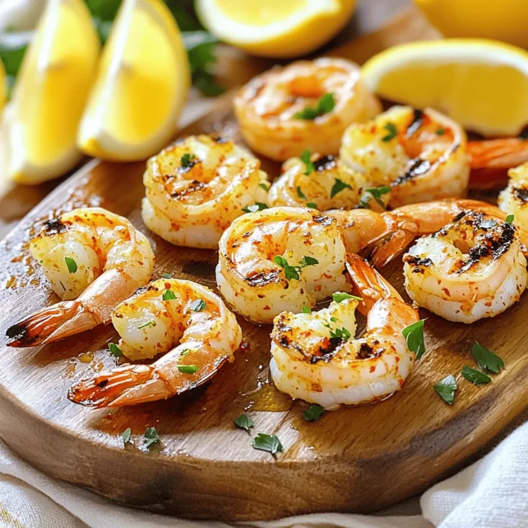 - 1 pound large shrimp, peeled and deveined - 4 tablespoons olive oil - 4 cloves garlic, minced - Zest and juice of 2 lemons - 1 teaspoon smoked paprika - 1 teaspoon salt - ½ teaspoon black pepper - ½ teaspoon red pepper flakes (optional for heat) - Fresh parsley, chopped (for garnish) - Lemon wedges (for serving) To make Lemon Garlic Grilled Shrimp, you need fresh ingredients. Start with large shrimp. They should be peeled and deveined for the best taste. Olive oil adds richness, while garlic gives a bold flavor. The zest and juice of lemons add brightness and freshness. Smoked paprika provides a hint of smokiness. You will also need salt and pepper for seasoning. If you like heat, add red pepper flakes. For garnishing, fresh parsley adds color and flavor. Lemon wedges are great for serving, adding extra tang. Each ingredient plays a role in creating a balanced dish. The combination makes this meal savory, quick, and perfect for any day. You can find the full recipe for this delightful dish above. Enjoy cooking! - Combine 4 tablespoons of olive oil, 4 minced garlic cloves, the zest and juice of 2 lemons, 1 teaspoon of smoked paprika, 1 teaspoon of salt, ½ teaspoon of black pepper, and ½ teaspoon of red pepper flakes in a bowl. - Toss 1 pound of cleaned shrimp into the marinade and let sit for 30 minutes. This step allows the shrimp to soak up all that tasty flavor. - Preheat your grill to medium-high heat. This ensures your shrimp cook evenly. - If you decide to use skewers, thread the marinated shrimp onto them. Soaking wooden skewers in water for 30 minutes helps prevent burning. - Grill the shrimp for 2-3 minutes on each side. Look for them to turn pink and opaque. - Once done, remove and discard the skewers. Garnish with fresh parsley. This adds a nice pop of color and flavor! For the full recipe, check out the details above. Enjoy your meal! To make your shrimp tender, avoid overcooking them. Shrimp cook fast. Grill them just 2-3 minutes per side. You want them pink and opaque. Using high-quality olive oil makes a big difference. It adds depth to the flavor. Pair your grilled shrimp with a fresh side salad or cooked rice. These sides balance the meal nicely. Serve with extra lemon wedges for added zest. The fresh citrus lifts the dish even more. Enjoy every bite! {{image_2}} You can make Lemon Garlic Grilled Shrimp even better by changing a few things. Try adding fresh herbs like cilantro or basil. These herbs add a bright taste that pairs well with the shrimp. You can also switch up the citrus juice. Lime or orange juice gives a fun twist. Each option brings a different zing to your dish. If you like some heat, increase the red pepper flakes in your marinade. A little goes a long way! You can also add a dash of hot sauce for an extra kick. This adds depth and makes the shrimp exciting. Adjust the spice to fit your taste. Don't be afraid to play around until it’s just right for you. For more ideas, check the Full Recipe. Keep leftover shrimp in an airtight container in the refrigerator for up to 2 days. This way, you can enjoy the tasty flavors later. Just remember to reheat gently. Overheating can make shrimp tough. You can freeze uncooked marinated shrimp for up to 2 months. This is great if you plan meals ahead. When you're ready to cook, thaw the shrimp in the refrigerator before grilling. This makes sure the shrimp stay juicy and flavorful. For even more ideas, check out the Full Recipe for tips on using shrimp in various dishes! Yes, just ensure they are fully thawed before marinating. Frozen shrimp work great! They save time and are easy to find. Just be sure to pat them dry after thawing for the best results. Grilled vegetables, rice, or a light pasta dish complement well. You can also add a simple salad. The fresh flavors of the shrimp pair nicely with these sides. Consider a nice white rice or couscous to soak up the juices. Shrimp should be pink and opaque when fully cooked. They cook quickly, so watch them closely. Overcooked shrimp can become tough. If they curl tightly, they are likely done. Yes, all ingredients used are naturally gluten-free. This makes it a safe choice for those with gluten sensitivities. Enjoy the flavors without worry! For more details, check out the Full Recipe. This post guides you through making tasty Lemon Garlic Grilled Shrimp. You learned the key ingredients, step-by-step instructions, and tips for perfect grilling. Explore variations to suit your taste and how to store leftovers. Final thoughts: Making grilled shrimp is easy and fun. Enjoy it with friends or family for a great meal. Grab your ingredients and start grilling!