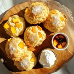 To make these peach scones, you need: - 2 cups all-purpose flour - 1/3 cup granulated sugar - 1 tablespoon baking powder - 1/2 teaspoon salt - 6 tablespoons cold unsalted butter, cubed - 1 cup fresh peaches, diced - 1/2 cup heavy cream - 1 large egg - 1 teaspoon vanilla extract - 1/4 teaspoon almond extract - Additional sugar for sprinkling These simple ingredients create a flaky texture and sweet flavor. The fresh peaches bring a juicy burst to every bite. You can also try: - Alternative fruits like blueberries or raspberries - Spices such as cinnamon or nutmeg These options let you customize your scones. Mixing in different fruits or spices can lead to fun new flavors. When you innovate, you make each batch unique and exciting. For the full recipe, check out the detailed instructions on how to create these delightful scones. - Preheat your oven to 400°F (200°C). Line a baking sheet with parchment paper. - In a large bowl, whisk together the flour, sugar, baking powder, and salt. - Add the cold, cubed butter to the dry mix. Use a pastry cutter or your fingers. Mix until it looks like coarse crumbs. - Gently fold in the diced peaches. Make sure they are evenly mixed. - In a separate bowl, whisk together the heavy cream, egg, vanilla extract, and almond extract. Mix until well combined. - Pour the wet mixture into the dry mix. Stir gently until just combined. Do not overmix; the dough should feel sticky. - Turn the dough out onto a floured surface. Knead it gently 2-3 times until it holds together. Shape it into a disk about 1 inch thick. - Cut the disk into 8 wedges. Place them on the prepared baking sheet. - Brush the tops with a little extra cream. Sprinkle with sugar for a sweet touch. - Bake for 15-20 minutes. They are done when golden brown. A toothpick should come out clean. - Remove from the oven and let cool on a wire rack for a few minutes before serving. For the full recipe, follow the steps carefully to enjoy these delightful peach scones! To make perfect peach scones, avoid overmixing the dough. When you mix, do it just enough to combine the ingredients. Overmixing makes the scones tough. You want them light and fluffy. Chill the butter for flakier scones. Cold butter makes the dough rise better. It creates tiny pockets of air, which adds to the flaky texture. Cut the butter into small cubes and place it in the fridge before you start. Serve your peach scones with whipped cream or peach preserves. This adds a sweet touch that perfectly complements the peach flavor. The creaminess balances the scone's texture. These scones are best served warm or at room temperature. Heat brings out the flavors and makes them even more delightful. Enjoy them fresh from the oven or after they cool. You can find the Full Recipe to guide you through the process! {{image_2}} You can switch up the fruit in these scones. Try using blueberries for a juicy twist. You can also mix in raspberries or blackberries for a mixed berry scone. Each fruit brings its own flavor and texture. This keeps your scones fresh and exciting for every occasion. Add some zest to your scones! A bit of lemon or orange zest brightens the flavor. You can also play with extracts. Try using coconut or lemon extract for a different taste. Simple changes can create a whole new experience. If you need gluten-free scones, use almond or coconut flour instead of regular flour. Both options work well, and the scones still taste great. For vegan scones, swap out the egg and cream for plant-based alternatives. Use almond milk and a flax egg for binding. These changes make the recipe fit various diets without losing flavor. For the full recipe, check out the Peachy Paradise Scones ! To keep your easy peach scones fresh, store them in an airtight container at room temperature. This method helps retain moisture and flavor. If you live in a hot, humid area, consider refrigerating them. Just make sure they are in a sealed container to avoid drying out. You can freeze baked scones for later use. First, let them cool completely. Then, wrap each scone in plastic wrap. Place the wrapped scones in a freezer-safe bag or container. When you want to enjoy them, simply take out a scone and thaw it at room temperature. To reheat, preheat your oven to 350°F (175°C). Place the scone on a baking sheet and warm for about 10 minutes. This method brings back the flaky texture. For a quick fix, you can also microwave the scone for about 15-20 seconds. Enjoy a warm peachy treat anytime! For the full recipe, check out the main section. You can tell scones are done by their golden color. They should not be pale. Another great test is to use a toothpick. Insert it into the middle of a scone. If it comes out clean, your scones are ready! Yes, you can use frozen peaches. However, keep in mind that they may add extra moisture. This can make your scones a bit softer. If you choose frozen peaches, try to thaw and drain them first. This helps keep the texture light and fluffy. If your dough is too sticky, don’t panic! You can add a little more flour, one tablespoon at a time. Mix gently after each addition. You want the dough to be slightly sticky but manageable. Avoid overmixing, as this can make scones tough. These scones can last up to three days when stored properly. Keep them in an airtight container at room temperature. For longer freshness, you can freeze them. Just make sure to wrap them well. They will taste great even after freezing! For the full recipe, check out the Peachy Paradise Scones. These peach scones are easy to make and fun to customize. You saw how to mix key ingredients for a tasty treat. I shared tips for perfecting the dough and enhancing flavors. You can also try different fruits and make it your own. Enjoy warm scones with cream or fruit preserves. With proper storage, they stay fresh longer. Dive into this recipe to bring sweet peach goodness to your kitchen!