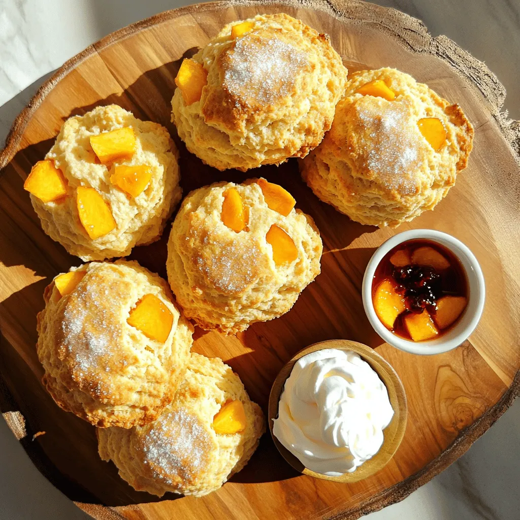 To make these peach scones, you need: - 2 cups all-purpose flour - 1/3 cup granulated sugar - 1 tablespoon baking powder - 1/2 teaspoon salt - 6 tablespoons cold unsalted butter, cubed - 1 cup fresh peaches, diced - 1/2 cup heavy cream - 1 large egg - 1 teaspoon vanilla extract - 1/4 teaspoon almond extract - Additional sugar for sprinkling These simple ingredients create a flaky texture and sweet flavor. The fresh peaches bring a juicy burst to every bite. You can also try: - Alternative fruits like blueberries or raspberries - Spices such as cinnamon or nutmeg These options let you customize your scones. Mixing in different fruits or spices can lead to fun new flavors. When you innovate, you make each batch unique and exciting. For the full recipe, check out the detailed instructions on how to create these delightful scones. - Preheat your oven to 400°F (200°C). Line a baking sheet with parchment paper. - In a large bowl, whisk together the flour, sugar, baking powder, and salt. - Add the cold, cubed butter to the dry mix. Use a pastry cutter or your fingers. Mix until it looks like coarse crumbs. - Gently fold in the diced peaches. Make sure they are evenly mixed. - In a separate bowl, whisk together the heavy cream, egg, vanilla extract, and almond extract. Mix until well combined. - Pour the wet mixture into the dry mix. Stir gently until just combined. Do not overmix; the dough should feel sticky. - Turn the dough out onto a floured surface. Knead it gently 2-3 times until it holds together. Shape it into a disk about 1 inch thick. - Cut the disk into 8 wedges. Place them on the prepared baking sheet. - Brush the tops with a little extra cream. Sprinkle with sugar for a sweet touch. - Bake for 15-20 minutes. They are done when golden brown. A toothpick should come out clean. - Remove from the oven and let cool on a wire rack for a few minutes before serving. For the full recipe, follow the steps carefully to enjoy these delightful peach scones! To make perfect peach scones, avoid overmixing the dough. When you mix, do it just enough to combine the ingredients. Overmixing makes the scones tough. You want them light and fluffy. Chill the butter for flakier scones. Cold butter makes the dough rise better. It creates tiny pockets of air, which adds to the flaky texture. Cut the butter into small cubes and place it in the fridge before you start. Serve your peach scones with whipped cream or peach preserves. This adds a sweet touch that perfectly complements the peach flavor. The creaminess balances the scone's texture. These scones are best served warm or at room temperature. Heat brings out the flavors and makes them even more delightful. Enjoy them fresh from the oven or after they cool. You can find the Full Recipe to guide you through the process! {{image_2}} You can switch up the fruit in these scones. Try using blueberries for a juicy twist. You can also mix in raspberries or blackberries for a mixed berry scone. Each fruit brings its own flavor and texture. This keeps your scones fresh and exciting for every occasion. Add some zest to your scones! A bit of lemon or orange zest brightens the flavor. You can also play with extracts. Try using coconut or lemon extract for a different taste. Simple changes can create a whole new experience. If you need gluten-free scones, use almond or coconut flour instead of regular flour. Both options work well, and the scones still taste great. For vegan scones, swap out the egg and cream for plant-based alternatives. Use almond milk and a flax egg for binding. These changes make the recipe fit various diets without losing flavor. For the full recipe, check out the Peachy Paradise Scones ! To keep your easy peach scones fresh, store them in an airtight container at room temperature. This method helps retain moisture and flavor. If you live in a hot, humid area, consider refrigerating them. Just make sure they are in a sealed container to avoid drying out. You can freeze baked scones for later use. First, let them cool completely. Then, wrap each scone in plastic wrap. Place the wrapped scones in a freezer-safe bag or container. When you want to enjoy them, simply take out a scone and thaw it at room temperature. To reheat, preheat your oven to 350°F (175°C). Place the scone on a baking sheet and warm for about 10 minutes. This method brings back the flaky texture. For a quick fix, you can also microwave the scone for about 15-20 seconds. Enjoy a warm peachy treat anytime! For the full recipe, check out the main section. You can tell scones are done by their golden color. They should not be pale. Another great test is to use a toothpick. Insert it into the middle of a scone. If it comes out clean, your scones are ready! Yes, you can use frozen peaches. However, keep in mind that they may add extra moisture. This can make your scones a bit softer. If you choose frozen peaches, try to thaw and drain them first. This helps keep the texture light and fluffy. If your dough is too sticky, don’t panic! You can add a little more flour, one tablespoon at a time. Mix gently after each addition. You want the dough to be slightly sticky but manageable. Avoid overmixing, as this can make scones tough. These scones can last up to three days when stored properly. Keep them in an airtight container at room temperature. For longer freshness, you can freeze them. Just make sure to wrap them well. They will taste great even after freezing! For the full recipe, check out the Peachy Paradise Scones. These peach scones are easy to make and fun to customize. You saw how to mix key ingredients for a tasty treat. I shared tips for perfecting the dough and enhancing flavors. You can also try different fruits and make it your own. Enjoy warm scones with cream or fruit preserves. With proper storage, they stay fresh longer. Dive into this recipe to bring sweet peach goodness to your kitchen!