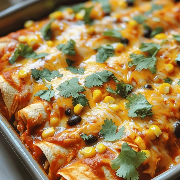 To make classic chicken enchiladas, you will need the following ingredients: - 2 cups cooked chicken, shredded - 1 cup black beans, drained and rinsed - 1 cup corn, frozen or fresh - 2 cups enchilada sauce (store-bought or homemade) - 2 cups shredded cheese (cheddar and Monterey Jack mix) - 8 flour tortillas (10-inch) - 1 small onion, finely chopped - 2 cloves garlic, minced - 1 teaspoon cumin - 1 teaspoon chili powder - Salt and pepper to taste These ingredients work together to create a tasty and filling dish. The chicken provides protein, while the beans and corn add texture and flavor. The spices bring warmth and depth to every bite. You can enhance your enchiladas with some fun garnishes and sides. Consider adding: - Fresh cilantro for garnish - Sour cream for serving - Sliced avocados or guacamole - Chopped green onions - A side of Mexican rice or refried beans These extras add flavor and color to your plate. They make the meal more delightful and can cater to different tastes. If you don't have some ingredients, don't worry! Here are some easy substitutes: - Use rotisserie chicken instead of cooking your own. - Swap black beans for pinto beans or kidney beans. - Try using corn tortillas instead of flour for a different texture. - Replace shredded cheese with a dairy-free option if needed. These substitutes keep your enchiladas delicious while making them fit your needs. Don't be afraid to get creative! Start by preheating your oven to 375°F (190°C). This step is key to ensure even cooking. A hot oven helps the cheese melt and bubble perfectly on top. In a large skillet, pour in a splash of oil and heat it over medium heat. Add the finely chopped onion and sauté it for about 3-4 minutes. You want the onion to turn translucent. Then, toss in the minced garlic. Cook this for one more minute. It will smell amazing! Next, stir in the cumin, chili powder, salt, and pepper. These spices bring out the flavors. Add the shredded chicken, black beans, and corn to the skillet. Mix everything well. Heat it all through for about 5 minutes. Now it’s time to build your enchiladas! Take a tortilla and place a generous scoop of the chicken filling in the center. Roll the tortilla tightly around the filling. Place it seam-side down in a greased 9x13 inch baking dish. Repeat this with the other tortillas and filling until you use it all up. Once all the enchiladas are snug in the dish, pour the enchilada sauce evenly over the top. Sprinkle the shredded cheese all over the sauce. This creates a delicious, cheesy crust. Cover the dish with foil and bake for 20 minutes. After that, remove the foil and bake for another 10-15 minutes. The cheese should be bubbly and slightly golden when done. Let your enchiladas sit for a few minutes before serving. For an extra touch, garnish with fresh cilantro and serve with sour cream if you like. Enjoy these tasty bites! Check out the Full Recipe for more details. To make the perfect enchiladas, start with fresh ingredients. Use cooked chicken, black beans, and corn. These add great flavor and texture. Sauté the onion and garlic well. This step brings out their sweetness. Use a mix of cheddar and Monterey Jack cheese for a nice melt. When rolling the tortillas, don’t overfill them. This helps keep them from breaking. One common mistake is skipping the preheating step. Always preheat your oven to 375°F (190°C). Another mistake is not heating the filling before rolling. It should be warm to melt the cheese. Avoid using cold tortillas. They can crack easily. Lastly, don’t forget to cover the dish with foil. This keeps your enchiladas moist while baking. To adjust spice levels, start with mild spices. You can always add more later. If you like it spicy, mix in some diced jalapeños or hot sauce. For a milder dish, skip the chili powder or use less. Remember, you can customize the heat for your taste. Enjoy experimenting with different spices to find your perfect balance! {{image_2}} If you want a tasty vegetarian dish, use beans and veggies. Replace chicken with 2 cups of black beans or pinto beans. Add in 1 cup of chopped bell peppers, zucchini, or spinach. This option is filling and full of flavor. It also keeps the spirit of enchiladas alive. You can switch up the protein in your enchiladas. Try shredded beef or ground turkey for a different taste. For a lighter option, use shredded rotisserie chicken. You can even mix different proteins for a fun twist. Just make sure to season well, so each bite is flavorful. Mixing flavors can elevate your enchiladas. Add diced green chilies for heat. You can also include corn and black olives for extra texture. A sprinkle of lime juice adds a zesty kick. Experimenting with spices like smoked paprika or oregano can create unique flavor profiles. For a creamy touch, include a layer of sour cream inside. These combinations keep your enchiladas exciting and new. Check out the Full Recipe for more ideas. To store leftover enchiladas, let them cool first. Place them in an airtight container. This keeps them fresh for up to three days. You can also cover the dish tightly with plastic wrap. Just make sure they are completely cool before storing. This helps keep the texture nice. You can freeze enchiladas to save them for later. First, prepare and assemble them as usual. Once you pour on the sauce and cheese, cover the dish well with foil. This prevents freezer burn. You can freeze them for up to three months. When you're ready to eat, thaw them overnight in the fridge. To reheat enchiladas, preheat your oven to 350°F (175°C). Cover the dish with foil to keep the heat in. Bake for about 20 minutes or until hot. If you want a crisp top, remove the foil for the last 5 minutes. You can also use a microwave. Just heat them on a plate for 2-3 minutes. Enjoy your tasty meal! You can serve rice or beans with enchiladas. A simple salad also works well. Guacamole and chips are great choices too. You can add a dollop of sour cream on top. Fresh cilantro adds color and flavor. Consider serving with a side of Mexican corn salad for a tasty mix. Yes, you can make enchiladas ahead of time. Prepare the filling and assemble them. Cover and refrigerate before baking. This saves time on busy nights. Just bake them when you’re ready to eat. You may need to add a few extra minutes to the bake time. To make enchiladas gluten-free, use corn tortillas instead of flour tortillas. Check the enchilada sauce for gluten. Many brands offer gluten-free options. You can also make your own sauce at home. This way, you control all the ingredients. The best cheese for enchiladas is a mix of cheddar and Monterey Jack. This combo melts well and adds great flavor. You can also use queso fresco for a milder taste. Pepper Jack adds a nice kick if you like spice. Enchiladas are done when the cheese is bubbly and golden. The edges of the tortillas should look crisp. You can also check the filling; it should be hot. If you use a thermometer, the center should reach 165°F. Let them sit for a few minutes before serving for the best taste. For the full recipe, check out the [Full Recipe]. This blog covered all you need to make great chicken enchiladas. We listed the key ingredients, shared step-by-step cooking instructions, and gave helpful tips and tricks. I also shared variations to fit your taste and how to store leftovers. Enjoy your cooking and have fun creating your enchiladas. They can be easy and tasty, with many ways to change them up. Now, get cooking and impress your friends and family!